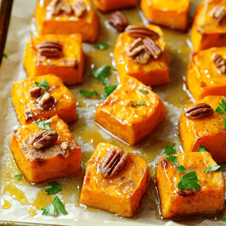 - 4 medium sweet potatoes, peeled and cubed - 3 tablespoons maple syrup - 2 tablespoons olive oil - 1 teaspoon ground cinnamon - 1/2 teaspoon nutmeg - Salt to taste - 1/4 cup pecans, chopped (optional) - Fresh parsley for garnish (optional) Using fresh, quality ingredients is key for flavor. Sweet potatoes add natural sweetness and creaminess. Maple syrup enhances this with rich, caramel notes. The olive oil helps the sweet potatoes roast nicely and adds a smooth taste. Ground cinnamon and nutmeg bring warmth and depth. You can adjust spices to match your taste. Adding salt balances the sweetness, making the dish more complex. Chopped pecans provide a delightful crunch. They add texture and a nutty flavor. If you want a pop of color, use fresh parsley as a garnish. It makes the dish look vibrant and fresh. For the full recipe, check out the detailed instructions in the Full Recipe section. First, preheat your oven to 400°F (200°C). This step is key to getting that sweet potato crisp. Next, line a baking sheet with parchment paper. This helps with cleanup and keeps the sweet potatoes from sticking. In a large mixing bowl, combine the sweet potatoes, olive oil, maple syrup, ground cinnamon, nutmeg, and salt. Stir well to coat each piece of sweet potato. The mix of flavors will create a wonderful taste. The sweetness of the maple syrup pairs perfectly with the warm spices. Now, spread the sweet potatoes in a single layer on your baking sheet. Make sure they have space around them. This helps them roast evenly. Place the sheet in the oven and roast for 25-30 minutes. Halfway through, turn the sweet potatoes to ensure even cooking. When done, they should be tender and caramelized. If you like a crunch, add chopped pecans during the last 5 minutes. For a pop of color, garnish with fresh parsley before serving. Enjoy this sweet and savory dish! For the complete recipe, check the section above. To get the best flavor from your sweet potatoes, avoid overcrowding the baking sheet. If you pile them on top of each other, they will steam instead of roast. Aim for a single layer to let them brown nicely. Turning the sweet potatoes halfway through cooking is key. This step helps them cook evenly and caramelize on all sides. Use a spatula to flip them gently. You can boost the flavor by using different spices or herbs. Try adding ginger or a pinch of cayenne for heat. Rosemary or thyme also adds a nice touch to the sweet, rich taste. For a crunchy element, consider adding nuts. Chopped pecans work great. They add texture and a delightful contrast to the soft sweet potatoes. Stir them in during the last five minutes of roasting for the best results. Garnishing with fresh parsley makes your dish pop. The green color contrasts beautifully with the orange sweet potatoes. It also adds a fresh taste. When serving, consider placing the sweet potatoes in a colorful bowl. This makes them look inviting. Pair them with a protein like roasted chicken or grilled fish for a balanced meal. For extra flair, drizzle a little more maple syrup on top before serving. For the full recipe, check out the steps above to create this tasty dish! {{image_2}} You can switch things up with honey in place of maple syrup. Honey adds a nice sweetness too. If you like, try using different nuts or seeds. Almonds or walnuts can add a great crunch. You might also enjoy sunflower seeds for a nut-free option. An air fryer works wonders for these sweet potatoes. Just toss them in the air fryer basket. Cook at 400°F (200°C) for about 20 minutes. Shake the basket halfway through for even cooking. You can also make these on the stovetop. Start by boiling the sweet potatoes in water. Once they are tender, drain and let them cool. Next, sauté the sweet potatoes in olive oil with spices until golden brown. For gluten-free variations, this recipe is already safe. All the ingredients are naturally gluten-free. Just check your labels to be sure. If you want vegan options, you’re in luck! This recipe fits perfectly. The maple syrup and olive oil are plant-based. You can enjoy these sweet potatoes without worry. To keep your maple cinnamon roasted sweet potatoes fresh, store them in an airtight container. Make sure they cool to room temperature first. Place them in the fridge right away. They can stay good for up to four days. When you want to eat them, simply reheat in the oven or microwave. Freezing roasted sweet potatoes is easy. First, let them cool completely. Next, spread them out on a baking sheet and freeze for about an hour. Once frozen, transfer them to a freezer-safe bag. Be sure to remove as much air as possible. For reheating frozen portions, you can bake them at 375°F (190°C) for about 20 minutes. This will help them regain their nice texture. Alternatively, you can microwave them. Just add a splash of water to keep them moist. In the fridge, roasted sweet potatoes last about four days. If you freeze them, they can last up to three months. Always check for signs of spoilage before eating. If they look or smell off, it’s best to toss them. Keeping track of storage time helps you enjoy your sweet potatoes at their best! To make maple cinnamon roasted sweet potatoes, follow these easy steps. First, preheat your oven to 400°F (200°C). Line a baking sheet with parchment paper for easy cleanup. Then, peel and cube 4 medium sweet potatoes. In a large bowl, mix the cubed sweet potatoes with 3 tablespoons of maple syrup, 2 tablespoons of olive oil, 1 teaspoon of ground cinnamon, 1/2 teaspoon of nutmeg, and salt to taste. Toss everything well so the sweet potatoes get coated. Next, spread the sweet potatoes in a single layer on the baking sheet. Roast them for 25-30 minutes, turning halfway through for even cooking. For added crunch, include 1/4 cup of chopped pecans in the last 5 minutes. Remove from the oven and garnish with fresh parsley if you like. Serve warm for the best flavor. For the full details, check the Full Recipe. Yes, you can swap sweet potatoes for other veggies. Carrots or butternut squash work well. Both can take on the sweet and spicy flavors of maple and cinnamon. If you want something different, try parsnips or even beets. Each has its own unique taste but pairs nicely with maple syrup. Just remember to adjust cooking times since some veggies may cook faster or slower than sweet potatoes. Maple cinnamon roasted sweet potatoes shine alongside many dishes. They pair nicely with roasted chicken or pork chops. The sweetness balances the savory notes of the meat. For a vegetarian meal, serve them with quinoa or a mixed greens salad. Add a tangy dressing to brighten the flavors. You can also complement them with other roasted vegetables for a colorful side dish. Enjoy mixing them with your favorite flavors! In this article, I shared a tasty recipe for maple cinnamon roasted sweet potatoes. You learned about the key ingredients, simple steps, and helpful tips. I also covered variations to make it your own and how to store leftovers. These sweet potatoes bring joy to any meal. Try using different spices or cooking methods to find your favorite. Enjoy your delicious creation and share it with friends and family for more fun!