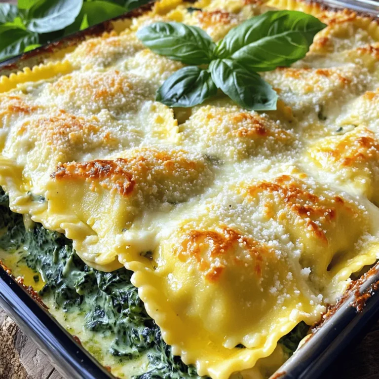 To make this creamy spinach ravioli bake, gather the following ingredients: - 1 package (9 oz) fresh or frozen cheese ravioli - 2 cups fresh spinach, chopped - 1 clove garlic, minced - 1 cup ricotta cheese - 1 cup heavy cream - 1 cup shredded mozzarella cheese - ½ cup grated Parmesan cheese - 1 teaspoon Italian seasoning - Salt and pepper to taste - Olive oil, for sautéing - Fresh basil leaves, for garnish These ingredients come together to create a rich and tasty dish. The combination of cheeses adds creaminess, while the spinach gives it a fresh taste. You can customize this dish with a few optional ingredients. Consider adding: - Cooked chicken for protein - Mushrooms for extra texture - A splash of lemon juice for brightness If you want to make it lighter, substitute low-fat cream for heavy cream. You can also use cottage cheese instead of ricotta. To prepare your creamy spinach ravioli bake, you will need: - A large skillet for sautéing - A mixing bowl for combining ingredients - A greased baking dish for layering - Aluminum foil to cover the dish while baking These tools make the cooking process easier and help you achieve a perfect bake. You can find the full recipe for this delightful dish in the recipe section above. Start by heating your oven to 375°F (190°C). This is the perfect temperature for baking. Next, grab a large skillet and add a splash of olive oil. Heat it over medium. Once hot, toss in one clove of minced garlic. Sauté it for about one minute until you smell that great garlic aroma. Then, add two cups of chopped spinach to the skillet. Cook it until it wilts, which takes about 2-3 minutes. Don’t forget to sprinkle some salt and pepper in there. Once it's done, take it off the heat and set it aside. In a mixing bowl, combine one cup of ricotta cheese, one cup of heavy cream, and one teaspoon of Italian seasoning. Add half of the shredded mozzarella cheese and mix well. Then, fold in the sautéed spinach and garlic. This mixture will make your bake creamy and rich. Now, let’s layer the dish. In a greased baking dish, place half of the package of ravioli at the bottom. Pour half of your creamy spinach mixture over the ravioli. Sprinkle half of the Parmesan cheese on top. Repeat these layers with the remaining ravioli, creamy mixture, and finish with the rest of the mozzarella and Parmesan. Cover your baking dish with aluminum foil. This helps to keep moisture in while baking. Place it in the oven and bake for 25 minutes. After this time, carefully remove the foil. Bake for an additional 15 minutes. You want the cheese on top to be bubbly and golden brown. To recap, your total baking time is 40 minutes. Start with 25 minutes covered, then 15 minutes uncovered. Keep an eye on it, as ovens can vary. The goal is that perfect, bubbly cheese and a warm, creamy interior. Once done, let it cool for a few minutes before serving. Enjoy your Creamy Spinach Ravioli Bake! For full instructions, check the Full Recipe. To get the best creamy sauce, use full-fat ricotta cheese. It gives a rich taste. Mix it well with heavy cream until smooth. This way, your sauce will be thick and creamy. Add a pinch of salt and pepper for balance. Italian seasoning adds a nice touch too. To keep ravioli from getting mushy, cook them just right. Start with boiling water. Add the ravioli and cook for 3 to 4 minutes. They should float to the top when done. Drain them gently to avoid breaking. You can toss them with a bit of olive oil to prevent sticking. For a deeper taste, consider these easy tweaks. Add sautéed mushrooms or sun-dried tomatoes to your filling. You can also mix in some fresh herbs like thyme or oregano. A splash of white wine in the sauce can elevate the flavor too. Finally, sprinkle extra Parmesan cheese on top before baking for a savory crust. For the full recipe, check the details above. {{image_2}} You can easily make this dish vegetarian or vegan. To keep it vegetarian, swap the cheese ravioli for a vegetarian option. Use plant-based cheese for a vegan twist. Replace ricotta with tofu blended with lemon juice. This adds creaminess without dairy. For the cream, you can use coconut milk or cashew cream. These alternatives keep the dish rich and flavorful. If you want more protein, add cooked chicken or sausage. Shredded rotisserie chicken works well. For sausage, choose a mild Italian variety for extra flavor. Cook it first, then mix it with the spinach and creamy sauce. This makes the dish heartier and more filling, perfect for those hungry nights. Cheese lovers can experiment with different types of cheese. Try goat cheese or feta for a tangy twist. For a smoky flavor, add smoked mozzarella. You can also switch up the sauce. Instead of heavy cream, use a white wine sauce or a pesto cream. Each choice brings a new taste to your creamy spinach ravioli bake, making it fun to explore. For the full recipe, check the details above. To keep your creamy spinach ravioli bake fresh, cool it to room temperature. Then, place it in an airtight container. The leftovers will stay good in the fridge for up to three days. Make sure to cover it well to avoid drying out. When you’re ready to enjoy leftovers, heat them up gently. Use an oven set to 350°F (175°C) for the best results. Cover the dish with foil to keep the moisture in. Bake for about 20 minutes. This way, the cheese will melt nicely, and you won't dry out the dish. If you want to freeze the bake, let it cool completely first. Use a freezer-safe container or wrap it tightly in plastic wrap. It can stay in the freezer for up to two months. When you're ready to eat, thaw it in the fridge overnight, then reheat as mentioned above. This makes for a quick and tasty meal later on. For the full recipe, check out the main article. To make ravioli from scratch, you need flour, eggs, and water. Start by mixing flour and eggs in a bowl. Knead the dough until it's smooth. Roll it out thinly and cut into squares. Place a spoonful of filling on one square. Top it with another square and seal the edges. Cook in boiling water for about 3-4 minutes. Making ravioli can be fun and rewarding. Yes, you can use frozen spinach. It saves time and is easy to find. Just thaw it first and drain the excess water. This keeps the dish from getting too watery. Frozen spinach is often picked at peak freshness, so it tastes great. It works well in the creamy sauce for the ravioli bake. You can add many herbs to boost flavor. Basil, thyme, or parsley work well. Oregano adds a nice Italian touch. Fresh herbs give a bright taste, while dried herbs are strong. Try mixing them into the ricotta for extra depth. Experiment and find your favorite combinations. For more ideas, check out the Full Recipe. In this post, we explored the creamy spinach ravioli bake. We covered ingredients, helpful tools, and step-by-step cooking instructions. I shared tips to enhance flavor and variations to suit different tastes. You can store leftovers easily and enjoy them later. This dish is simple yet satisfying. Now, you can create a delightful meal for yourself or loved ones. Enjoy cooking and experimenting with this recipe!