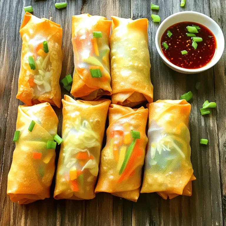 To make crispy vegetable spring rolls, you need a few fresh ingredients. Here’s a list: - 1 cup cabbage, finely shredded - 1 carrot, julienned - 1 bell pepper (any color), julienned - 1 cup bean sprouts - 2 green onions, finely chopped - 1 clove garlic, minced - 1 teaspoon ginger, grated - 1 tablespoon soy sauce - 1 teaspoon sesame oil - 10-12 spring roll wrappers - Vegetable oil for frying - Salt and pepper to taste Choosing fresh ingredients is key for great taste. Look for vibrant colors in your veggies. The cabbage should feel crisp and firm. Fresh carrots are bright and firm too. Bell peppers should have smooth skin. Avoid any that are wrinkled or soft. For the garlic and ginger, choose firm roots with no dark spots. Fresh herbs can also add a nice touch. Quality ingredients make your spring rolls taste even better. You can add optional ingredients for more flavor. Try adding: - Mushrooms for an earthy taste - Spinach for extra greens - Fresh herbs like cilantro or mint - A splash of lime juice for brightness - Chopped chili for spice These extras can enhance the taste and make your spring rolls unique. Mix and match to find your favorite combination! Start by gathering your ingredients. You will need cabbage, carrots, bell peppers, bean sprouts, green onions, garlic, ginger, soy sauce, and sesame oil. Slice all your veggies into small pieces. This helps them cook evenly. In a large bowl, mix the shredded cabbage, julienned carrot, bell pepper, bean sprouts, and chopped green onions. Add the minced garlic and grated ginger. Drizzle the soy sauce and sesame oil over the filling. Season with salt and pepper. Mix everything well until it’s nicely combined. This veggie mix is full of flavor and crunch. Now, it's time to roll! Take a spring roll wrapper and lay it flat on a clean surface. Point one corner toward you. Spoon about 2 tablespoons of your vegetable filling onto the wrapper, about 2 inches from the corner. Fold the corner over the filling. Next, fold in the sides. Roll the wrapper tightly away from you. Use a bit of water on the edge to seal it if needed. Repeat this for all the wrappers. Make sure each spring roll is sealed well so they don’t open while cooking. For crispy spring rolls, proper frying is key. Heat vegetable oil in a large frying pan or deep skillet over medium-high heat. You need enough oil to cover the rolls. Once the oil is hot, carefully add a few spring rolls. Don’t crowd the pan; this helps them fry evenly. Fry each side for about 3-4 minutes until golden brown. Use a slotted spoon to take them out. Place the cooked spring rolls on a paper towel to drain excess oil. Enjoy your crispy spring rolls hot, paired with sweet chili sauce or soy sauce for dipping. To make your spring rolls crispy, use the right oil. Vegetable oil works great. Heat the oil to the right temperature before frying. If it’s too cold, the rolls will soak up oil. If it’s too hot, they will burn. Aim for a temperature around 350°F. Fry in small batches to avoid crowding. This ensures even cooking and crispiness. Once golden brown, place them on paper towels to absorb extra oil. One common mistake is using too much filling. Overstuffed rolls can burst open while frying. It's best to use about two tablespoons of filling per roll. Another error is not sealing the edges well. Use water to help the wrapper stick. Lastly, skip the flour or cornstarch for dusting your surface. It can cause the rolls to stick, making it hard to roll them up tightly. Serve your crispy vegetable spring rolls with a side of sweet chili sauce or soy sauce. These dips add a nice kick and enhance the flavor. You can also add a fresh salad on the side. A simple salad with cucumber and carrots works well. It adds a refreshing crunch. If you want something extra, use a sprinkle of sesame seeds on top. This adds a nice touch and makes your dish look great! For more ideas, check out the Full Recipe. {{image_2}} You can change the veggies in your spring rolls. Try using spinach, mushrooms, or zucchini. These add new flavors and textures. You can also add herbs like basil or cilantro. They give a fresh taste that brightens the rolls. For a protein boost, add tofu or chicken to your filling. Tofu is a great choice for a vegetarian option. Just cube it and fry it lightly before mixing. If you prefer chicken, cook and shred it first. This adds heartiness to your rolls and makes them more filling. If you love heat, add chili paste or slices of jalapeño to your mix. This gives your spring rolls a spicy kick. You can also use chili oil while frying for extra flavor. Experiment with sauces like sriracha or hoisin for dipping. These add layers of taste that make each bite exciting. For the full recipe, check out the [Full Recipe]. To store leftover spring rolls, place them in an airtight container. Make sure they are completely cool before sealing the container. This helps keep them fresh. Store them in the fridge. They can last up to three days. If you want to enjoy them later, consider freezing. Reheating spring rolls can be tricky. You want them crispy, not soggy. The best way is to use an oven or air fryer. Preheat your oven to 375°F (190°C). Place the rolls on a baking sheet. Heat for about 10 minutes, turning halfway. In an air fryer, set it to 350°F (175°C) and heat for about 5-7 minutes. This keeps them crispy. To freeze spring rolls, wrap them tightly in plastic wrap. Then, place them in a freezer bag. Make sure to remove as much air as possible from the bag. They can stay frozen for up to three months. When ready to eat, thaw them in the fridge overnight before reheating. Enjoy your crispy vegetable spring rolls later with full flavors! For the detailed process, check out the Full Recipe. To make crispy vegetable spring rolls, gather your ingredients first. You need cabbage, carrots, bell pepper, bean sprouts, green onions, garlic, ginger, soy sauce, sesame oil, spring roll wrappers, and oil for frying. 1. Mix the filling: In a bowl, combine the cabbage, carrots, bell pepper, bean sprouts, green onions, garlic, and ginger. 2. Season: Add soy sauce and sesame oil. Stir well. 3. Roll the spring rolls: Place a spring roll wrapper on a flat surface. Put about 2 tablespoons of the filling on it. Fold the bottom corner over the filling, then fold in the sides, and roll tightly. 4. Fry: Heat oil in a pan. Fry the rolls until golden and crispy, about 3-4 minutes per side. You can dip spring rolls in many tasty sauces. Sweet chili sauce is a popular choice. Soy sauce also works well. For a kick, try sriracha or a spicy peanut dip. Each dip adds a new flavor to your rolls. Yes, you can bake spring rolls! Preheat your oven to 400°F (200°C). Brush the rolls with oil. Place them on a baking sheet. Bake for about 20-25 minutes or until they are golden and crispy. Baking is a healthier option than frying. You can find crispy vegetable spring rolls in many grocery stores. Check the frozen food aisle for pre-made options. Asian markets often have fresh spring rolls. Restaurants that serve Asian cuisine usually offer them as appetizers. You can easily customize your spring rolls. Add your favorite veggies, like zucchini or mushrooms. For protein, include tofu, shrimp, or chicken. Spices like chili flakes or herbs can also enhance the flavor. Get creative and make it your own! For more details on making these delicious rolls, check out the Full Recipe. In this blog post, we explored the key ingredients for making spring rolls, focusing on freshness and quality. You learned step-by-step how to prepare the filling, roll the spring rolls, and fry them for a crispy finish. I shared tips to avoid common mistakes and suggested various serving options. We also discussed delicious variations, storage tips, and answered common questions. In closing, making spring rolls is fun and rewarding. With the right ingredients and techniques, you will enjoy tasty snacks that everyone loves. Try it out!