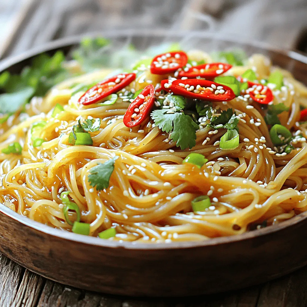 To make the best spicy garlic noodles, you need a few key ingredients: - 8 oz. stir-fry noodles (like egg or rice noodles) - 4 tablespoons vegetable oil - 6 cloves garlic, minced - 1-2 red chilies, sliced (adjust to taste) - 2 tablespoons soy sauce - 1 tablespoon sesame oil - 1 tablespoon sriracha (or more for extra heat) - 1 teaspoon sugar - 2 green onions, finely chopped - 1 tablespoon chopped fresh cilantro (optional) - Sesame seeds for garnish These ingredients create a rich and spicy flavor that is hard to resist. The garlic gives a nice aroma, while the chilies add heat. The sauces blend together for a tasty coating on the noodles. You can easily customize your spicy garlic noodles. Here are some optional ingredients to consider: - Vegetables like bell peppers or broccoli for crunch - Proteins such as chicken, shrimp, or tofu for more substance - Lime juice for a fresh zing - Peanut butter for a creamy twist Feel free to mix and match these ingredients to suit your taste. This recipe adapts well to different preferences and dietary needs. Using quality ingredients makes a big difference. Here are some brands I trust for this recipe: - Noodles: Annie Chun's or House Foods for reliable stir-fry noodles - Soy Sauce: Kikkoman or Bragg's for a rich flavor - Sriracha: Huy Fong Foods for authentic heat - Sesame Oil: Kadoya for a nice nutty taste These brands enhance the dish’s flavor and quality. Using good ingredients ensures your spicy garlic noodles taste amazing. For the full recipe, check out the detailed instructions. First, take 8 oz. of stir-fry noodles, like egg or rice noodles. Bring a pot of water to a boil. Cook the noodles for about 4-6 minutes. Make sure they are al dente, so they stay firm. Drain the noodles and set them aside. This step is key for a great texture in your dish. In a large skillet or wok, pour in 4 tablespoons of vegetable oil. Heat it over medium heat. Add 6 minced garlic cloves and 1-2 sliced red chilies. Sauté these for 1-2 minutes until you smell that wonderful garlic fragrance. Be careful not to burn the garlic, as it can turn bitter. Next, mix in 2 tablespoons of soy sauce, 1 tablespoon of sesame oil, 1 tablespoon of sriracha, and 1 teaspoon of sugar. Stir well and let the sauce simmer for about a minute. This allows the flavors to come together nicely. Now it’s time to bring it all together. Add the cooked noodles to the skillet with the sauce. Toss the noodles to coat them evenly in the sauce. Stir-fry for an additional 2-3 minutes until everything is heated through. Remove from heat and stir in 2 finely chopped green onions. Serve hot, and feel free to garnish with fresh cilantro and sesame seeds. This will make your dish not just tasty but also visually appealing. Enjoy your Spicy Garlic Noodles! For the complete process, check the Full Recipe. To get that great garlic taste, use fresh garlic. Fresh garlic has a strong flavor. Mince the garlic finely for even more taste. Heat it gently in oil. This way, it gets soft and fragrant. Don’t let it burn, or it will taste bitter. Sauté it for just 1-2 minutes until it turns golden. This is when the magic happens! Spice is fun but can be too much. Start with one red chili. Taste the dish as you cook. If you like more heat, add another chili or more sriracha. Everyone’s taste is different, so feel free to adjust. You can even skip the chilies if you want a milder dish. When stir-frying, keep the heat high. This helps the noodles cook quickly and evenly. Make sure to toss the noodles often. This keeps them from sticking together. If they do stick, a splash of water can help. Always use a large skillet or wok. This gives you room to move the noodles around easily. Follow these tips, and your noodles will be perfect every time! For a complete guide, check out the Full Recipe. {{image_2}} You can easily make this dish vegetarian-friendly. Simply skip any meat and focus on veggies. Add colorful bell peppers, broccoli, or snap peas for crunch and flavor. You can also substitute regular noodles with whole grain or gluten-free noodles. This change keeps the meal light and healthy. To make these noodles vegan, replace the egg noodles with rice noodles. Always check the soy sauce; choose a brand without animal products. You can also add tofu for protein. Firm tofu works best. Just cube it and pan-fry until golden. This method adds a nice texture and flavor. Adding protein turns this dish into a hearty meal. For tofu, follow the vegan method. For chicken, sauté bite-sized pieces until cooked through before adding garlic. Shrimp cooks fast, so toss it in at the same time as the noodles. Just watch it turn pink; this means it’s ready. Each protein adds its flavor, making the dish even better. For the full recipe, check out the entire guide to Spicy Garlic Noodles. After enjoying your Spicy Garlic Noodles, store any leftovers. Place them in an airtight container. This keeps the flavors fresh. You can keep them in the fridge for up to three days. Make sure to cool them down before sealing. This helps prevent condensation and sogginess. When you’re ready to eat them again, reheating is key. The best way is to use a skillet. Heat a bit of oil over medium heat. Add the noodles, stirring them gently. This brings back their texture and flavor. If you prefer, you can also microwave them. Just add a small splash of water and cover the bowl. Heat in short bursts until warm. Stir in between to heat evenly. If you want to save some for later, freezing is an option. Let the noodles cool completely, then place them in a freezer-safe bag. Squeeze out as much air as you can. This prevents freezer burn. You can freeze them for up to three months. When you’re ready to eat, thaw them in the fridge overnight. Reheat as mentioned above for the best taste. For the full recipe, check the complete guide above. You can use many types of noodles for this dish. I often use stir-fry noodles like egg or rice noodles. They cook fast and soak up the sauce well. You can also try udon or soba noodles for a different bite. Just make sure to follow the cooking time on the package. It’s key to get them just right. To tone down the heat, you can reduce the number of red chilies. Use only one chili instead of two. You can also skip sriracha or use a milder sauce. Adding more sugar balances the heat nicely. Another trick is to mix in extra noodles or vegetables. This spreads out the spice, making it more mild. Yes, you can make these noodles ahead of time. Cook them and let them cool. Store in an airtight container in the fridge. They will last for about three days. When you're ready to eat, just reheat them in a skillet. Add a splash of water or oil to avoid sticking. This way, you can enjoy a quick meal anytime. For the full recipe, check out the section above. Spicy garlic noodles are a tasty dish you can make at home. We covered key ingredients, preparation steps, and ways to customize your meal. I shared tips on getting the best garlic flavor and adjusting spice levels. You can even explore vegetarian and vegan options or add protein. Proper storage helps keep leftovers fresh. With this guide, you'll have everything needed to enjoy delicious noodles anytime. Get cooking, and enjoy the process!