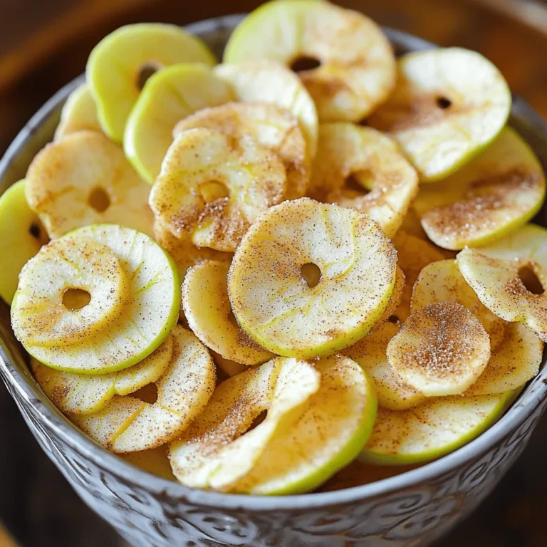 - Apples: You need 3 medium-sized apples. I like using Fuji or Honeycrisp for their sweet flavor and crisp texture. These apples dry well and taste great as chips. - Coconut Sugar: This sugar adds a mild caramel flavor. You can swap it for brown sugar if you prefer. Both options work well in this recipe. - Lemon Juice: This ingredient helps keep the apples from turning brown. It also adds a nice zing that brightens the flavor. - Sea Salt: Just a pinch of sea salt enhances the sweetness of the apples. It balances the flavors perfectly. Using these simple ingredients, you can make a tasty snack. You can find the full recipe mentioned earlier for more details. First, preheat your oven to 200°F (95°C). Line two baking sheets with parchment paper. This step helps your apple chips bake evenly and prevents sticking. Next, wash and dry your apples. I like to use Fuji or Honeycrisp for their sweetness. After that, core the apples and slice them into thin rings, about 1/8 inch thick. A mandoline works wonders here. It makes your slices uniform, which is key for even baking. Now it's time to mix some flavors! In a large mixing bowl, toss the apple slices with 1 teaspoon of lemon juice. This step stops the apples from browning. It adds a nice flavor too. In another bowl, combine 2 teaspoons of ground cinnamon, 1 tablespoon of coconut sugar, and a pinch of sea salt. This cinnamon-sugar mix gives your apple chips that sweet, spicy kick. Arrange the apple slices in a single layer on your baking sheets. Make sure they don’t overlap. This helps them become crispy. Bake your apple slices for about 2 hours. Flip them halfway through to ensure even crispness. Keep a close eye on them so they don’t burn. Once they look dried and crispy, take them out of the oven. Let them cool on the baking sheets for a few minutes. After cooling, store your apple chips in an airtight container at room temperature. They should stay fresh for up to a week. Follow the [Full Recipe] for exact measurements and more details! To get those perfect, crunchy apple chips, watch your baking time closely. Bake at 200°F for about two hours. Flip the slices halfway to promote even drying. Start checking them after 90 minutes. They should look dry and crisp. To achieve even drying, slice your apples uniformly. A mandoline works best for this. Ensure the slices are about 1/8 inch thick. This thickness helps them cook evenly. Also, spread the apple slices in a single layer on your baking sheets. Avoid overlapping. This will help air circulate around each slice. Want to jazz up your apple chips? Try adding other spices! Nutmeg and cardamom can bring warm flavors. You can mix in these spices with your cinnamon-sugar blend. If you want a different sweetness, think about using maple syrup. Just drizzle a little on the apple slices before baking. This adds a nice touch and a unique flavor. Get creative with how you serve your apple chips! You can present them in a lovely bowl or on a snack platter. Pair them with nut butter or yogurt for dipping. This adds a fun twist to your snack. For a special touch, sprinkle some extra cinnamon on top before serving. It not only looks nice but also boosts the flavor. Enjoy your crispy, homemade snack! For the full recipe, check out the [Full Recipe]. {{image_2}} You can change the taste of your apple chips with just a few tweaks. One fun idea is to add pumpkin spice for fall. This spice blend gives your chips a warm, cozy flavor. Just mix in a teaspoon of pumpkin spice with your cinnamon-sugar mix. You can also try infusing your apple chips with vanilla or almond extracts. This adds a lovely aroma and taste. Just a few drops in the lemon juice mixture can transform your chips into a delightful treat. Using a dehydrator is a great way to make apple chips. First, slice your apples as you would for baking. Then, place the slices in a single layer on the dehydrator trays. Set the temperature to 135°F (57°C) for about six to eight hours. Dehydrating has some big advantages over baking. It helps preserve more nutrients and can give you a crunchier texture. Plus, you don’t need to monitor them as closely as in the oven. Different apples can change the taste of your chips. I recommend using Fuji or Honeycrisp apples. They have the right balance of sweet and tart. But feel free to try Granny Smith or Gala apples for a different flavor. You can also adjust the sweetness or spice levels to fit your taste. If you like it sweeter, add more coconut sugar. For a spicier kick, increase the cinnamon or add some nutmeg. Personalize your apple chips to make them just right for you! To keep your apple chips crispy, store them in an airtight container. This prevents moisture from getting in and ruining their crunch. Glass jars or plastic containers work well. Make sure the chips are completely cool before sealing the container. If you stack them, add parchment paper between layers to avoid sticking. At room temperature, your apple chips can stay fresh for about a week. If you want to keep them longer, consider freezing them. Place the cooled chips in a freezer-safe bag. They can last for up to three months in the freezer. Just remember to let them thaw at room temperature before enjoying. You can tell if your apple chips are no longer good by checking for a few signs. If they feel soft or chewy, they have absorbed moisture. If you see any mold or unusual spots, it’s best to toss them out. Lastly, if they smell off or stale, don’t eat them. Always trust your senses when it comes to food freshness. I suggest using Fuji or Honeycrisp apples for the best flavor. These apples are sweet and crisp. They hold their shape well during baking. Other good options are Granny Smith or Gala apples. Granny Smith adds a nice tartness, while Gala is sweet and tender. Always choose fresh apples for the best results. Yes, you can! A dehydrator is a great choice for making apple chips. It allows for low, even heat. This method keeps the apples crispy without baking. An air fryer works too; it can make them crisp in less time. Just set it to a low temperature and check them often. Lemon juice is a common method, but there are others. Soaking apple slices in a saltwater solution also helps. Rinse the slices after soaking to remove excess salt. You can also use a mixture of vinegar and water. This adds flavor and keeps the color bright. Lastly, try adding cinnamon right after slicing; it works wonders! In this blog post, we explored how to make delicious homemade apple chips. We covered the key ingredients, including the best types of apples and sweeteners. I shared step-by-step instructions for preparing and baking the apples to crisp perfection. We also looked at tips for enhancing flavors and creative serving ideas. Finally, I discussed variations and the best ways to store your chips. Making these apple chips is simple and fun, and they offer a tasty, healthy snack option. Enjoy your crispy creations with family and friends!