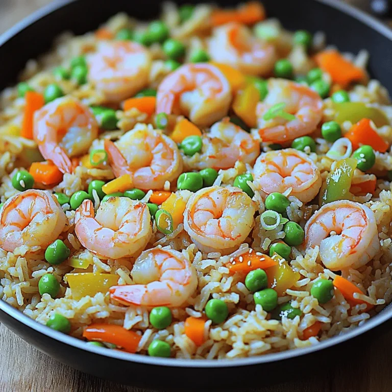 - 1 cup uncooked jasmine rice - 1 pound shrimp, peeled and deveined - 2 tablespoons vegetable oil - 2 cloves garlic, minced - 1 cup mixed vegetables (peas, carrots, bell peppers) - 3 tablespoons soy sauce - 1 tablespoon sesame oil - Green onions, sliced (for garnish) In this recipe, I use jasmine rice for its soft texture and great flavor. The shrimp adds protein and a touch of sweetness. Vegetable oil helps to fry everything nicely and keeps it from sticking. Garlic gives a wonderful aroma and taste. Mixed vegetables add color and crunch. Soy sauce provides that savory umami flavor. If you like, you can use sesame oil for a nutty twist, and green onions make a fresh garnish. This easy shrimp fried rice recipe is perfect for busy nights. You can find the full recipe details to make your cooking even easier. - Rinse the jasmine rice until water runs clear. This helps remove excess starch. - Cook rice with water or low-sodium chicken broth. This adds great flavor to the rice. - Heat vegetable oil in a large skillet over medium-high heat. This is where the magic starts. - Sauté minced garlic and chopped onion until fragrant and soft. It takes about 2-3 minutes. - Add the shrimp to the skillet. Cook until they turn pink and opaque, about 2-3 minutes. This step locks in flavor. - Add mixed vegetables to the skillet. Cook them until tender, which should take another 2-3 minutes. - Push the veggies to one side of the skillet. Pour in the beaten eggs on the other side and scramble them. - Mix in the cooled rice along with the shrimp. Stir everything together for a perfect blend. - Drizzle soy sauce and sesame oil over the mixture. Stir well to combine and season with salt and pepper. Cook for 2-3 minutes until heated through. - Garnish with sliced green onions before serving. This adds a nice, fresh touch. For the full details, check the Full Recipe. Enjoy your quick and tasty meal! To cook rice perfectly, start with rinsing jasmine rice. Rinse until the water runs clear. This step removes extra starch and helps prevent clumping. Use a pot with a tight lid. Combine 1 cup of rinsed rice with 2 cups of water or low-sodium chicken broth. Bring it to a boil, then lower the heat and cover. Let it simmer for about 15 minutes. Fluff the rice with a fork and let it cool before mixing. For frying, I recommend vegetable oil for its high smoke point. You can also use peanut oil for a nutty flavor. Both oils work well for high heat cooking. Using fresh ingredients adds vibrant taste and texture. Fresh shrimp gives a juicy bite, while fresh veggies bring color. Frozen ingredients are okay but may lack the same crunch. If you use frozen, thaw and drain them well before cooking. Adjust the soy sauce based on your taste. Start with 3 tablespoons and taste as you go. If you like it saltier, add more. For a milder flavor, try low-sodium soy sauce or tamari. High heat is key for great fried rice. It helps achieve that perfect crispy texture. Heat your pan before adding oil. Once the oil shimmers, add garlic and onion. This step ensures they are fragrant and cooked well. Cook the shrimp first, then set it aside. Next, add the veggies. This cooking order keeps everything fresh and flavorful. Finally, mix everything together at high heat. This method ensures every bite is delicious. {{image_2}} You can swap out shrimp for chicken or tofu. Chicken gives a hearty taste. Just cook it until golden brown. Tofu adds a nice texture and can soak up all the flavors. For a vegetarian version, skip the eggs. You can still enjoy a tasty meal. Feel free to customize with your favorite vegetables. Peas and carrots work well. Bell peppers add a nice crunch. You can also add broccoli or corn. If you like heat, toss in some chili peppers or a splash of sriracha. These spicy additions will kick up the flavor. Try different sauces to enhance the taste. Sweet soy sauce adds a fun twist. You can also use oyster sauce for more depth. If you need gluten-free options, use tamari instead of regular soy sauce. It tastes great and keeps the dish safe for everyone. Don’t forget to check out the Full Recipe for more ideas! To keep your shrimp fried rice fresh, store it in the refrigerator. Use an airtight container to prevent moisture loss. Make sure it cools down before sealing the container. This helps avoid soggy rice. You can store it for up to four days. If you want to freeze it, let the fried rice cool completely. Then, place it in a freezer-safe bag or container. Remove as much air as possible to prevent freezer burn. It can last for about three months in the freezer. Reheating fried rice can be tricky. You want to keep it tasty and not mushy. The best method is to use a skillet. Heat a little oil over medium heat. Add the fried rice and stir it gently. This warms it through without losing its texture. You can also use the microwave. Place the rice in a bowl and cover it with a damp paper towel. Heat it in 30-second bursts, stirring in between. This method helps keep the rice moist. Shrimp fried rice is best enjoyed fresh. However, when stored properly, it can last. In the fridge, it stays good for about four days. Keep an eye out for signs that it has gone bad. If it smells sour or has strange colors, it is time to throw it away. Always trust your nose and eyes when it comes to food safety. To make shrimp fried rice from scratch, follow these key steps: 1. Rinse the rice until the water is clear. This removes extra starch. 2. Cook the rice using water or chicken broth. This adds flavor. 3. Heat vegetable oil in a large skillet. Sauté garlic and onion until soft. 4. Add shrimp to the skillet. Cook until they turn pink. 5. Stir in mixed vegetables and cook until tender. 6. Push everything to one side and scramble eggs on the other side. 7. Mix in the cooled rice with the shrimp and veggies. 8. Drizzle soy sauce and sesame oil over the mix. 9. Stir well and season with salt and pepper to taste. This method makes a tasty and quick meal. You can find the full recipe above for more details. The best rice for fried rice is jasmine rice. Here’s why: - Texture: Jasmine rice has a light, fluffy texture. This helps it separate easily when frying. - Flavor: It has a subtle floral aroma that enhances the dish. - Comparison: Long-grain rice works too, but it may not have the same flavor. Short-grain rice can be sticky, which isn't ideal for fried rice. Using jasmine rice gives your dish the best taste and texture. Yes, you can make shrimp fried rice ahead of time. Here are some tips: - Prep in Advance: Cook the rice a day before. Cool it and store it in the fridge. - Store Properly: Keep cooked shrimp and veggies separate until you are ready to fry them. - Reheat with Care: When you are ready to serve, use a hot skillet. This helps bring back the texture. Making this dish ahead of time can save you cooking time later! Shrimp fried rice is simple and tasty. We covered key ingredients, step-by-step instructions, and helpful tips. You can use different proteins or veggies to change things up. Storing and reheating is easy with the right methods. With this guide, you can make perfect shrimp fried rice at home. Enjoy personalizing it to fit your taste. Cook it well, and it’ll be a hit every time!