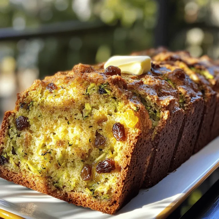 - Zucchini and Raisin Essentials - 2 cups grated zucchini - 1 cup raisins Zucchini adds moisture and a soft texture to the bread. Raisins bring sweetness and chewiness. Using fresh, firm zucchini makes the best bread. - Sweeteners and Fats - 1 cup granulated sugar - 1/2 cup packed brown sugar - 1/2 cup vegetable oil - 3 large eggs - 2 teaspoons vanilla extract Granulated sugar gives a crisp crust. Brown sugar adds depth and moisture. Vegetable oil keeps the bread soft. Eggs bind the ingredients and add richness. - Dry Ingredients Overview - 2 cups all-purpose flour - 1 teaspoon baking soda - 1/2 teaspoon baking powder - 1 teaspoon ground cinnamon - 1/2 teaspoon ground nutmeg - 1/4 teaspoon salt Flour provides structure. Baking soda and powder help the bread rise. Cinnamon and nutmeg add warmth and flavor. Salt balances the sweetness. - Optional Add-ins (Nuts, Spices) - 1/2 cup chopped walnuts (optional) Nuts add crunch and a nutty flavor. You can also add spices like ginger or cloves for a twist. Check out the Full Recipe for exact measurements and instructions! Preheating the Oven and Preparing the Pan First, preheat your oven to 350°F (175°C). This step is key for even baking. While the oven heats, grease and flour a 9x5-inch loaf pan. This helps the bread release easily after baking. Mixing Wet Ingredients In a large bowl, combine the grated zucchini, granulated sugar, brown sugar, vegetable oil, eggs, and vanilla extract. Use a whisk or spoon to mix until everything is well blended. This creates a moist base for your bread. Combining Dry Ingredients In another bowl, whisk together the flour, baking soda, baking powder, cinnamon, nutmeg, and salt. This mixture adds structure and flavor to your bread. Make sure there are no lumps. Final Batter Preparation Gradually add the dry ingredients to the wet mixture. Stir gently until just combined. It's important not to overmix. This keeps the bread light and fluffy. Fold in the raisins and walnuts if you choose to use them. This adds texture and sweetness. Pouring Batter into the Pan Carefully pour the batter into your prepared loaf pan. Use a spatula to smooth the top. This helps the bread bake evenly and look nice. Baking Duration and Temperature Place the pan in the preheated oven. Bake for 50-60 minutes. The bread is ready when a toothpick inserted in the center comes out clean. Checking for Doneness To check if your bread is done, look for a golden-brown color on top. If the toothpick has wet batter, bake for a few more minutes. Let it bake fully for the best taste. You can find the full recipe above for more details on this delightful zucchini raisin bread! - Ensuring Moisture with Grated Zucchini Grated zucchini adds moisture to your bread. Use a box grater or food processor to shred it finely. Before adding it to the mix, squeeze out excess water. This step keeps your bread from being too wet or soggy. - Avoiding Overmixing When mixing the wet and dry ingredients, stir just until combined. Overmixing makes the bread tough. It’s okay if some lumps remain. This helps keep the bread light and fluffy. - Proper Cooling Techniques After baking, let the bread cool in the pan for about 10 minutes. This helps it firm up. Then transfer it to a wire rack. Cooling it completely helps avoid sogginess and allows the flavors to settle. - Ideal Pairings and Presentation Ideas Serve slices warm with butter or cream cheese. For a special touch, sprinkle cinnamon on top. You can also pair it with a hot cup of tea or coffee. This makes for a cozy snack or breakfast. - Storage Tips for Maximum Freshness Store leftover bread in an airtight container at room temperature. This keeps it soft for several days. For longer storage, wrap it in plastic wrap and freeze. When you want to eat it, thaw it at room temperature. Enjoy fresh slices whenever you like! For the complete recipe, refer to the Full Recipe section above. {{image_2}} You can make your zucchini raisin bread even better with simple tweaks. Adding spices beyond cinnamon and nutmeg works wonders. Try ginger or allspice for a warm, fragrant touch. A pinch of cardamom also brings a lovely depth. Incorporating other fruits or nuts boosts flavor and texture. Chopped apples or crushed pineapple add sweetness and moisture. You can swap raisins for dried cranberries for a tart burst. If you prefer nuts, walnuts or pecans lend a delightful crunch. If you're looking for vegan substitutions, replace eggs with flaxseed meal or applesauce. Use a plant-based oil too. Almond or coconut milk can replace regular milk if you choose to add some. Using whole wheat flour is a smart swap. It adds fiber and nutrients while keeping the bread moist. You can use half all-purpose and half whole wheat flour for a balanced taste. Reducing sugar content is another way to make this bread healthier. You can cut the granulated sugar by a third. The zucchini adds natural sweetness, so you won’t miss much. Using ripe bananas or unsweetened applesauce can also help cut sugar while adding flavor. For the full recipe, check out the section above! To keep your zucchini raisin bread fresh, store it at room temperature. Wrap it in plastic wrap or place it in an airtight container. This helps keep the bread moist and flavorful. Enjoy it within a few days for the best taste. If you want to keep it longer, consider refrigerating it. But remember, the cold may change the texture slightly. If you want to save your zucchini raisin bread for later, freezing is a great option. First, let the bread cool completely after baking. Then, wrap it tightly in plastic wrap, followed by aluminum foil. This dual layer helps prevent freezer burn. You can freeze it for up to three months. To thaw your bread, simply remove it from the freezer. Leave it wrapped at room temperature for a few hours. When it's soft, you can slice it. If you want it warm, pop a slice in the toaster. This makes a delicious treat. Don't forget, you can use the [Full Recipe] to make more for your freezing needs! Can I use frozen zucchini in this recipe? Yes, you can use frozen zucchini. Just thaw it first and drain any extra water. This helps keep your bread moist. Frozen zucchini works well in baked goods. It still adds great flavor and texture. How can I make this recipe gluten-free? To make this recipe gluten-free, swap the all-purpose flour for gluten-free flour. Many brands offer blends that work well in baking. Just ensure they contain xanthan gum or add it separately. This helps with the bread's structure and texture. What are the nutritional benefits of zucchini in baking? Zucchini is low in calories and high in fiber. It adds moisture to your bread without extra fat. Zucchini also contains vitamins A and C, which are good for your health. Plus, it has antioxidants. These benefits make zucchini a smart choice for baking. For the complete recipe, take a look at the Full Recipe section. In this post, we explored the step-by-step process of making delicious zucchini raisin bread. We discussed essential ingredients, baking tips, and storage methods. You learned how to mix wet and dry components effectively and check for perfect doneness. Remember, don’t skip on the grated zucchini for moisture, and feel free to add your favorite nuts or spices. Whether you enjoy it fresh or stored, this bread is sure to please. Happy baking!