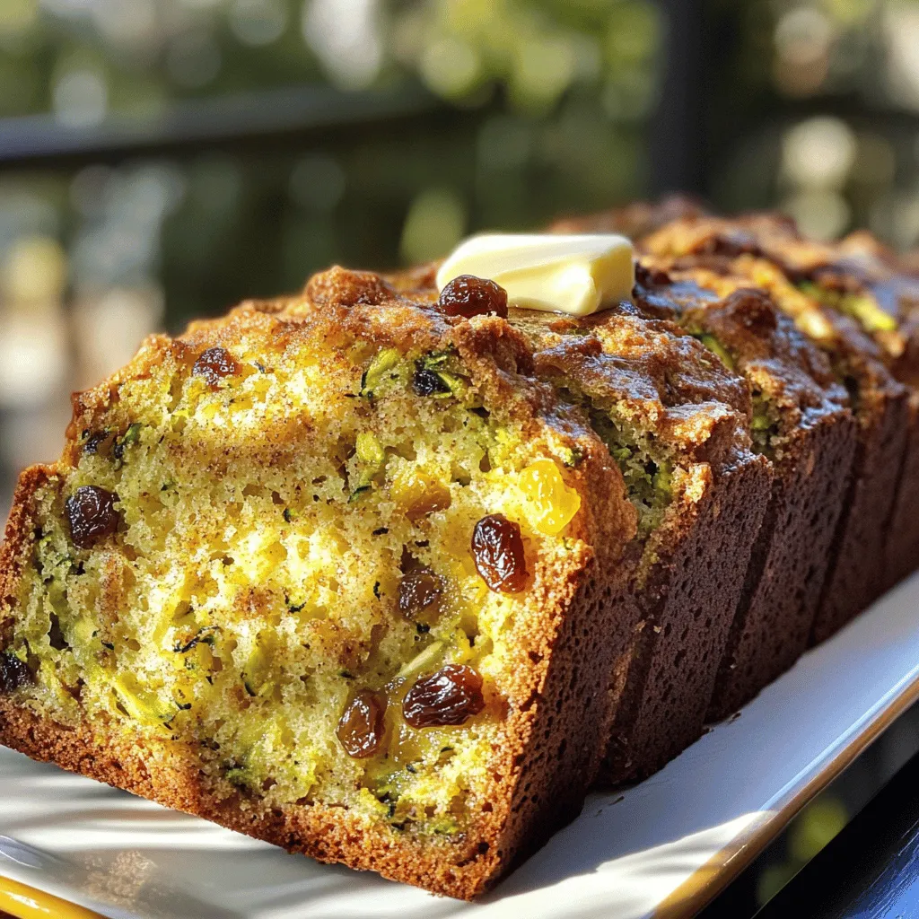 - Zucchini and Raisin Essentials - 2 cups grated zucchini - 1 cup raisins Zucchini adds moisture and a soft texture to the bread. Raisins bring sweetness and chewiness. Using fresh, firm zucchini makes the best bread. - Sweeteners and Fats - 1 cup granulated sugar - 1/2 cup packed brown sugar - 1/2 cup vegetable oil - 3 large eggs - 2 teaspoons vanilla extract Granulated sugar gives a crisp crust. Brown sugar adds depth and moisture. Vegetable oil keeps the bread soft. Eggs bind the ingredients and add richness. - Dry Ingredients Overview - 2 cups all-purpose flour - 1 teaspoon baking soda - 1/2 teaspoon baking powder - 1 teaspoon ground cinnamon - 1/2 teaspoon ground nutmeg - 1/4 teaspoon salt Flour provides structure. Baking soda and powder help the bread rise. Cinnamon and nutmeg add warmth and flavor. Salt balances the sweetness. - Optional Add-ins (Nuts, Spices) - 1/2 cup chopped walnuts (optional) Nuts add crunch and a nutty flavor. You can also add spices like ginger or cloves for a twist. Check out the Full Recipe for exact measurements and instructions! Preheating the Oven and Preparing the Pan First, preheat your oven to 350°F (175°C). This step is key for even baking. While the oven heats, grease and flour a 9x5-inch loaf pan. This helps the bread release easily after baking. Mixing Wet Ingredients In a large bowl, combine the grated zucchini, granulated sugar, brown sugar, vegetable oil, eggs, and vanilla extract. Use a whisk or spoon to mix until everything is well blended. This creates a moist base for your bread. Combining Dry Ingredients In another bowl, whisk together the flour, baking soda, baking powder, cinnamon, nutmeg, and salt. This mixture adds structure and flavor to your bread. Make sure there are no lumps. Final Batter Preparation Gradually add the dry ingredients to the wet mixture. Stir gently until just combined. It's important not to overmix. This keeps the bread light and fluffy. Fold in the raisins and walnuts if you choose to use them. This adds texture and sweetness. Pouring Batter into the Pan Carefully pour the batter into your prepared loaf pan. Use a spatula to smooth the top. This helps the bread bake evenly and look nice. Baking Duration and Temperature Place the pan in the preheated oven. Bake for 50-60 minutes. The bread is ready when a toothpick inserted in the center comes out clean. Checking for Doneness To check if your bread is done, look for a golden-brown color on top. If the toothpick has wet batter, bake for a few more minutes. Let it bake fully for the best taste. You can find the full recipe above for more details on this delightful zucchini raisin bread! - Ensuring Moisture with Grated Zucchini Grated zucchini adds moisture to your bread. Use a box grater or food processor to shred it finely. Before adding it to the mix, squeeze out excess water. This step keeps your bread from being too wet or soggy. - Avoiding Overmixing When mixing the wet and dry ingredients, stir just until combined. Overmixing makes the bread tough. It’s okay if some lumps remain. This helps keep the bread light and fluffy. - Proper Cooling Techniques After baking, let the bread cool in the pan for about 10 minutes. This helps it firm up. Then transfer it to a wire rack. Cooling it completely helps avoid sogginess and allows the flavors to settle. - Ideal Pairings and Presentation Ideas Serve slices warm with butter or cream cheese. For a special touch, sprinkle cinnamon on top. You can also pair it with a hot cup of tea or coffee. This makes for a cozy snack or breakfast. - Storage Tips for Maximum Freshness Store leftover bread in an airtight container at room temperature. This keeps it soft for several days. For longer storage, wrap it in plastic wrap and freeze. When you want to eat it, thaw it at room temperature. Enjoy fresh slices whenever you like! For the complete recipe, refer to the Full Recipe section above. {{image_2}} You can make your zucchini raisin bread even better with simple tweaks. Adding spices beyond cinnamon and nutmeg works wonders. Try ginger or allspice for a warm, fragrant touch. A pinch of cardamom also brings a lovely depth. Incorporating other fruits or nuts boosts flavor and texture. Chopped apples or crushed pineapple add sweetness and moisture. You can swap raisins for dried cranberries for a tart burst. If you prefer nuts, walnuts or pecans lend a delightful crunch. If you're looking for vegan substitutions, replace eggs with flaxseed meal or applesauce. Use a plant-based oil too. Almond or coconut milk can replace regular milk if you choose to add some. Using whole wheat flour is a smart swap. It adds fiber and nutrients while keeping the bread moist. You can use half all-purpose and half whole wheat flour for a balanced taste. Reducing sugar content is another way to make this bread healthier. You can cut the granulated sugar by a third. The zucchini adds natural sweetness, so you won’t miss much. Using ripe bananas or unsweetened applesauce can also help cut sugar while adding flavor. For the full recipe, check out the section above! To keep your zucchini raisin bread fresh, store it at room temperature. Wrap it in plastic wrap or place it in an airtight container. This helps keep the bread moist and flavorful. Enjoy it within a few days for the best taste. If you want to keep it longer, consider refrigerating it. But remember, the cold may change the texture slightly. If you want to save your zucchini raisin bread for later, freezing is a great option. First, let the bread cool completely after baking. Then, wrap it tightly in plastic wrap, followed by aluminum foil. This dual layer helps prevent freezer burn. You can freeze it for up to three months. To thaw your bread, simply remove it from the freezer. Leave it wrapped at room temperature for a few hours. When it's soft, you can slice it. If you want it warm, pop a slice in the toaster. This makes a delicious treat. Don't forget, you can use the [Full Recipe] to make more for your freezing needs! Can I use frozen zucchini in this recipe? Yes, you can use frozen zucchini. Just thaw it first and drain any extra water. This helps keep your bread moist. Frozen zucchini works well in baked goods. It still adds great flavor and texture. How can I make this recipe gluten-free? To make this recipe gluten-free, swap the all-purpose flour for gluten-free flour. Many brands offer blends that work well in baking. Just ensure they contain xanthan gum or add it separately. This helps with the bread's structure and texture. What are the nutritional benefits of zucchini in baking? Zucchini is low in calories and high in fiber. It adds moisture to your bread without extra fat. Zucchini also contains vitamins A and C, which are good for your health. Plus, it has antioxidants. These benefits make zucchini a smart choice for baking. For the complete recipe, take a look at the Full Recipe section. In this post, we explored the step-by-step process of making delicious zucchini raisin bread. We discussed essential ingredients, baking tips, and storage methods. You learned how to mix wet and dry components effectively and check for perfect doneness. Remember, don’t skip on the grated zucchini for moisture, and feel free to add your favorite nuts or spices. Whether you enjoy it fresh or stored, this bread is sure to please. Happy baking!