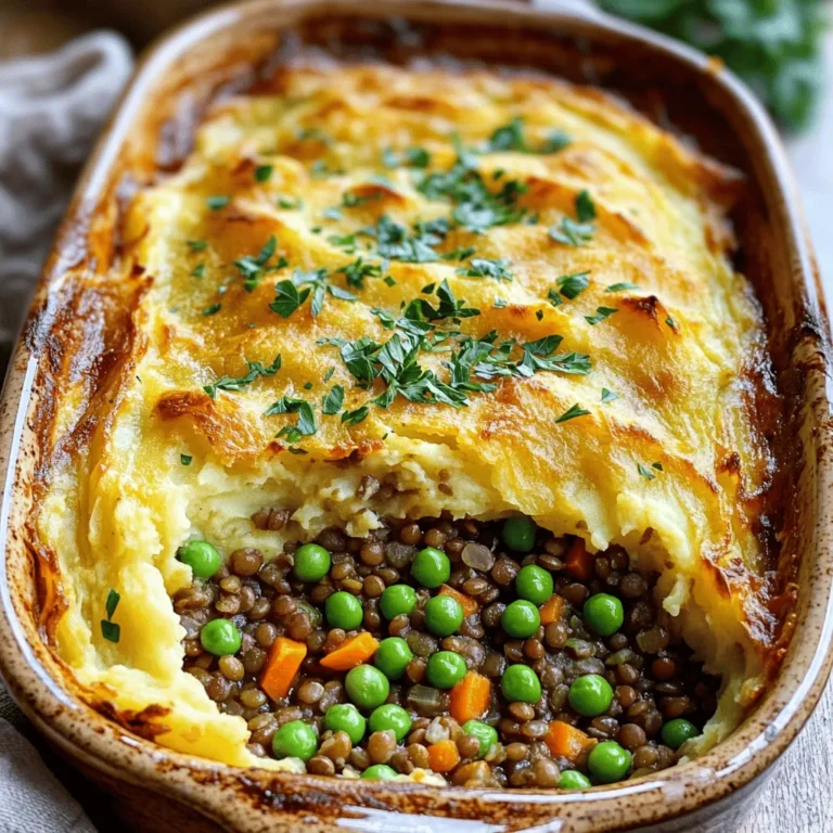 - 1 cup green or brown lentils - 3 cups vegetable broth - 1 medium onion, diced - 2 cloves garlic, minced - 2 medium carrots, diced - 2 celery stalks, diced - 1 cup peas (fresh or frozen) - 2 tablespoons tomato paste - 1 tablespoon soy sauce or tamari - 4 large potatoes, peeled and chopped - 1/4 cup unsweetened plant-based milk (almond or soy) - 2 tablespoons vegan butter or olive oil - Salt and pepper to taste I love using lentils in this shepherd's pie. They are hearty and full of protein. You can use either green or brown lentils. Both work well. Vegetable broth adds rich flavor. Make sure you choose a good quality broth. The onion and garlic bring warmth and depth. Dicing them finely helps them cook evenly. For vegetables, I choose carrots and celery. They add color and crunch. Peas are a must for sweetness. I often use frozen peas, as they are easy and tasty. Tomato paste gives a nice base for the filling. Soy sauce or tamari adds umami. You can adjust these to your taste. For the topping, I use large potatoes. They mash up creamy and smooth. Adding plant-based milk and vegan butter gives richness. Don’t forget to season with salt and pepper. This recipe is simple yet flavorful. You can find the full recipe in the article. Enjoy the process of creating this warm dish! - Step 1: Cook the lentils in vegetable broth. In a pot, mix 1 cup of rinsed lentils with 3 cups of vegetable broth. Bring this to a boil. Then reduce the heat and simmer for about 20-25 minutes. The lentils should be soft. Drain any extra liquid and set the lentils aside. - Step 2: Drain and set aside. After cooking, make sure to remove any excess broth. This keeps the mixture from being too watery later on. - Step 3: Sauté onion and garlic. In a large skillet, add a drizzle of olive oil. Heat it over medium heat. Add the diced onion and cook until it becomes soft and translucent, which takes about 5 minutes. - Step 4: Add carrots, celery, and cook until tender. Next, stir in the minced garlic, diced carrots, and diced celery. Cook for another 5-7 minutes until the veggies are tender. - Step 5: Incorporate lentils and seasonings. Add the cooked lentils, along with peas, tomato paste, soy sauce, thyme, rosemary, salt, and pepper. Mix everything well and let it simmer for about 5 minutes. This helps the flavors blend nicely. - Step 6: Boil potatoes until fork-tender. In a large pot, boil the chopped potatoes in salted water for about 15-20 minutes. They should be soft enough to pierce with a fork. - Step 7: Mash with plant-based milk and butter. Drain the potatoes and return them to the pot. Use a masher to mix in 1/4 cup of plant-based milk and 2 tablespoons of vegan butter. Mash until creamy and smooth. Add salt and pepper to taste. - Step 8: Preheat the oven. Set your oven to 375°F (190°C) while you prepare the dish. - Step 9: Layer lentil mixture and mashed potatoes. In a baking dish, spoon the lentil mixture evenly across the bottom. Then, spread the creamy mashed potatoes on top, covering the filling entirely. - Step 10: Create texture and bake. Use a fork to create little peaks on the mashed potatoes. This will help them get crispy in the oven. Bake the shepherd's pie for 25-30 minutes, or until the top is golden brown. Now, you have a hearty Vegan Lentil Shepherd's Pie that is flavorful and simple to make! For the full recipe, check out the recipe section. To make perfect mashed potatoes for your shepherd's pie, start with starchy potatoes. Russets or Yukon Golds work best. Boil the potatoes in salted water until they are fork-tender, about 15-20 minutes. Drain them well to remove excess water. Then, mash the potatoes with plant-based milk and vegan butter. Keep mashing until smooth and creamy. Season with salt and pepper to taste. For cooking lentils to the right texture, rinse them first. Use green or brown lentils for this pie. Boil them in vegetable broth. Simmer for 20-25 minutes until they are tender but not mushy. Drain any extra liquid, and they are ready to mix with your veggies. Garnish your shepherd's pie with fresh parsley right before serving. This adds color and a fresh taste. You can also create a rustic look by using a fork to texture the mashed potatoes. This will help them crisp up nicely in the oven. For side dishes, consider a mixed green salad or roasted vegetables. These light sides balance the hearty nature of the pie. You can add a simple vinaigrette or lemon dressing to the salad for a refreshing touch. To boost the flavor, think about adding herbs like fresh parsley or basil to the lentil mix. You can also try adding a pinch of smoked paprika for a warm, smoky flavor. If you want to switch up the toppings, use mashed cauliflower or sweet potatoes. Both offer a different taste and texture, making your dish unique. Another option is to sprinkle nutritional yeast on top for a cheesy flavor without dairy. {{image_2}} You can easily swap lentils for other fun ingredients. Chickpeas work well for a nutty flavor. Mushrooms add a rich taste and texture. Try using a mix of both for a hearty bite. You can change up the veggies too. Think about adding bell peppers for sweetness. Zucchini can bring a nice texture, and spinach adds a pop of color. Use what you have on hand for a unique twist. If you need gluten-free options, try tamari instead of soy sauce. It gives a great taste without gluten. You can also use coconut aminos for a sweeter option. For nut-free choices, check your sauces. Some brands add nuts. Make sure your plant-based milk is nut-free too. Soy milk or oat milk works great as a substitute. Want to spice things up? Add chili powder or hot sauce for heat. Start small, then add more to taste. You can create a fun kick without overpowering the dish. To give it a Mediterranean vibe, use herbs like oregano or basil. These herbs add a fresh flair. Mix in sun-dried tomatoes for a tangy bite that complements the lentils. For the full recipe, check out the detailed instructions above. To store your Vegan Lentil Shepherd’s Pie, let it cool first. This keeps the dish fresh. Place it in an airtight container. Glass or plastic containers work well. Make sure the lid fits snugly. Your pie will stay good for about 3 to 5 days in the fridge. To freeze the shepherd's pie, first, let it cool completely. Then, wrap it tightly in plastic wrap or foil. You can also use a freezer-safe container. Label it with the date. This way, you won't forget what it is. To thaw, put it in the fridge overnight. Reheat it in the oven at 350°F (175°C) until it is warm all the way through. In the fridge, your shepherd's pie lasts for about 3 to 5 days. In the freezer, it can last up to 3 months. If you see any mold or it smells off, it’s best to discard it. Always trust your senses to know if it's still good. To make this vegan lentil shepherd's pie gluten-free, simply replace the soy sauce with tamari. Tamari is a gluten-free soy sauce alternative. Always check labels to ensure your vegetable broth is gluten-free as well. Yes, you can use canned lentils instead of dried. Just rinse them well and skip the cooking step. Canned lentils save time and still provide great flavor and texture. If you want to replace potatoes, consider cauliflower or sweet potatoes. Cauliflower makes a lighter topping, while sweet potatoes add a hint of sweetness. Both options create a creamy texture when mashed. To reheat leftovers, use a microwave or oven covered with foil. This keeps moisture in. If using a microwave, heat in short bursts to avoid overcooking. Add a splash of vegetable broth if it seems dry. Absolutely! This recipe is great for meal prep. You can store the pie in the fridge for up to four days. It also freezes well, making it a perfect make-ahead meal. This vegan lentil shepherd's pie is packed with nutrients. Lentils are high in protein and fiber, which helps you feel full. The vegetables provide vitamins and minerals, while potatoes offer carbs for energy. Enjoy a hearty meal that is good for you! This shepherd's pie recipe combines nutritious lentils and savory vegetables for a hearty meal. You learned to make the perfect mashed potato topping and how to season each layer. Remember to store your leftovers properly, so they stay fresh for later. You can also customize this dish with fun variations and flavors. Enjoy creating this simple, tasty meal that everyone will love. Get cooking and savor each bite of your delicious shepherd's pie!
