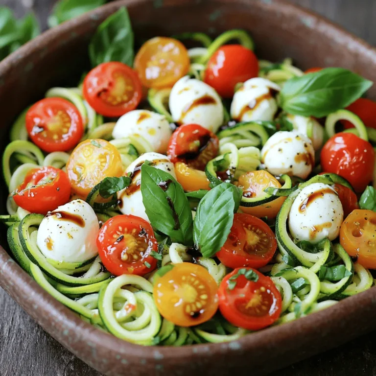 - Zucchini - Cherry tomatoes - Fresh basil leaves Zucchini is the star of this dish. We use two medium zucchinis. Spiralize them to make fun, noodle-like strands. Cherry tomatoes add a burst of sweetness. Halve one cup of them for the salad. Fresh basil leaves give a lovely aroma and taste. Tear a quarter cup to sprinkle on top. - Fresh mozzarella balls Fresh mozzarella balls are creamy and rich. Use one cup, halved. They pair well with the other flavors. - Balsamic vinegar - Olive oil - Salt and pepper - Optional: Pesto For the dressing, mix two tablespoons of balsamic vinegar and one tablespoon of olive oil. Add salt and pepper to taste. This will bring all the ingredients together. If you want more flavor, you can add one tablespoon of pesto on top. For the full recipe, check the details above. How do I spiralize zucchini for noodles? To spiralize zucchini, use a spiralizer. Cut off the ends of the zucchini. Place it in the spiralizer and twist. You will get long, noodle-like strands. If you don’t have a spiralizer, you can use a vegetable peeler. Just peel the zucchini into thin strips until you reach the seeds. What are alternative methods for creating zucchini noodles? You can also slice zucchini thinly with a knife. This creates flat noodles. Another option is using a box grater. Grate the zucchini into long shreds. Each method gives a different shape, but all taste great. How do I mix fresh ingredients? In a large bowl, add the spiralized zucchini. Next, add the halved cherry tomatoes and fresh mozzarella balls. Tear the basil leaves and add them too. Stir gently to mix the ingredients. How do I add dressing? In a small bowl, whisk the balsamic vinegar and olive oil together. Add salt and pepper to taste. Then, pour the dressing over the salad. Toss gently to coat all the ingredients evenly. If you like, drizzle pesto on top for extra flavor. What are the best practices for serving immediately? Serve the salad right after mixing. This keeps the zucchini fresh and crunchy. It’s best enjoyed cold and bright. How do I allow flavors to meld? If you want the flavors to blend more, let the salad sit for 10-15 minutes. This resting time helps the zucchini absorb the dressing. However, don't wait too long, or the noodles may become watery. For the full recipe, check out the complete details above. To make great zucchini noodles, start by choosing firm zucchinis. Avoid any with soft spots. After spiralizing, lay the noodles on a towel. This helps to soak up excess water. You can also sprinkle them with salt. Let them sit for about 10 minutes, then pat them dry. This method keeps your salad from getting soggy. For seasoning, keep it simple. A light sprinkle of salt and pepper enhances the flavor without overpowering the dish. You can add a splash of lemon juice for a fresh kick. Just remember, don't over-salt—the mozzarella adds its own saltiness. For the best taste, use fresh herbs. Fresh basil gives a bright, aromatic touch. You can also try adding fresh oregano or thyme. These herbs bring out the flavors of the tomatoes and cheese. If you only have dried herbs, use them sparingly. Dried herbs are stronger, so a little goes a long way. Balsamic vinegar and olive oil make a perfect dressing. They add depth and richness to your salad. If you want more flavor, consider a drizzle of pesto. It adds a nice herbal note and creamy texture. Presentation is key to making your salad look appetizing. Use a large bowl to mix your salad. This gives it a casual, family-style feel. When serving, try to layer the ingredients. Start with zucchini noodles, then add tomatoes and mozzarella. Top with torn basil for a pop of color. For garnishing, you can add a few whole basil leaves or a sprinkle of pine nuts. This adds texture and visual appeal. Serve the salad in individual bowls for a nice touch. Don't forget to drizzle any leftover dressing on top for extra flavor. {{image_2}} You can make your Zucchini Noodle Caprese Salad even better by adding other veggies. Try bell peppers, cucumbers, or carrots for extra crunch. These add color and flavor to your dish. If you want to add protein, consider grilled chicken, shrimp, or chickpeas. These options boost the meal's nutrition and make it more filling. Just toss them in with the salad for a complete meal. The dressing makes a big difference in flavor. You can explore different vinaigrettes to change it up. A lemon vinaigrette or a red wine vinaigrette can add a fresh twist. If you love creamy dressings, try a yogurt-based dressing or a ranch. These options add a rich taste that pairs well with the salad. Making this salad vegan is easy. Simply leave out the mozzarella or use a plant-based cheese instead. This keeps the dish tasty while meeting vegan needs. For those avoiding gluten, this salad is naturally gluten-free. Just ensure any added ingredients, like dressings, are gluten-free too. This way, everyone can enjoy your delicious creation! To keep your Zucchini Noodle Caprese Salad fresh, place leftovers in an airtight container. Store it in the fridge within two hours of making it. It stays good for about three days. After that, the zucchini may become too soft and watery. I recommend enjoying this salad cold. If you prefer it warm, heat it gently on low in a pan. Avoid the microwave, as it can make the noodles mushy. Serve it fresh from the fridge or let it sit for a bit at room temperature. This way, you'll keep the flavors bright and fresh. You can freeze zucchini noodles, but the texture may change. If you plan to freeze them, do it before mixing with other ingredients. Place the noodles in a freezer bag, removing as much air as possible. They can last up to three months. When you’re ready to use them, thaw in the fridge overnight and enjoy. Zucchini noodles, or "zoodles," are a fun alternative to pasta. Unlike traditional pasta, which is made from wheat, zucchini noodles come from fresh zucchinis. They are lower in carbs and calories, making them a great choice for health-conscious eaters. Zoodles have a mild taste, allowing them to soak up flavors from sauces and dressings well. They are also quick to prepare and add a fresh crunch to dishes like Zucchini Noodle Caprese Salad. No spiralizer? No problem! You can create zucchini noodles with a few simple tools. Use a vegetable peeler to slice thin strips of zucchini. You can also use a box grater to shred the zucchini into noodle-like pieces. Another option is to cut the zucchini into thin, flat slices and then cut those slices into strips. Each method will give you a fun noodle shape for your salad. Absolutely! While I love fresh mozzarella in my Zucchini Noodle Caprese Salad, you can switch it up. Try using feta for a tangy kick or goat cheese for creaminess. If you prefer something stronger, aged Parmesan works well, too. Each cheese brings a unique flavor to the dish, so feel free to experiment and find your favorite. To prep this salad in advance, spiralize the zucchini and store it in an airtight container. Keep the other ingredients separate until you're ready to serve. Cherry tomatoes, mozzarella, and basil can stay fresh for a couple of days. Just add the dressing right before serving to keep the noodles crisp. This way, you can enjoy a fresh salad any time! Zucchini Noodle Caprese Salad is packed with nutrients. Zucchini is low in calories and rich in vitamins. Cherry tomatoes offer antioxidants, while fresh mozzarella gives you protein and calcium. This salad is also full of healthy fats from olive oil and basil. Overall, it’s a tasty way to enjoy a healthy meal without feeling guilty. For the full recipe, check out the details above. Zucchini Noodle Caprese Salad offers a fresh twist on a classic dish. You learned about key ingredients like fresh zucchini, cheese, and delicious dressings. I explained how to spiralize zucchini and mix your salad perfectly. Remember, you can customize it with other veggies or dressings. Use these tips to avoid watery noodles and create stunning presentations. Whether you enjoy it fresh or store leftovers, this salad is versatile and healthy. Explore new variations to suit your taste and dietary needs. Enjoy making this simple, tasty dish that brightens any meal!