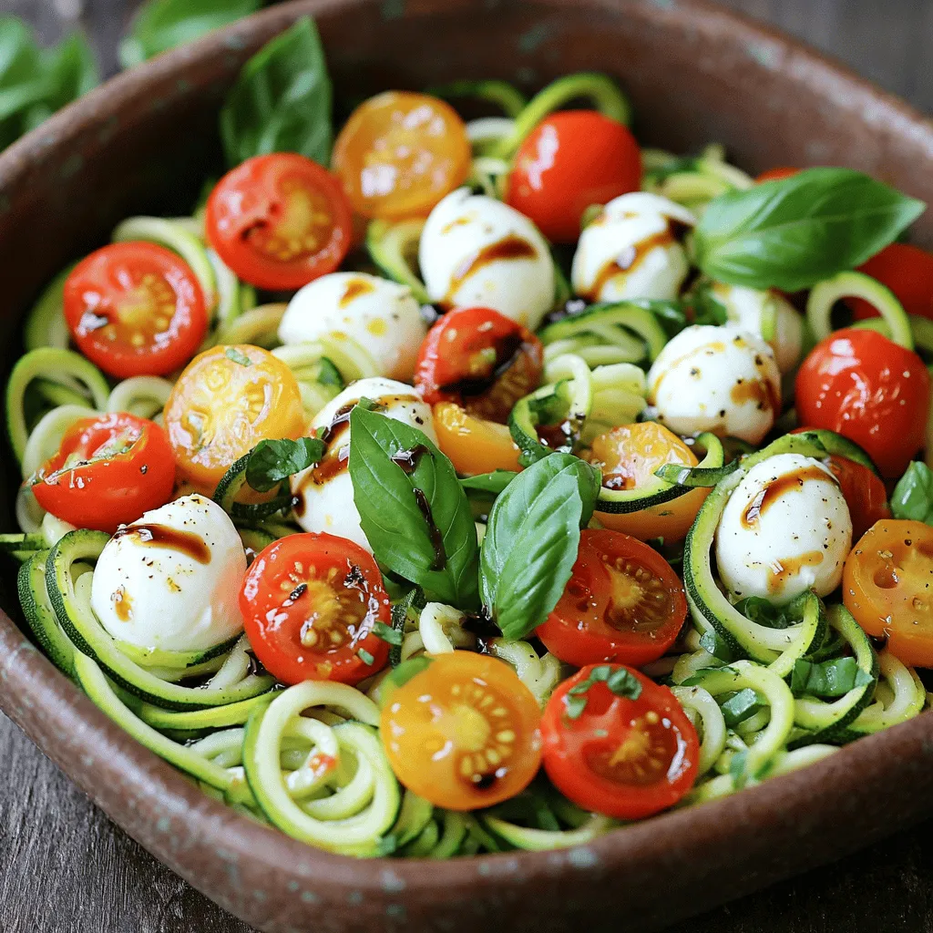 - Zucchini - Cherry tomatoes - Fresh basil leaves Zucchini is the star of this dish. We use two medium zucchinis. Spiralize them to make fun, noodle-like strands. Cherry tomatoes add a burst of sweetness. Halve one cup of them for the salad. Fresh basil leaves give a lovely aroma and taste. Tear a quarter cup to sprinkle on top. - Fresh mozzarella balls Fresh mozzarella balls are creamy and rich. Use one cup, halved. They pair well with the other flavors. - Balsamic vinegar - Olive oil - Salt and pepper - Optional: Pesto For the dressing, mix two tablespoons of balsamic vinegar and one tablespoon of olive oil. Add salt and pepper to taste. This will bring all the ingredients together. If you want more flavor, you can add one tablespoon of pesto on top. For the full recipe, check the details above. How do I spiralize zucchini for noodles? To spiralize zucchini, use a spiralizer. Cut off the ends of the zucchini. Place it in the spiralizer and twist. You will get long, noodle-like strands. If you don’t have a spiralizer, you can use a vegetable peeler. Just peel the zucchini into thin strips until you reach the seeds. What are alternative methods for creating zucchini noodles? You can also slice zucchini thinly with a knife. This creates flat noodles. Another option is using a box grater. Grate the zucchini into long shreds. Each method gives a different shape, but all taste great. How do I mix fresh ingredients? In a large bowl, add the spiralized zucchini. Next, add the halved cherry tomatoes and fresh mozzarella balls. Tear the basil leaves and add them too. Stir gently to mix the ingredients. How do I add dressing? In a small bowl, whisk the balsamic vinegar and olive oil together. Add salt and pepper to taste. Then, pour the dressing over the salad. Toss gently to coat all the ingredients evenly. If you like, drizzle pesto on top for extra flavor. What are the best practices for serving immediately? Serve the salad right after mixing. This keeps the zucchini fresh and crunchy. It’s best enjoyed cold and bright. How do I allow flavors to meld? If you want the flavors to blend more, let the salad sit for 10-15 minutes. This resting time helps the zucchini absorb the dressing. However, don't wait too long, or the noodles may become watery. For the full recipe, check out the complete details above. To make great zucchini noodles, start by choosing firm zucchinis. Avoid any with soft spots. After spiralizing, lay the noodles on a towel. This helps to soak up excess water. You can also sprinkle them with salt. Let them sit for about 10 minutes, then pat them dry. This method keeps your salad from getting soggy. For seasoning, keep it simple. A light sprinkle of salt and pepper enhances the flavor without overpowering the dish. You can add a splash of lemon juice for a fresh kick. Just remember, don't over-salt—the mozzarella adds its own saltiness. For the best taste, use fresh herbs. Fresh basil gives a bright, aromatic touch. You can also try adding fresh oregano or thyme. These herbs bring out the flavors of the tomatoes and cheese. If you only have dried herbs, use them sparingly. Dried herbs are stronger, so a little goes a long way. Balsamic vinegar and olive oil make a perfect dressing. They add depth and richness to your salad. If you want more flavor, consider a drizzle of pesto. It adds a nice herbal note and creamy texture. Presentation is key to making your salad look appetizing. Use a large bowl to mix your salad. This gives it a casual, family-style feel. When serving, try to layer the ingredients. Start with zucchini noodles, then add tomatoes and mozzarella. Top with torn basil for a pop of color. For garnishing, you can add a few whole basil leaves or a sprinkle of pine nuts. This adds texture and visual appeal. Serve the salad in individual bowls for a nice touch. Don't forget to drizzle any leftover dressing on top for extra flavor. {{image_2}} You can make your Zucchini Noodle Caprese Salad even better by adding other veggies. Try bell peppers, cucumbers, or carrots for extra crunch. These add color and flavor to your dish. If you want to add protein, consider grilled chicken, shrimp, or chickpeas. These options boost the meal's nutrition and make it more filling. Just toss them in with the salad for a complete meal. The dressing makes a big difference in flavor. You can explore different vinaigrettes to change it up. A lemon vinaigrette or a red wine vinaigrette can add a fresh twist. If you love creamy dressings, try a yogurt-based dressing or a ranch. These options add a rich taste that pairs well with the salad. Making this salad vegan is easy. Simply leave out the mozzarella or use a plant-based cheese instead. This keeps the dish tasty while meeting vegan needs. For those avoiding gluten, this salad is naturally gluten-free. Just ensure any added ingredients, like dressings, are gluten-free too. This way, everyone can enjoy your delicious creation! To keep your Zucchini Noodle Caprese Salad fresh, place leftovers in an airtight container. Store it in the fridge within two hours of making it. It stays good for about three days. After that, the zucchini may become too soft and watery. I recommend enjoying this salad cold. If you prefer it warm, heat it gently on low in a pan. Avoid the microwave, as it can make the noodles mushy. Serve it fresh from the fridge or let it sit for a bit at room temperature. This way, you'll keep the flavors bright and fresh. You can freeze zucchini noodles, but the texture may change. If you plan to freeze them, do it before mixing with other ingredients. Place the noodles in a freezer bag, removing as much air as possible. They can last up to three months. When you’re ready to use them, thaw in the fridge overnight and enjoy. Zucchini noodles, or "zoodles," are a fun alternative to pasta. Unlike traditional pasta, which is made from wheat, zucchini noodles come from fresh zucchinis. They are lower in carbs and calories, making them a great choice for health-conscious eaters. Zoodles have a mild taste, allowing them to soak up flavors from sauces and dressings well. They are also quick to prepare and add a fresh crunch to dishes like Zucchini Noodle Caprese Salad. No spiralizer? No problem! You can create zucchini noodles with a few simple tools. Use a vegetable peeler to slice thin strips of zucchini. You can also use a box grater to shred the zucchini into noodle-like pieces. Another option is to cut the zucchini into thin, flat slices and then cut those slices into strips. Each method will give you a fun noodle shape for your salad. Absolutely! While I love fresh mozzarella in my Zucchini Noodle Caprese Salad, you can switch it up. Try using feta for a tangy kick or goat cheese for creaminess. If you prefer something stronger, aged Parmesan works well, too. Each cheese brings a unique flavor to the dish, so feel free to experiment and find your favorite. To prep this salad in advance, spiralize the zucchini and store it in an airtight container. Keep the other ingredients separate until you're ready to serve. Cherry tomatoes, mozzarella, and basil can stay fresh for a couple of days. Just add the dressing right before serving to keep the noodles crisp. This way, you can enjoy a fresh salad any time! Zucchini Noodle Caprese Salad is packed with nutrients. Zucchini is low in calories and rich in vitamins. Cherry tomatoes offer antioxidants, while fresh mozzarella gives you protein and calcium. This salad is also full of healthy fats from olive oil and basil. Overall, it’s a tasty way to enjoy a healthy meal without feeling guilty. For the full recipe, check out the details above. Zucchini Noodle Caprese Salad offers a fresh twist on a classic dish. You learned about key ingredients like fresh zucchini, cheese, and delicious dressings. I explained how to spiralize zucchini and mix your salad perfectly. Remember, you can customize it with other veggies or dressings. Use these tips to avoid watery noodles and create stunning presentations. Whether you enjoy it fresh or store leftovers, this salad is versatile and healthy. Explore new variations to suit your taste and dietary needs. Enjoy making this simple, tasty dish that brightens any meal!