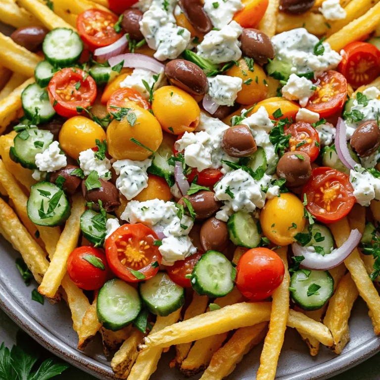 - 4 large russet potatoes - 1/4 cup olive oil - 1 teaspoon garlic powder - 1 teaspoon paprika - Salt and pepper to taste - 1 cup crumbled feta cheese - 1 cup cherry tomatoes, halved - 1/2 cup kalamata olives, pitted and sliced - 1/2 cucumber, diced - 1/4 red onion, finely chopped - Fresh parsley, chopped for garnish - 1/2 cup tzatziki sauce To make Loaded Greek Fries, you need a few simple ingredients. First, russet potatoes are key for crispy fries. You will want to wash and slice them into thin strips. Next, olive oil adds richness and helps the fries get that golden color. Garlic powder and paprika give the fries a savory kick. Salt and pepper bring out the flavors. For toppings, crumbled feta cheese adds a salty, creamy touch. Cherry tomatoes bring freshness, while kalamata olives add a briny depth. Diced cucumber and red onion provide crunch and bite. Don’t forget the fresh parsley! It adds color and a herbaceous note. To finish, a generous dollop of tzatziki sauce gives a cool, creamy contrast. This combination makes the Loaded Greek Fries both tasty and packed with flavor. For the full recipe, check out the detailed instructions. 1. Preheat the oven to 425°F (220°C). This helps the fries cook evenly. 2. Wash and slice the large russet potatoes into thin fries, about 1/4-inch thick. Thin slices cook better and get crispy. 3. In a large bowl, toss the sliced potatoes with olive oil, garlic powder, paprika, salt, and pepper. Mix well until all fries are coated with seasonings. 1. Spread the seasoned fries in a single layer on a baking sheet lined with parchment paper. This prevents sticking. 2. Bake the fries for 25-30 minutes. Flip them halfway through. They should turn crispy and golden brown. 3. While the fries are baking, prepare the toppings. In a medium bowl, mix cherry tomatoes, kalamata olives, cucumber, and red onion. Add olive oil, salt, and pepper. Toss gently. 1. When the fries are done, take them out of the oven. Sprinkle crumbled feta cheese over the hot fries. 2. Top with the prepared vegetable mixture and add a generous dollop of tzatziki sauce. This sauce adds creaminess and flavor. 3. Garnish with fresh parsley for a pop of color. Serve the loaded Greek fries on a large platter. Drizzle extra tzatziki sauce over the top for fun. Offer toothpicks for easy eating. Enjoy your delicious creation! For the complete process, check the Full Recipe. To ensure maximum crispiness, start with russet potatoes. Their starch content makes for a perfect fry. Cut them into thin strips, about 1/4-inch thick. This size helps them cook evenly. Toss the fries with olive oil, garlic powder, paprika, salt, and pepper. Make sure every fry gets coated. The oil helps them crisp up in the oven. Bake at 425°F (220°C) for 25-30 minutes. Flip them halfway for even cooking. For flavor enhancements, consider adding a pinch of crushed red pepper for heat. Fresh herbs like thyme or oregano can also boost flavor. Mix them into the seasoning before tossing the fries. Serve the loaded Greek fries on a large platter. This makes it easy for everyone to dig in. Drizzle extra tzatziki sauce over the top for a creamy finish. Adding more parsley gives a fresh touch and color. Using garnish effectively makes the dish pop. A sprinkle of crumbled feta on top adds a nice contrast. You can also place some lemon wedges around for extra zing. One common mistake is overcrowding the baking sheet. If there are too many fries, they will steam instead of crisp. Spread them out in a single layer. Another mistake is skipping the seasoning. Fries can be bland without it. Make sure to season well with salt and other spices. This step brings out the best flavors in your loaded Greek fries. For the full recipe, check out the detailed instructions above! {{image_2}} You can change things up by swapping feta for goat cheese. Goat cheese has a creamy texture and tangy taste that works well with fries. You can also try adding different vegetables. Roasted bell peppers, arugula, or even artichokes can add nice flavors and textures. For spice lovers, consider adding a dash of cayenne pepper or crushed red pepper flakes. These spices will give your fries a kick. You can also try different sauces to enhance the flavor. A drizzle of balsamic glaze or a spicy harissa sauce can take your loaded Greek fries to the next level. If you want a vegan option, replace feta with a vegan cheese alternative. You can also add avocado for creaminess. For those who need gluten-free options, ensure you use gluten-free fries or make your own from scratch. This way, everyone can enjoy these tasty loaded Greek fries. To get the full experience, check out the Full Recipe! To store your leftover Loaded Greek Fries, let them cool first. Place the fries in an airtight container. Keep them in the fridge for up to three days. This keeps them fresh and tasty. To prevent sogginess, place a paper towel at the bottom of the container. This absorbs extra moisture from the fries. When it's time to enjoy your leftovers, you can use either the oven or the microwave. The oven is best for keeping fries crispy. Preheat it to 400°F (200°C). Spread the fries on a baking sheet and heat for 10-15 minutes. Flip them halfway through for even heating. If you use the microwave, heat in short bursts of 30 seconds. This method can make the fries soggy, so be careful. Yes, you can freeze Loaded Greek Fries! To freeze, let them cool completely. Use freezer-safe containers or bags. Remove as much air as possible before sealing. They can last for up to three months. When you're ready to eat them, thaw overnight in the fridge before reheating. This method helps maintain the texture. Loaded Greek fries are a fun twist on classic fries. They mix crispy fries with fresh Greek toppings. The dish has roots in Mediterranean cuisine. Here's what you need for the recipe: - 4 large russet potatoes - 1/4 cup olive oil - 1 teaspoon garlic powder - 1 teaspoon paprika - Salt and pepper to taste - 1 cup crumbled feta cheese - 1 cup cherry tomatoes, halved - 1/2 cup kalamata olives, pitted and sliced - 1/2 cucumber, diced - 1/4 red onion, finely chopped - Fresh parsley, chopped for garnish - 1/2 cup tzatziki sauce The russet potatoes give a nice, fluffy inside. Olive oil adds a rich flavor. Feta cheese brings a salty, creamy touch. Fresh veggies, like tomatoes and cucumbers, add color and crunch. Tzatziki sauce is the perfect cool finish. Each bite bursts with flavor. Yes, you can make these fries ahead of time! I suggest preparing the fries and toppings separately. 1. Prep the fries: You can slice the potatoes and season them. Store them in water to keep them fresh. When you are ready, just bake them. 2. Toppings: Chop your veggies and mix them with the feta and tzatziki. Store this in the fridge. When you are ready to serve, bake the fries, then add the toppings. This way, your fries stay crispy! You can make Loaded Greek fries healthier with a few simple swaps: - Use sweet potatoes instead of russet potatoes for more vitamins. - Try baking instead of frying for less oil. - Reduce the olive oil to a tablespoon or two, and still get great flavor. - Swap feta cheese for a lower-fat cheese or even a vegan option. These changes keep the dish tasty but cut down on calories! This blog post took you through making Loaded Greek Fries. We covered the tasty ingredients, step-by-step cooking, and helpful tips. I shared ways to customize your fries and how to store leftovers. Remember, the key is to keep your fries crispy. Avoid overcrowding the pan and don't skip the seasoning. Enjoy your fries with fresh toppings for the best flavor. With the right ingredients and care, this dish will impress anyone. Dive into creating your own fantastic Loaded Greek Fries today!