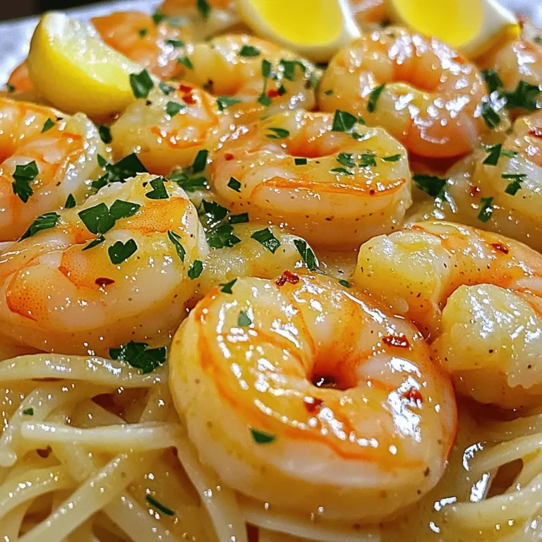 To make this dish, you need a few key items. Here is what you’ll need: - 1 pound large shrimp, peeled and deveined - 4 tablespoons unsalted butter - 4 cloves garlic, minced - 1 teaspoon red pepper flakes (adjust to taste) - 1 lemon, zested and juiced - 1/4 cup chicken broth or vegetable broth - 8 ounces linguine or spaghetti - 1/4 cup fresh parsley, chopped - Salt and pepper to taste - Lemon wedges, for serving These ingredients create a rich and tasty sauce that makes the shrimp shine. You will need some tools to help you cook this dish well. Here are the main ones: - Large skillet - Pot for boiling pasta - Colander for draining pasta - Zester or grater for the lemon - Cutting board and knife for garlic and parsley Having these tools makes cooking easier and more fun. If you don't have some ingredients, don't worry! Here are a few swaps you can try: - Shrimp: Use scallops or chicken if you prefer. - Butter: Olive oil can replace butter for a lighter option. - Pasta: Any pasta works, like penne or fettuccine. - Broth: Water can work, but broth adds more flavor. These substitutions help you customize the dish to your taste while keeping it delicious. First, fill a large pot with water. Add salt to the water to season it. Bring the water to a boil over high heat. Add 8 ounces of linguine or spaghetti. Cook according to the package instructions until it is al dente. This usually takes about 8-10 minutes. Once cooked, drain the pasta and set it aside. Make sure to save a little pasta water for later. In a large skillet, melt 2 tablespoons of unsalted butter over medium heat. Wait until it is completely melted. Then, add 4 cloves of minced garlic and 1 teaspoon of red pepper flakes to the skillet. Stir the mixture and sauté for 1-2 minutes. Watch the garlic closely to prevent it from burning. When it smells fragrant, it’s ready for the shrimp. Add 1 pound of peeled and deveined large shrimp to the skillet. Sprinkle salt and pepper over the shrimp to season it. Cook the shrimp for about 3-4 minutes on each side. They should turn pink and opaque when done. After cooking, pour in 1/4 cup of chicken broth and the juice and zest of 1 lemon. Stir everything together and let it simmer for 2-3 minutes. This step helps the flavors meld perfectly. Finally, reduce the heat to low, add the remaining 2 tablespoons of butter, and stir until it melts and makes a glossy sauce. Toss in the cooked pasta and mix well, adding a splash of reserved pasta water if the sauce seems too thick. Stir in 1/4 cup of chopped parsley for a fresh touch. Serve hot with lemon wedges on the side. This dish comes together quickly, making it a great option for busy nights. For the complete recipe, refer to the [Full Recipe]. To cook shrimp well, start with fresh or thawed shrimp. Pat them dry to avoid too much water in the pan. Heat your skillet over medium heat and add butter. Once the butter melts, add the shrimp. Cook for 3-4 minutes on each side. Look for a pink color and opaque texture. This tells you the shrimp are done. Overcooked shrimp become rubbery, so watch closely. If you like spice, add more red pepper flakes. Start with one teaspoon, then taste. You can always add more. For less heat, skip the flakes or use just a pinch. A squeeze of lemon juice can balance the spice. It adds zest without heat. Adjusting spice makes the dish yours. Fresh garlic is key to great flavor. Use a sharp knife to chop or mince garlic cloves. For a stronger taste, mince them finely. You can also use a garlic press for ease. Heat the garlic in butter until fragrant, but don’t let it burn. Burned garlic tastes bitter and ruins the dish. For the full recipe, check out the Garlic Butter Shrimp Scampi section. {{image_2}} You can switch shrimp for many other proteins. Chicken is a great choice. Use boneless chicken thighs or breasts for a hearty dish. Just adjust the cooking time. Another option is scallops. They cook fast and add a sweet flavor. You can also try fish like tilapia or cod. Just remember, cooking times will vary based on the protein you choose. Adding veggies boosts flavor and nutrition. Try spinach for a fresh taste. It wilts nicely and blends well with the sauce. Cherry tomatoes add a pop of color and sweetness. You can also use asparagus or bell peppers. Sauté them with garlic for extra taste. Feel free to mix and match based on your favorites. While linguine is classic, you can use any pasta you like. Spaghetti works well too. For a twist, try penne or fettuccine. You can even use whole wheat or gluten-free pasta. Each type gives a unique texture and flavor. Just cook according to package directions for the best results. For a full recipe, check out the Garlic Butter Shrimp Scampi 🧄! Store any leftover garlic butter shrimp scampi in an airtight container. Make sure to let it cool first. Place it in the fridge. This dish can stay fresh for up to three days. To reheat, use a skillet over low heat. Add a splash of broth or water to prevent drying. Stir often until heated through. You can also use a microwave. Heat it in short bursts, stirring in between. You can freeze garlic butter shrimp scampi, but shrimp is best fresh. If you decide to freeze it, use a freezer-safe bag. Remove as much air as possible. Label it with the date. It will last for about two months. Thaw in the fridge overnight before reheating. Enjoy the Full Recipe for the perfect shrimp scampi! Garlic butter shrimp scampi lasts about 2-3 days in the fridge. Store it in an airtight container. When you reheat it, do so gently. This will keep the shrimp tender and the flavors intact. Yes, you can use frozen shrimp for this dish. Just thaw them first. Place the frozen shrimp in cold water for about 15-20 minutes. After thawing, they will cook just as well as fresh shrimp. You can serve garlic butter shrimp scampi with various sides. Here are some great options: - Crusty bread to soak up the sauce - A fresh green salad for crunch - Garlic bread for extra flavor - Steamed vegetables for a healthy touch These pairings enhance the meal and make it more satisfying. For the full recipe, check out the complete guide! Garlic butter shrimp scampi is a tasty dish you can cook at home. We covered key ingredients, tools, and steps to make this meal. I shared tips for cooking shrimp and ways to change the recipe. Proper storage and reheating tips help keep your leftovers fresh. Enjoy experimenting with variations and flavors. This dish is simple and fun to make. With practice, you’ll impress everyone at your table. Happy cooking!
