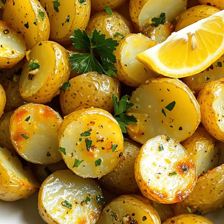 - 2 lbs baby potatoes, halved - 1/4 cup olive oil - 1/4 cup fresh lemon juice The main ingredients for Greek lemon potatoes are simple and fresh. Baby potatoes are best for this dish. Their small size ensures even cooking and a tender bite. Olive oil gives richness. Fresh lemon juice adds a bright, zesty flavor that makes the dish pop. - 3 cloves garlic, minced - 2 teaspoons dried oregano - 1 teaspoon salt - 1/2 teaspoon black pepper Next, we add seasoning. Minced garlic brings depth and aroma. Dried oregano gives that classic Greek taste. Salt enhances all the flavors, while black pepper adds a hint of heat. Together, they create a balanced mix that makes these potatoes shine. - 1 tablespoon fresh parsley, chopped - Lemon wedges (for serving) For garnishing, fresh parsley adds color and freshness. It brightens up the dish visually and in taste. Lemon wedges serve two purposes. They add extra zing and allow guests to adjust the flavor to their liking. This simple touch elevates the meal. For the complete recipe, check the [Full Recipe]. - Preheat your oven to 400°F (200°C). - In a large bowl, whisk together the olive oil and lemon juice. This mix brings bright flavor to the potatoes. - Toss the baby potatoes in the lemon-oil mixture. Ensure they are well coated. This step is key for flavor. - Arrange the potatoes in a large baking dish. Spread them out in a single layer. This helps them roast evenly. - Toss the potatoes halfway through cooking. This ensures all sides get crispy and golden. - Once cooked, garnish with chopped parsley. Serve with lemon wedges for an extra zest. Enjoy your Easy Greek Lemon Potatoes! For the full recipe, check the section above. To choose the best baby potatoes, look for firm, smooth ones. Avoid potatoes with dark spots or soft areas. Uniform size helps them cook evenly. When you cut them in half, keep the pieces about the same size. This way, they roast nicely. Even coating in the oil mixture is key. Use a large bowl to mix the olive oil, lemon juice, and spices. When you add the halved potatoes, toss them well. Make sure every piece gets coated. This coating helps create that tasty, crispy skin. Fresh herbs bring more life to your dish than dried ones. If you have fresh oregano or parsley, use them. They brighten the flavor and add a nice touch. Dried herbs work if fresh ones are not available, but fresh is always better. For extra zest, add a bit of lemon zest to the mix. You can also sprinkle some feta cheese on top before serving. This adds a salty kick that pairs well with the lemony flavor. Roasting times can vary based on your oven. Keep an eye on the potatoes. They should turn golden brown and tender, which takes about 40 to 45 minutes. Toss them halfway through to ensure even cooking. If you want to try alternative cooking methods, consider using an air fryer. It cooks faster and gives a crispier finish. You can also cook them on the stovetop. Just sauté them in a pan with the oil and spices until they are tender and golden. For the full recipe, check out the link provided earlier. {{image_2}} You can easily change this recipe to fit your taste. Adding other vegetables can make it more colorful and tasty. Try mixing in: - Carrots, sliced - Bell peppers, chopped These veggies add sweetness and crunch. You can also switch up the citrus. Instead of lemon, use: - Lime for a tangy twist - Orange for a hint of sweetness These changes will keep the dish fresh and exciting. Want to make your Greek lemon potatoes vegan-friendly? Just use vegetable broth instead of the olive oil. This keeps the flavor rich and tasty. For gluten-free options, this recipe is already safe. Just make sure your broth or any added toppings are gluten-free. You can also boost the flavors of your potatoes. Adding olives and feta gives a great Mediterranean touch. Here are some ideas: - Mix in black or green olives for a briny taste. - Crumble feta cheese for creaminess and saltiness. If you like heat, add chili flakes for a spicy kick. Just a pinch will do, but adjust to your taste. These flavors will make your dish pop. For the full recipe, check out the [Full Recipe]. To store leftover Greek lemon potatoes, let them cool first. Place them in an airtight container. This helps them stay fresh. You can keep them in the fridge for up to 4 days. Use a glass or plastic container with a tight seal. These containers work best to keep the potatoes tasty. You have two main ways to reheat your potatoes: the oven or the microwave. The oven gives a better texture. Preheat it to 350°F (175°C) and spread the potatoes on a baking sheet. Heat for about 10-15 minutes. If you use the microwave, place them in a bowl and cover it. Heat in short bursts, stirring in between. This helps keep them from getting soggy. You can freeze Greek lemon potatoes for later use. Let them cool completely before freezing. Place them in a freezer-safe container or bag. They can last up to 3 months in the freezer. When you are ready to eat them, thaw them overnight in the fridge. Reheat them in the oven to regain their crispy texture. Enjoy your flavorful dish anytime! You can check the Full Recipe for more details. Can I use different types of potatoes for this recipe? Yes, you can use other types of potatoes. I like baby potatoes for their size and flavor. You can also try Yukon Gold or red potatoes. They all work well, but cooking times may vary slightly. How can I make these potatoes crispy? To achieve crispy potatoes, ensure they are well-coated in oil. Spread them out in a single layer on the baking dish. Toss them halfway through cooking for even browning. You can also broil them for a few minutes after roasting. Can I substitute lemon juice with vinegar? You can use vinegar, but it will change the flavor. Lemon juice gives a fresh and zesty taste. If you use vinegar, try white wine vinegar for a milder flavor. What are alternatives to olive oil? If you need an oil substitute, try avocado oil or canola oil. Both have a mild flavor and high smoke point, making them great for roasting. What should I serve with Greek lemon potatoes? These potatoes pair well with grilled meats, fish, or a fresh salad. They can be a side dish for chicken, lamb, or even a veggie platter. How to pair with protein dishes? Try serving these potatoes with lemon herb chicken or grilled shrimp. The bright flavors of the potatoes enhance the taste of any protein dish. For a vegetarian option, serve them with stuffed bell peppers or a hearty bean salad. For the full recipe, check out the [Full Recipe]. In this post, I detailed a simple recipe for Greek lemon potatoes. You learned about the main ingredients, seasoning, and garnishing tips. I shared steps for preparation and cooking, plus clever tips for perfecting your dish. I also explored variations and storage tips. By following these instructions, you can make delicious potatoes that suit any meal. Enjoy your cooking and feel free to get creative with this recipe. Your kitchen can be a space for tasty experiments!