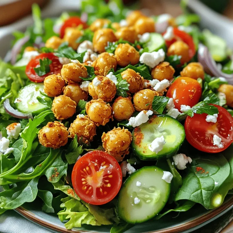 - Chickpeas and seasoning - 1 can (15 oz) chickpeas, drained and rinsed - 2 tablespoons olive oil - 1 teaspoon smoked paprika - 1/2 teaspoon garlic powder - 1/2 teaspoon cumin - Salt and pepper to taste Chickpeas are the star of this dish. They are high in protein and fiber. Their nutty flavor pairs well with spices. I love using smoked paprika for a warm taste. The garlic powder adds depth, while cumin brings a nice earthiness. You can adjust the salt and pepper to your liking. - Fresh vegetable ingredients - 4 cups mixed greens (spinach, arugula, and lettuce) - 1 cup cherry tomatoes, halved - 1/2 cucumber, diced - 1/4 red onion, thinly sliced Fresh vegetables add crunch and color. Mixed greens provide a lovely base. Cherry tomatoes burst with flavor and sweetness. Diced cucumber gives a refreshing bite. Red onion offers a sharp contrast. Feel free to mix and match your favorite greens. - Optional toppings and dressing ingredients - 1/4 cup feta cheese, crumbled (optional) - 2 tablespoons tahini - 1 tablespoon lemon juice - Fresh parsley for garnish Feta cheese adds creaminess and saltiness. If you want to keep it vegan, skip the feta. The tahini dressing is rich and nutty. A little lemon juice brightens the flavors. Fresh parsley gives a pop of green and freshness. You can use other herbs too, like basil or cilantro. For the full recipe, check the complete list above. 1. Start by preheating your oven to 400°F (200°C). Line a baking sheet with parchment paper. This helps the chickpeas crisp up nicely. 2. In a medium bowl, take your drained chickpeas. Add 2 tablespoons of olive oil, 1 teaspoon of smoked paprika, 1/2 teaspoon of garlic powder, 1/2 teaspoon of cumin, and a pinch of salt and pepper. Toss everything well until the chickpeas are coated. 3. In a large bowl, mix the salad components. Combine 4 cups of mixed greens, 1 cup of halved cherry tomatoes, 1/2 diced cucumber, and 1/4 sliced red onion. This mix adds crunch and freshness. 1. Spread the seasoned chickpeas on the lined baking sheet. Make sure they are in a single layer for even cooking. 2. Bake them in the preheated oven for 25-30 minutes. Halfway through, shake the pan. This helps them cook evenly and become crispy. Watch closely near the end to avoid burning. 1. Once the chickpeas are golden and crispy, remove them from the oven and let them cool for a minute. 2. Top your salad mix with the crispy chickpeas. Drizzle your tahini dressing over everything. To make the dressing, whisk together 2 tablespoons of tahini, 1 tablespoon of lemon juice, and a pinch of salt and pepper in a small bowl. You can add a bit of water if you want it thinner. 3. If you like, sprinkle 1/4 cup of crumbled feta cheese on top. Finish with fresh parsley for that pop of color. Follow these steps from the Full Recipe to create a tasty, crunchy salad that’s sure to impress! To boost flavor, consider adding spices like cayenne pepper or turmeric. You could also mix in fresh herbs such as cilantro or basil. Each herb or spice brings a unique taste. For the dressing, try using yogurt instead of tahini for a creamier texture. You can also add a splash of balsamic vinegar for a tangy kick. A sprinkle of lemon zest can brighten the dish too. To get crispy chickpeas, drying them well is key. After rinsing, pat them dry with a towel. This step helps them crisp up nicely. When baking, spread them out on the pan without overcrowding. This allows hot air to circulate. You can also shake the pan halfway through baking for even crispness. If you have an air fryer, use it! It cooks chickpeas faster and often makes them crispier. Cook them at 400°F for about 15 minutes, shaking halfway through. For the full recipe, check out the Crispy Chickpea Delight Salad section. Enjoy your cooking! {{image_2}} You can change up the greens in this salad. Try kale, romaine, or even cabbage. Each green adds its own flavor and texture. If you want a vegan option, leave out the feta cheese. You can still enjoy a tasty salad without it. Consider adding avocado for creaminess instead. Want to boost the protein? Add grilled chicken or shrimp. You can even toss in quinoa for a hearty touch. For toppings, think nuts or seeds. Toasted almonds or sunflower seeds add a nice crunch. You could also sprinkle some fresh herbs like basil or cilantro for extra flavor. These small changes can make your crispy chickpea salad feel new and exciting. For the complete recipe, check out the [Full Recipe]. To keep your salad fresh, store it in an airtight container. Make sure to refrigerate it right away. The greens will stay crisp for a day or two. Avoid mixing the dressing with the salad until you are ready to eat. This keeps everything from getting soggy. For the crispy chickpeas, store them in a separate container. Use a glass jar or a paper bag. This helps them stay crunchy longer. If you store them with the salad, they will lose their crispiness. When you reheat crispy chickpeas, use the oven for best results. Preheat your oven to 350°F (175°C). Spread the chickpeas on a baking sheet. Heat them for about 5 to 10 minutes. Check often to avoid burning. If you want to use the microwave, place the chickpeas on a plate. Cover them with a paper towel. This helps absorb moisture. Heat them in short bursts of 30 seconds until warm. Avoid heating too long, as they will get soggy. Enjoy your crispy chickpeas as a tasty snack or salad topping! You can use almond butter or sunflower seed butter instead of tahini. Both have a nice, creamy texture. They add a different flavor but still taste great in the salad. You can also try using Greek yogurt for a tangy twist. This salad is mostly gluten-free already! Just make sure the tahini and any store-bought ingredients are gluten-free. Always check labels for hidden gluten. Using fresh produce and canned chickpeas keeps it safe. Yes, you can prep parts of the salad ahead. Keep the crispy chickpeas separate until serving. This way, they stay crunchy. You can mix the greens and veggies in advance and dress them just before eating. Absolutely! This salad works well for meal prep. Just store the chickpeas, salad, and dressing in separate containers. You can enjoy it all week. It makes a great lunch or dinner option. To get crispy chickpeas, dry them well before seasoning. Use a towel to remove moisture. Bake them at a high temperature, around 400°F (200°C). Shake the pan halfway through baking for even crispiness. For even better results, try using an air fryer! Check the [Full Recipe] for more details. In this blog post, we explored a tasty chickpea salad recipe. We covered key ingredients, like chickpeas and fresh veggies, to create a great meal. You learned step-by-step instructions for preparation, baking, and assembly. I shared tips on enhancing flavors and achieving the perfect crispiness. You also discovered variations to suit your taste, storage tips for leftovers, and answers to common questions. Try this chickpea salad and make it your own. You will love the flavors and textures! Enjoy!