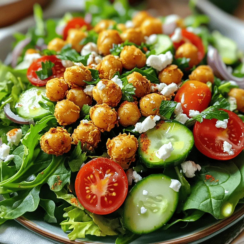 - Chickpeas and seasoning - 1 can (15 oz) chickpeas, drained and rinsed - 2 tablespoons olive oil - 1 teaspoon smoked paprika - 1/2 teaspoon garlic powder - 1/2 teaspoon cumin - Salt and pepper to taste Chickpeas are the star of this dish. They are high in protein and fiber. Their nutty flavor pairs well with spices. I love using smoked paprika for a warm taste. The garlic powder adds depth, while cumin brings a nice earthiness. You can adjust the salt and pepper to your liking. - Fresh vegetable ingredients - 4 cups mixed greens (spinach, arugula, and lettuce) - 1 cup cherry tomatoes, halved - 1/2 cucumber, diced - 1/4 red onion, thinly sliced Fresh vegetables add crunch and color. Mixed greens provide a lovely base. Cherry tomatoes burst with flavor and sweetness. Diced cucumber gives a refreshing bite. Red onion offers a sharp contrast. Feel free to mix and match your favorite greens. - Optional toppings and dressing ingredients - 1/4 cup feta cheese, crumbled (optional) - 2 tablespoons tahini - 1 tablespoon lemon juice - Fresh parsley for garnish Feta cheese adds creaminess and saltiness. If you want to keep it vegan, skip the feta. The tahini dressing is rich and nutty. A little lemon juice brightens the flavors. Fresh parsley gives a pop of green and freshness. You can use other herbs too, like basil or cilantro. For the full recipe, check the complete list above. 1. Start by preheating your oven to 400°F (200°C). Line a baking sheet with parchment paper. This helps the chickpeas crisp up nicely. 2. In a medium bowl, take your drained chickpeas. Add 2 tablespoons of olive oil, 1 teaspoon of smoked paprika, 1/2 teaspoon of garlic powder, 1/2 teaspoon of cumin, and a pinch of salt and pepper. Toss everything well until the chickpeas are coated. 3. In a large bowl, mix the salad components. Combine 4 cups of mixed greens, 1 cup of halved cherry tomatoes, 1/2 diced cucumber, and 1/4 sliced red onion. This mix adds crunch and freshness. 1. Spread the seasoned chickpeas on the lined baking sheet. Make sure they are in a single layer for even cooking. 2. Bake them in the preheated oven for 25-30 minutes. Halfway through, shake the pan. This helps them cook evenly and become crispy. Watch closely near the end to avoid burning. 1. Once the chickpeas are golden and crispy, remove them from the oven and let them cool for a minute. 2. Top your salad mix with the crispy chickpeas. Drizzle your tahini dressing over everything. To make the dressing, whisk together 2 tablespoons of tahini, 1 tablespoon of lemon juice, and a pinch of salt and pepper in a small bowl. You can add a bit of water if you want it thinner. 3. If you like, sprinkle 1/4 cup of crumbled feta cheese on top. Finish with fresh parsley for that pop of color. Follow these steps from the Full Recipe to create a tasty, crunchy salad that’s sure to impress! To boost flavor, consider adding spices like cayenne pepper or turmeric. You could also mix in fresh herbs such as cilantro or basil. Each herb or spice brings a unique taste. For the dressing, try using yogurt instead of tahini for a creamier texture. You can also add a splash of balsamic vinegar for a tangy kick. A sprinkle of lemon zest can brighten the dish too. To get crispy chickpeas, drying them well is key. After rinsing, pat them dry with a towel. This step helps them crisp up nicely. When baking, spread them out on the pan without overcrowding. This allows hot air to circulate. You can also shake the pan halfway through baking for even crispness. If you have an air fryer, use it! It cooks chickpeas faster and often makes them crispier. Cook them at 400°F for about 15 minutes, shaking halfway through. For the full recipe, check out the Crispy Chickpea Delight Salad section. Enjoy your cooking! {{image_2}} You can change up the greens in this salad. Try kale, romaine, or even cabbage. Each green adds its own flavor and texture. If you want a vegan option, leave out the feta cheese. You can still enjoy a tasty salad without it. Consider adding avocado for creaminess instead. Want to boost the protein? Add grilled chicken or shrimp. You can even toss in quinoa for a hearty touch. For toppings, think nuts or seeds. Toasted almonds or sunflower seeds add a nice crunch. You could also sprinkle some fresh herbs like basil or cilantro for extra flavor. These small changes can make your crispy chickpea salad feel new and exciting. For the complete recipe, check out the [Full Recipe]. To keep your salad fresh, store it in an airtight container. Make sure to refrigerate it right away. The greens will stay crisp for a day or two. Avoid mixing the dressing with the salad until you are ready to eat. This keeps everything from getting soggy. For the crispy chickpeas, store them in a separate container. Use a glass jar or a paper bag. This helps them stay crunchy longer. If you store them with the salad, they will lose their crispiness. When you reheat crispy chickpeas, use the oven for best results. Preheat your oven to 350°F (175°C). Spread the chickpeas on a baking sheet. Heat them for about 5 to 10 minutes. Check often to avoid burning. If you want to use the microwave, place the chickpeas on a plate. Cover them with a paper towel. This helps absorb moisture. Heat them in short bursts of 30 seconds until warm. Avoid heating too long, as they will get soggy. Enjoy your crispy chickpeas as a tasty snack or salad topping! You can use almond butter or sunflower seed butter instead of tahini. Both have a nice, creamy texture. They add a different flavor but still taste great in the salad. You can also try using Greek yogurt for a tangy twist. This salad is mostly gluten-free already! Just make sure the tahini and any store-bought ingredients are gluten-free. Always check labels for hidden gluten. Using fresh produce and canned chickpeas keeps it safe. Yes, you can prep parts of the salad ahead. Keep the crispy chickpeas separate until serving. This way, they stay crunchy. You can mix the greens and veggies in advance and dress them just before eating. Absolutely! This salad works well for meal prep. Just store the chickpeas, salad, and dressing in separate containers. You can enjoy it all week. It makes a great lunch or dinner option. To get crispy chickpeas, dry them well before seasoning. Use a towel to remove moisture. Bake them at a high temperature, around 400°F (200°C). Shake the pan halfway through baking for even crispiness. For even better results, try using an air fryer! Check the [Full Recipe] for more details. In this blog post, we explored a tasty chickpea salad recipe. We covered key ingredients, like chickpeas and fresh veggies, to create a great meal. You learned step-by-step instructions for preparation, baking, and assembly. I shared tips on enhancing flavors and achieving the perfect crispiness. You also discovered variations to suit your taste, storage tips for leftovers, and answers to common questions. Try this chickpea salad and make it your own. You will love the flavors and textures! Enjoy!