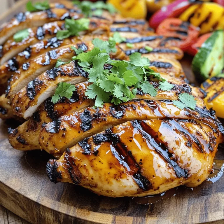 - 4 boneless, skinless chicken breasts - 1/4 cup honey - 2 tablespoons soy sauce - 1 tablespoon chili garlic sauce - 1 tablespoon olive oil - 2 cloves garlic, minced - 1 teaspoon ground ginger - 1 teaspoon smoked paprika - Salt and pepper to taste For this Sweet and Spicy Grilled Chicken, use fresh chicken breasts for the best flavor. The marinade combines sweet and spicy notes. Honey adds sweetness, while chili garlic sauce brings the heat. Each ingredient plays a role in creating a balanced taste. - Fresh cilantro, chopped (for garnish) - Optional garnish ideas: sesame seeds, lime wedges For garnish, fresh cilantro brightens the dish. It adds color and a fresh taste. If you want to elevate the look, sprinkle sesame seeds on top. Lime wedges can give a nice zing when served. These small additions make a big difference. - Grill or cooking equipment: outdoor grill or stovetop grill pan - Cooking tools needed: mixing bowl, whisk, resealable plastic bag or shallow dish, grill tongs, meat thermometer You need a grill for cooking. An outdoor grill is ideal, but a stovetop grill pan works too. Essential tools include a mixing bowl for the marinade and a whisk to blend it well. A resealable bag or dish helps marinate the chicken. Grill tongs make flipping easy. Finally, a meat thermometer ensures your chicken is safe to eat. For the full recipe, check the instructions provided. To make the marinade, start by whisking together the main ingredients. In a bowl, combine: - 1/4 cup honey - 2 tablespoons soy sauce - 1 tablespoon chili garlic sauce - 1 tablespoon olive oil - 2 cloves garlic, minced - 1 teaspoon ground ginger - 1 teaspoon smoked paprika - Salt and pepper to taste Whisk these together until smooth. This mixture will give your chicken that sweet and spicy kick. For the right container, use a resealable plastic bag or a shallow dish. Both options work well for marinating. Now, it’s time to marinate the chicken. Place the 4 boneless, skinless chicken breasts in your chosen container. Pour the marinade over the chicken, making sure it's well-coated. Seal the bag or cover the dish tightly. How long should you marinate? For best flavor, let it sit for at least 1 hour. If you have time, marinate for up to 4 hours. Always keep the chicken in the fridge while it marinates to stay safe. Before grilling, preheat your grill to medium-high heat. This step is crucial for getting those nice grill marks. After preheating, take the chicken out of the marinade. Let the excess drip off, then discard the leftover marinade. Grill the chicken for about 6-7 minutes on each side. You want the chicken to reach an internal temperature of 165°F (75°C). Check the temperature with a meat thermometer to ensure it’s safe to eat. After grilling, let the chicken rest for 5 minutes before slicing. This helps keep it juicy. For a beautiful finish, garnish with fresh chopped cilantro as shown in the Full Recipe. Enjoy your sweet and spicy grilled chicken! To get great grill marks, follow these simple steps: - Preheat the grill to medium-high heat. This helps create a nice sear. - Place chicken on the grill at a 45-degree angle. This gives those beautiful diamond marks. - Avoid flipping the chicken too often. Let it cook for 6-7 minutes before turning. - Watch the temperature. If the grill is too hot, the chicken can burn. Common mistakes can ruin your grilling. Here’s what to avoid: - Don’t skip preheating. A cold grill means no grill marks. - Avoid overcrowding. Too much chicken on the grill leads to uneven cooking. - Don’t press down on the chicken. This squeezes out juices and makes it dry. Want to boost the flavor of your chicken? Try these tips: - Add cumin or coriander for a warm, earthy taste. - Use lime or lemon juice for a fresh twist. - Consider adding fresh herbs like rosemary or thyme to the marinade. For flavor infusions, think outside the box: - Soak the chicken in coconut milk for a tropical touch. - Try using fruit juices like pineapple or orange for sweetness. - Mix in some mustard for a tangy kick. To make your Sweet and Spicy Grilled Chicken shine, pair it with these sides: - A fresh salad with greens, tomatoes, and a light vinaigrette. - Grilled vegetables like zucchini, bell peppers, or corn on the cob. - Rice or quinoa for a filling addition. For a creative presentation, try these ideas: - Serve on a large platter with colorful garnishes. - Drizzle some extra honey on top for shine. - Sprinkle sesame seeds for added texture and crunch. These tips will help you create a meal that looks and tastes great! Check out the Full Recipe for more details. {{image_2}} You can switch out honey for other sweeteners. Agave syrup works well, as it has a similar consistency. It adds a mild sweetness. Maple syrup is another great option. It brings a rich flavor and pairs nicely with the spices. Both choices can make your dish unique. Experimenting with sweeteners can really change the vibe of the chicken. Chicken is fantastic, but you can also try other proteins. Steak gives a hearty bite and rich flavor. Shrimp cooks quickly and adds a lovely seafood twist. Tofu is a great plant-based option. It absorbs flavors well and is perfect for a veggie meal. Each protein will change the dish's taste and texture in fun ways. If you like heat, you can boost the spice in the marinade. Add more chili garlic sauce for extra kick. You could also mix in red pepper flakes for a more intense flavor. If you want a smoky taste, try adding chipotle powder. Adjusting the heat can make this dish your own. Just remember, start small and taste as you go! To keep your sweet and spicy grilled chicken fresh, store leftovers right away. Place the chicken in an airtight container. This prevents air from getting in and helps keep the flavor. Refrigerate it within two hours of cooking. The chicken will stay good for up to four days in the fridge. When you want to enjoy your leftovers, reheating is key. You can use a microwave or oven. If using a microwave, heat it on medium power. This helps avoid drying it out. If you prefer the oven, set it to 350°F (175°C). Cover the chicken with foil to lock in moisture. Heat until it reaches 165°F (75°C) for safe eating. Freezing is a great way to save your grilled chicken for later. To freeze, let the chicken cool completely. Wrap each piece in plastic wrap, then place it in a freezer bag. This keeps them fresh for up to three months. When you're ready to eat, thaw it in the fridge overnight for the best results. Avoid thawing at room temperature to keep it safe. I suggest marinating the chicken for at least 1 hour. This time allows the flavors to soak in well. For even more taste, marinate for up to 4 hours. The longer you marinate, the more intense the flavors become. Just be careful not to marinate too long, as it can change the chicken's texture. Yes, you can prepare the chicken ahead of time. Marinate it the night before for the best flavor. Then, just grill it when you are ready. This makes it easy for busy days or meal prep. Store the marinated chicken in the fridge until you are ready to cook. You can serve this dish with many sides. Grilled vegetables, rice, or a fresh salad work great. For drinks, try iced tea or a light beer. These options pair well and balance the spicy sweetness of the chicken. To add heat, use more chili garlic sauce. You can also mix in some crushed red pepper flakes. These options keep the flavor while giving you that extra kick. Just remember to taste as you go to find the right level for you. The safe internal temperature for grilled chicken is 165°F (75°C). Use a meat thermometer to check the thickest part of the breast. This ensures the chicken is cooked safely and is juicy. Avoid undercooking or overcooking for the best results. This blog post covered how to make Sweet and Spicy Grilled Chicken. We talked about the main ingredients, cooking tools, and the steps to prepare and grill the chicken. I shared tips to get perfect grill marks and enhance flavors. You learned about variations to try and storage info for leftovers. In summary, grilling chicken can be simple and fun. With these steps, you can impress at any meal. Enjoy your cooking, and keep experimenting with flavors!