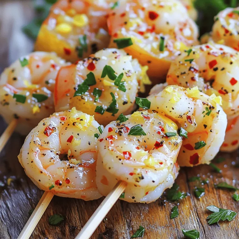 When making lemon garlic shrimp skewers, you need fresh and simple ingredients. Here’s what you will need: - 1 lb large shrimp, peeled and deveined - 3 tablespoons olive oil - Zest and juice of 2 lemons - 4 cloves garlic, minced - 1 teaspoon red pepper flakes - 1 teaspoon smoked paprika - Salt and pepper to taste - Fresh parsley, chopped - Skewers, soaked if wooden Each ingredient plays a key role in creating the bright and zesty flavor of the dish. The shrimp should be large and fresh for the best taste. This recipe uses lemon juice and zest to add brightness. Minced garlic gives a strong, savory kick. Red pepper flakes add some heat, while smoked paprika gives a nice depth of flavor. Don’t forget to soak wooden skewers in water for at least 30 minutes. This step helps to prevent burning on the grill. You can find the full recipe details in the recipe section. Enjoy the bright, fresh taste of lemon garlic shrimp skewers! To start, gather your ingredients. You will need olive oil, lemon zest, lemon juice, garlic, red pepper flakes, smoked paprika, salt, and pepper. In a large bowl, combine these ingredients. Whisk them together until they blend well. The smell of the lemon and garlic will fill your kitchen. This marinade packs a punch and will soak into the shrimp. Next, add your shrimp to the marinade. Make sure each shrimp gets a good coat of that zesty mix. This step is key for flavor. Once all the shrimp are coated, cover the bowl. Place it in the fridge for at least 30 minutes. This wait allows the flavors to seep into the shrimp, making them taste amazing. Now, it's time to grill. Preheat your grill or grill pan to medium-high heat. While it heats up, thread the marinated shrimp onto skewers. Don’t crowd them; leave some space for even cooking. When the grill is hot, place the skewers on it. Grill each side for 2-3 minutes. You will know the shrimp are done when they turn pink and opaque. This means they are perfectly cooked. Enjoy the aroma as they grill! For the full recipe, check the section above. To get the best shrimp, cook them for 2-3 minutes on each side. Use medium-high heat on your grill or grill pan. Watch for key signs of doneness: the shrimp should turn bright pink and become opaque. If they curl tightly, they may be overcooked. You can adjust the spices to match your taste. Try adding more red pepper flakes for heat, or use fresh herbs like cilantro or basil. If you want to swap oils, avocado oil works great too. You can even add a splash of soy sauce for a different twist. These lemon garlic shrimp skewers pair well with many sides. Try serving them with a fresh salad, rice, or grilled vegetables. For garnishing, sprinkle fresh parsley or lemon zest on top. This adds a pop of color and extra flavor. For the full recipe, check out the [Full Recipe]. {{image_2}} You can make your lemon garlic shrimp skewers even better by adding vegetables. I love using bell peppers, zucchini, or onions. These veggies add color and flavor. Here’s how to do it: - Bell Peppers: Cut them into bite-sized pieces. They add sweetness and crunch. - Zucchini: Slice it into thick rounds. It cooks quickly and stays tender. - Onions: Use red or yellow onions. Cut into wedges for a nice char. For mixed skewers, cook the shrimp and veggies together for about 2-3 minutes on each side. Just keep an eye on the cooking time. You want everything to be tender and cooked through. If you want more or less heat, it’s easy to adjust. To reduce heat, cut back on red pepper flakes. You can also use a milder spice blend. For more heat, add extra red pepper flakes or a dash of hot sauce. Try different marinades for new flavors. A honey-soy mix gives a sweet twist. A cilantro-lime marinade offers a fresh taste. These changes can make your skewers even more fun! If you want to switch things up, consider other seafood. Scallops are a great choice. They cook fast and taste amazing. You can also use firm fish like salmon or tuna. Just cut them into chunks. When cooking different seafood, adjust the cooking time. Fish usually cooks in 4-5 minutes. Scallops need about 2-3 minutes per side. Always look for that perfect pink and opaque look to know it’s done. To keep your shrimp skewers fresh, place them in an airtight container. You can store them in the fridge for up to three days. If you want to keep them longer, freeze them. Wrap each skewer in plastic wrap and then place them in a freezer bag. They can stay in the freezer for up to three months. When you reheat shrimp skewers, do it gently to keep them juicy. The oven works best. Preheat it to 350°F (175°C). Place the skewers on a baking sheet and cover them with foil. Heat for about 10 minutes. You can also use a microwave if you are in a hurry. Just heat them for 30 seconds at a time. Check often to avoid overcooking. Preparing shrimp skewers in advance is easy. You can marinate them the night before and store them in the fridge. This way, all the flavors mix well. If you have leftover shrimp, use them in salads, tacos, or pasta dishes. They add great flavor and protein to your meals. For more fun, try mixing them with veggies to make a stir-fry. For the full recipe, check out the Zesty Lemon Garlic Shrimp Skewers. I recommend marinating the shrimp for at least 30 minutes. This time allows the shrimp to soak up the lemon and garlic flavors. If you have more time, you can marinate them for up to 2 hours. Just don't go too long, or the shrimp may become tough from the acid in the marinade. Yes, you can prepare the skewers ahead of time. Just marinate the shrimp and thread them onto skewers. Cover and store them in the fridge for up to 2 hours before grilling. If you need more time, you can freeze the marinated skewers for later use. Just thaw them in the fridge before cooking. Look for large shrimp, ideally 16-20 count per pound. Large shrimp stay juicy and cook evenly on the grill. Always choose fresh or frozen shrimp that are peeled and deveined for the best results. Fresh shrimp should smell like the sea and have a firm texture. Perfectly cooked shrimp turn pink and opaque. This usually takes about 2-3 minutes per side on the grill. If you see them curl into a C shape, that’s a sign they are done. Overcooking shrimp can make them tough, so keep an eye on them while grilling. You learned how to make delicious lemon garlic shrimp skewers using simple ingredients. We covered marinating, grilling, and tips for perfect shrimp. You can spice it up or add veggies for new flavors. These skewers are easy to store, reheat, and even use in other meals. Enjoy making this dish and impressing friends or family with your grilling skills.