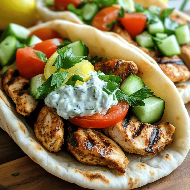 - 500g chicken breast, thinly sliced - 2 tablespoons olive oil - 1 tablespoon dried oregano - 1 teaspoon garlic powder - 1 teaspoon onion powder - 1 teaspoon paprika - Salt and pepper to taste - 4 pita breads - 1 cup Greek yogurt - 1 tablespoon lemon juice - 1 cucumber, diced - 1 tomato, diced - 1 small red onion, finely sliced - Fresh parsley for garnish - Each serving has about 400 calories. - Macronutrient breakdown: 30g protein, 45g carbs, 10g fats. - This recipe can be gluten-free by using gluten-free pita. Low-carb options exist by using lettuce wraps. Homemade chicken gyros offer a tasty meal that is simple to make. You can find the full recipe above to guide you through the cooking process. Enjoy! To start, combine the chicken, olive oil, oregano, garlic powder, onion powder, paprika, salt, and pepper in a mixing bowl. This blend gives your chicken a rich flavor. Use your hands or a spoon to mix well. Let the chicken marinate for at least 30 minutes. This time helps the chicken soak up all the tasty spices. Next, preheat your grill or skillet over medium-high heat. Cooking the chicken takes about 6-8 minutes. Stir occasionally to ensure even cooking. You want the chicken to turn golden brown and reach an internal temperature of 165°F. This step is key for juicy and flavorful meat. While the chicken cooks, it’s time to make the tzatziki sauce. In a bowl, mix the Greek yogurt, lemon juice, diced cucumber, salt, and pepper. Stir until everything blends well. For extra flavor, add chopped dill or mint if you like. This sauce adds a cool touch to your gyros. Now, warm the pita breads on the grill for about 1-2 minutes on each side. This makes them soft and warm. Next, layer the grilled chicken in the center of each pita. Top it with diced tomatoes, sliced onions, and a generous dollop of tzatziki sauce. This layering helps you enjoy every bite. For a great presentation, wrap the pita around the filling and secure it with a toothpick. Garnish with fresh parsley for color. Serve your gyros with sides like Greek salad or crispy fries. These options complement the flavors nicely. Enjoy your homemade chicken gyros with family or friends. For the complete guide, check the Full Recipe. To make your chicken gyros amazing, the marinade is key. A good marinade adds flavor and keeps the chicken juicy. Here are some best practices: - Use fresh ingredients: Fresh herbs and spices pack more flavor. - Mix well: Combine olive oil, oregano, garlic powder, onion powder, paprika, salt, and pepper in a bowl. Coat the chicken evenly. - Marinate long enough: Let the chicken sit for at least 30 minutes. For deeper flavor, marinate for up to 4 hours. You can cook your chicken gyros in different ways. Each method gives a unique taste. - Grilling: This gives the best flavor and nice grill marks. Preheat your grill to medium-high heat. Cook chicken for 6-8 minutes until brown. - Oven baking: Preheat your oven to 400°F (200°C). Spread chicken on a baking sheet. Bake for about 20 minutes. - Air frying: Place the chicken in an air fryer. Cook at 375°F (190°C) for 10-12 minutes. This method keeps the chicken crispy. How you serve your gyros can make them even better. Here are some creative ideas: - Garnishing: Top with fresh parsley, crumbled feta, or olives for extra flavor. - Side dishes: Pair with Greek salad, tzatziki, or hummus. These sides add color and taste. For the full recipe, check the [Full Recipe]. Enjoy your homemade chicken gyros! {{image_2}} You can switch the chicken for other meats. Beef or lamb gyros taste great too. Just use the same marinade and grill them as you would the chicken. For a vegetarian option, try using halloumi cheese or grilled vegetables. Halloumi gives a nice salty flavor, while grilled vegetables add color and texture. Both options work well in pita. To change the flavors, you can add different spices or marinades. Try cumin, coriander, or even a bit of chili powder for heat. Each spice brings a unique taste to your gyros. You can also customize the tzatziki sauce. Add fresh dill or mint for a fresh twist. You can mix in garlic or even a hint of lemon zest to boost the flavor. You have choices in how to cook your gyros. You can use an oven or a grill. Grilling gives that lovely smoky flavor. If you prefer an easier method, a slow cooker is perfect. It makes the chicken tender and juicy. Just set it, and let it cook while you do other things. This unique preparation method will amaze your family and friends. To keep your chicken gyros fresh, store them in an airtight container. Place the gyros in the fridge within two hours of cooking. They will stay tasty for up to three days. If you want to eat them later, it’s best to store the ingredients separately. Keep the chicken, veggies, and sauces apart. This helps keep everything fresh and crunchy. You can freeze chicken gyros for longer storage. Wrap each gyro tightly in plastic wrap, then place them in a freezer bag. They can stay in the freezer for up to three months. When you are ready to eat, thaw the gyro in the fridge overnight. Reheat it in a skillet over medium heat for about 5-7 minutes. This keeps the chicken juicy and the pita soft. For the marinated chicken, store it in a sealed container in the fridge. It will stay fresh for two days. If you have leftover veggies, keep them in a separate container. Fresh vegetables can last about three days in the fridge. For sauces like tzatziki, store them in a tight container as well. They will be good for about a week. Enjoy your homemade chicken gyros at their best! Yes, you can use frozen chicken. First, you must thaw it. The best way to do this is by placing the chicken in the fridge overnight. If you're short on time, you can also use the microwave. Remember to cook the chicken right after thawing. This keeps it safe to eat. Gyros comes from Greece. The word "gyros" means "turn" in Greek. It refers to the way the meat cooks on a vertical rotisserie. Gyros has a long history in Greek cuisine, dating back to the 1920s. People often enjoy it with pita bread and fresh toppings. To make gyros gluten-free, choose gluten-free pita or flatbread. Many stores sell gluten-free options. You can also use lettuce wraps for a low-carb choice. This way, you can enjoy gyros without gluten. Yes, you can prepare gyros ahead of time. Marinate the chicken a day before. Store it in the fridge until you're ready to cook. You can also make the tzatziki sauce in advance. Just keep it in a sealed container in the fridge. If you want to keep the pita fresh, wrap it tightly in plastic wrap. You now know how to make delicious gyros at home. We covered the main ingredients, marinating the chicken, cooking techniques, and assembling your dish. I shared tips to perfect your gyros, like alternative proteins and storage methods. Making gyros is simple, fun, and full of flavor. Try out this recipe for a tasty meal tonight. Enjoy the process and impress your friends and family with your skills! Cook with joy and keep exploring new flavors!