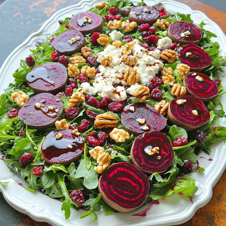 - 4 medium beets, scrubbed and trimmed - 2 tablespoons olive oil - Salt and pepper to taste - 4 cups mixed greens (arugula, spinach, and kale) - 1/2 cup goat cheese, crumbled - 1/4 cup walnuts, toasted and roughly chopped - 1/4 cup dried cranberries - 2 tablespoons balsamic vinegar - 1 tablespoon honey - Fresh herbs (like basil or parsley) for garnish The beets bring a sweet earthiness, while the greens add crunch. Goat cheese provides a creamy texture. Walnuts add a delightful crunch, and cranberries offer a hint of tartness. - Baking sheet and aluminum foil - Mixing bowls - Whisk and knife A baking sheet helps roast the beets evenly. Aluminum foil makes clean-up easy. Mixing bowls allow you to combine ingredients well. A whisk helps mix the dressing smoothly, and a knife is essential for slicing the beets. - Adjusting ingredients for larger gatherings - Individual portion suggestions This recipe serves about four people. For larger gatherings, double the ingredients. For smaller servings, you can cut the recipe in half. Each person can enjoy a colorful, tasty salad that is both healthy and filling. For the full recipe, check out "Beet the Ordinary: Roasted Beet and Goat Cheese Salad." 1. Preheating the oven: Start by setting your oven to 400°F (200°C). This heat will roast the beets well. 2. Wrapping and seasoning the beets: Take each beet. Wrap it tightly in aluminum foil. Drizzle 1 tablespoon of olive oil on each. Sprinkle with salt and pepper to taste. 3. Cooling and peeling the beets: After roasting for 45-60 minutes, check if they are tender. Remove them from the oven and let them cool. Once cool, peel them. Wear gloves to avoid stains. Slice them into wedges. 1. Mixing greens with other ingredients: In a large bowl, combine the mixed greens, beet wedges, crumbled goat cheese, toasted walnuts, and dried cranberries. 2. Tossing with dressing: In a small bowl, whisk together balsamic vinegar, honey, and the last tablespoon of olive oil. Season with salt and pepper. Drizzle it over the salad and gently toss to mix. 1. Presentation ideas: Serve your salad on a large platter. Artfully arrange the beet wedges on the greens. 2. Garnishing tips: Finish with a sprinkle of goat cheese and walnuts. Add fresh herbs for color and flavor. They give the salad a vibrant look. For a fancy touch, consider adding edible flowers. For the complete details, you can refer to the Full Recipe. Enjoy your fresh delight! Choosing the best beets is key. Look for firm, smooth skin. Avoid beets with soft spots. Smaller beets have better flavor, so choose baby beets if you can. You can roast, boil, or steam beets. Roasting brings out their natural sweetness best. Boiling is quicker, but it can make them watery. Steaming keeps their flavor and nutrients intact. To make your salad pop, add fresh herbs. Try dill, mint, or chives. They add bright notes. You can also spice it up with a pinch of cumin or paprika. For dressings, a simple vinaigrette works wonders. Mix balsamic vinegar with olive oil and a dash of mustard. Add honey for sweetness. This dressing complements the earthy beets and creamy goat cheese nicely. Overcooking the beets is a common error. Aim for fork-tender, not mushy. Keep an eye on the time. Balancing flavors is crucial too. If the salad tastes too sweet, add a pinch of salt or acid. A splash of lemon juice can brighten it up. Remember, a great salad has a mix of flavors: sweet, salty, and tangy. For more details and the ingredients, check the Full Recipe. {{image_2}} You can easily make this salad heartier. Try adding grilled chicken for protein. Just slice it thin and lay it on top. If you prefer a meat-free option, quinoa is a great choice. Cook it first, then mix it in for added texture. It adds protein and a nice crunch. If you want more plant-based proteins, think about chickpeas or lentils. They blend well with the beets and cheese. Using seasonal ingredients can really change this salad. In spring, you might add fresh peas or asparagus. In summer, try juicy berries or peaches for sweetness. In fall, roasted pumpkin or apples work great. Layer your greens with these toppings for a fresh twist. This keeps the salad exciting all year long. You can also switch up your greens. Use spinach in winter and peppery arugula in warmer months. If you need a gluten-free salad, you’re in luck! This recipe is naturally gluten-free since it has no grains. For a vegan version, skip the goat cheese. You can use cashew cheese or a dairy-free option instead. Look for lactose-free cheese if you want to keep some creaminess. These simple swaps let everyone enjoy this dish without worry. To store your Roasted Beet and Goat Cheese Salad, first, place it in an airtight container. Make sure to separate the dressing from the salad to keep it fresh. You can refrigerate the salad for up to three days. If you want to keep the beets fresh, they can last in the fridge for about five days. Always check for any signs of spoilage before you eat. Enjoying leftovers is easy. If you want to warm the beets, do it slowly. Place them in a pan over low heat. Stir them gently to avoid burning. You can also microwave them for about 30 seconds. Just make sure to cover them to keep moisture in. Never reheat the salad with goat cheese; it’s best served cold. You can freeze roasted beets, but it’s not ideal for the whole salad. To freeze, slice the beets and place them in a freezer bag. Squeeze out any air before sealing. You can keep them frozen for up to three months. When ready, thaw them in the fridge overnight. Avoid refreezing any thawed beets. This keeps their texture and flavor intact. Roasted beets can last up to a week in your fridge. Store them in an airtight container. If they smell sour or feel slimy, toss them out. Fresh beets keep their flavor longer, so always check for signs of spoilage before eating. Yes, you can use canned beets, but fresh beets taste better. Canned beets save time and are ready to use. However, they often have added salt and preservatives, which can alter their flavor. Fresh beets offer a firmer texture and a richer taste, making them ideal for this salad. Peeling roasted beets is easy! Let them cool for a bit. Then, wear gloves to avoid staining your hands. Use your fingers or a paper towel to rub off the skin. If you find it tough, a vegetable peeler works well, too. This simple method makes peeling quick and mess-free. This blog post covered everything you need for a delicious beet salad. We discussed key ingredients like beets, greens, and goat cheese. I detailed the kitchen tools you’ll need and how to serve this dish just right. Remember, you can swap ingredients based on the season or your diet. Storing leftovers is easy, too. With these tips, you'll impress everyone at your next meal. Enjoy making this tasty salad again and again!