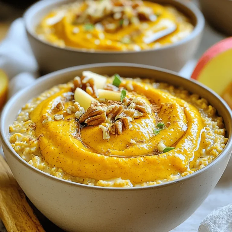 - 1 cup rolled oats - 2 cups milk (or almond milk) - 1/2 cup pumpkin puree - 1 teaspoon pumpkin spice blend - 1 tablespoon maple syrup (or honey) - 1/4 teaspoon vanilla extract - Pinch of salt - 1/4 cup chopped walnuts - 1/4 cup dried cranberries or raisins - Fresh apple slices or banana for garnish To make a warm and cozy bowl of pumpkin spice oatmeal, gather these main ingredients first. Rolled oats form the base of your dish, giving it a hearty feel. The milk, whether cow's or almond, adds creaminess. Pumpkin puree makes it rich and flavorful. The pumpkin spice blend brings that classic fall taste, while maple syrup adds sweetness. A hint of vanilla and a pinch of salt round out the flavors. Next, consider the optional add-ins for extra texture and flavor. Chopped walnuts give a nice crunch, while dried cranberries or raisins add a touch of chewiness. Fresh apple slices or banana make perfect garnishes, adding freshness to each bite. You can find the full recipe in the earlier section. Enjoy your cozy and comforting bowl of pumpkin spice oatmeal! To start, combine the rolled oats, milk, and a pinch of salt in a medium-sized saucepan. This mix creates a creamy base for your oatmeal. Next, bring the mixture to a gentle simmer over medium heat. Stir occasionally until the oats begin to soften, which takes about five minutes. Watching the oats soften is exciting. You can smell the milk heating up, and it makes your kitchen feel warm. Once your oats are soft, it's time to add some flavor! Stir in the pumpkin puree, pumpkin spice, and maple syrup. These ingredients bring a lovely fall taste to your oatmeal. Continue to cook for another two to three minutes. Keep stirring until the oatmeal reaches your desired thickness. If you like it creamy, stop cooking sooner. If you want it thicker, let it simmer a little longer. If you're feeling adventurous, mix in your optional ingredients now. Chopped walnuts or dried cranberries add great texture and flavor. After that, remove the oatmeal from the heat and let it sit for one to two minutes. This resting time helps thicken the oatmeal even more. When ready to serve, pour the warm oatmeal into bowls. Top each bowl with fresh apple slices or banana. These toppings add a sweet and refreshing touch. Enjoy your cozy, comforting bowl of pumpkin spice oatmeal! For the full recipe, check out the details above. - Use a 2-to-1 ratio of liquid to oats. This balance keeps your oatmeal creamy. - Stir the mix often. This step stops the oats from sticking to the pan. - Serve your oatmeal in deep bowls. Add a swirl of pumpkin on top. This makes it look nice. - Drizzle some maple syrup over the top. It adds sweetness and shines. These tips will not only help you cook better but also make your meal more enjoyable. For the complete recipe, check out the Full Recipe. {{image_2}} You can make pumpkin spice oatmeal even healthier. Here are two great swaps: - Substitute almond milk for dairy. Almond milk adds a nutty flavor and is lower in calories. - Use agave syrup instead of maple syrup. Agave has a lower glycemic index, making it a better choice for sweetening. These changes keep your bowl cozy while giving you a nutritious boost. Want to take your oatmeal up a notch? Try these flavor enhancements: - Add chocolate chips or coconut for a fun twist. Chocolate brings a rich taste, while coconut adds chewy texture. - Experiment with different nut butters like almond or peanut. Nut butter adds creaminess and protein, making it more filling. These small changes can transform your pumpkin spice oatmeal into a delightful experience. For the complete recipe, check out the Full Recipe. To keep your pumpkin spice oatmeal fresh, store it in the refrigerator. It will last for up to 3 days. Use an airtight container to prevent it from drying out. This keeps the oats moist and tasty for your next meal. When you're ready to enjoy your leftover oatmeal, use the microwave. Heat it for 1-2 minutes. Add a splash of milk for creaminess. Stir well before serving to mix in any bits that settled. This way, your cozy bowl will taste just as good as the first time! Pumpkin spice is a warm blend of spices. It often includes cinnamon, nutmeg, and ginger. Some blends may add allspice or cloves. This mix brings a cozy flavor that reminds many of fall and holiday treats. You can use this blend in drinks, baked goods, and, of course, oatmeal. Yes, you can easily make pumpkin spice oatmeal gluten-free. Just choose gluten-free rolled oats. Many brands offer certified gluten-free options. Be sure to check the label to avoid cross-contamination with gluten. This way, everyone can enjoy this cozy bowl. To make your oatmeal vegan, replace dairy milk with almond milk or another plant-based milk. You can also swap maple syrup for agave nectar. For creaminess, use coconut cream instead of any dairy. These simple swaps keep the flavor rich and delicious. Pumpkin spice oatmeal is packed with nutrients. Rolled oats provide fiber, keeping you full longer. Pumpkin puree adds vitamins A and C, plus antioxidants. If you use maple syrup, it adds natural sweetness without refined sugar. Overall, this dish is a healthy, comforting choice. Yes! To make overnight pumpkin spice oatmeal, mix all ingredients in a jar. Use the same amounts from the recipe. Stir well and seal the jar. Refrigerate overnight. In the morning, enjoy it cold or warm it up. It’s a great grab-and-go option. You can find pumpkin spice oatmeal products in many stores. Look for instant oatmeal packets with pumpkin spice flavor. Some brands offer ready-made oatmeal cups, too. You can also find pumpkin spice mixes in the baking aisle. These options can save time but still deliver great taste. For the full recipe, check out my detailed guide. This blog post guides you through making delicious pumpkin spice oatmeal. We covered key ingredients, simple steps, and useful tips. I shared ways to customize your dish with optional add-ins and variations. You learned how to store and reheat leftovers easily. Pumpkin spice oatmeal is not only tasty but also healthy. It’s perfect for breakfast or a snack. Enjoy the warmth and comfort of this easy recipe. You can mix it up to suit your taste. Now, it’s your turn to try making it!