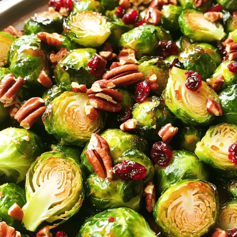 To make maple glazed Brussels sprouts, you need these simple ingredients: - 1 lb Brussels sprouts, trimmed and halved - 3 tablespoons maple syrup - 2 tablespoons olive oil - 1 tablespoon balsamic vinegar - 2 cloves garlic, minced - Salt and pepper to taste - 1/4 cup pecans, chopped - 1/4 cup dried cranberries These ingredients work together to create a sweet and savory dish. The Brussels sprouts bring a nice crunch, while the maple syrup adds a rich sweetness. Olive oil helps the sprouts roast to a perfect golden brown. Balsamic vinegar adds a tangy kick, balancing the dish well. Garlic gives a lovely aroma, making each bite flavorful. The pecans add crunch, and the cranberries offer a chewy sweetness. This dish is not just tasty; it is also healthy, making it a great choice for any meal. For the full recipe, check out the detailed instructions to bring this dish to life! - Preheat the oven to 400°F (200°C). - In a large bowl, combine the Brussels sprouts with olive oil, maple syrup, balsamic vinegar, and minced garlic. - Season the mixture with salt and pepper. Toss to ensure Brussels sprouts are well-coated. - Spread the Brussels sprouts on a baking sheet in a single layer. - Roast for 20-25 minutes, stirring halfway through for even cooking. - Add the chopped pecans in the last 5 minutes of roasting. - Once done, fold in the dried cranberries after roasting. This recipe is simple yet delicious, making it a great choice for any meal. For the full recipe, check the details above. Even cooking is key to making tasty maple glazed Brussels sprouts. When you cut the Brussels sprouts in half, it helps them cook evenly. Spread them out in a single layer on the baking sheet. This allows hot air to flow around them, making sure they roast well. Stir them halfway through cooking. This step helps brown all sides and gives you that perfect caramelization. To achieve the best caramelization, use a higher oven temperature. The heat helps the natural sugars in the sprouts to caramelize. When you combine the maple syrup with olive oil, you create a nice glaze. This glaze coats the sprouts and adds sweet flavor. For a beautiful presentation, serve the Brussels sprouts on a large platter. Drizzle some extra maple syrup on top for shine. Add a sprinkle of chopped pecans and cranberries as a garnish. This not only adds color but also texture. Pair these sprouts with main dishes like roasted chicken or grilled fish. They also work well as a side with hearty grains or salads. The sweet and savory flavors balance nicely with rich or light meals. You can easily swap ingredients based on your needs. If you want to make it vegan, use agave syrup instead of maple syrup. For nut allergies, skip the pecans and use sunflower seeds. You can also add walnuts or almonds for different flavors. If you prefer a lower sugar option, try using less maple syrup. You can also use fresh herbs like thyme for a savory twist. Each change offers a new taste while keeping the dish delicious. For the full recipe, check the section above. {{image_2}} You can make maple glazed Brussels sprouts even better. Try adding spices like cinnamon or cayenne for warmth. A pinch of nutmeg can also add depth. If you want a bright twist, mix in citrus zest. Lemon or orange zest gives a fresh taste. You could also toss in dried fruits like diced apples or pears for sweetness. These changes bring new flavors to your dish. If you want a lighter option, use less maple syrup. You can cut it down by half and still enjoy great taste. For a vegan twist, swap out honey for maple syrup. If you need gluten-free options, all the ingredients are already safe! This dish fits into many diets, making it a smart choice for gatherings. You can change this dish with the seasons. For a holiday touch, add roasted chestnuts or pomegranate seeds. These add color and flavor to your plate. In summer, fresh herbs like basil or mint can brighten the dish. Just chop them finely and mix them in after roasting. This keeps the herbs fresh and vibrant. Enjoy making this dish year-round! To store leftovers, place the Brussels sprouts in an airtight container. This helps keep them fresh. They can last in the fridge for about 3 to 5 days. Before storing, make sure they cool down to room temperature. This keeps moisture from forming in the container. If you want to freeze them, first let the sprouts cool completely. Spread them on a baking sheet in a single layer. Freeze for about 1 hour. Then, transfer them to a freezer-safe bag. They can stay good for up to 3 months. When you’re ready to eat them, take the sprouts out of the freezer. Let them thaw in the fridge overnight. For quick thawing, place them in cold water for a couple of hours. To reheat, use the oven for the best texture. Preheat it to 350°F (175°C). Spread the sprouts on a baking sheet and heat for about 10 to 15 minutes. This keeps them crispy. If you use a microwave, place them in a bowl with a splash of water. Cover and heat for 2 to 3 minutes. Be careful, as this can make them soggy. To avoid that, use the oven when you can. For more details, check the Full Recipe. How to make maple-glazed Brussels sprouts? To make maple-glazed Brussels sprouts, start by preheating your oven to 400°F (200°C). Then, trim and halve 1 lb of Brussels sprouts. In a bowl, mix them with 3 tablespoons of maple syrup, 2 tablespoons of olive oil, 1 tablespoon of balsamic vinegar, and 2 cloves of minced garlic. Add salt and pepper to taste. Toss everything well. Spread the sprouts on a baking sheet and roast for 20-25 minutes, stirring halfway through. In the last 5 minutes, add 1/4 cup of chopped pecans. After roasting, fold in 1/4 cup of dried cranberries. You can find the Full Recipe for more details. Can I make this recipe ahead of time? Yes, you can prepare the Brussels sprouts ahead. You can mix the sprouts with the glaze and store them in the fridge for up to a day. Just roast them right before serving to keep them fresh. What are some good side dishes to pair with Brussels sprouts? Brussels sprouts pair well with many dishes. Consider serving them with roasted chicken, grilled salmon, or a hearty grain salad. They also go great with mashed potatoes or quinoa for a full meal. Caloric breakdown per serving One serving of maple-glazed Brussels sprouts has about 180 calories. This includes the healthy fats from the olive oil and pecans, plus the natural sweetness from the maple syrup. Health benefits of Brussels sprouts Brussels sprouts are very nutritious. They are high in fiber, vitamin C, and vitamin K. These nutrients help support your immune system and keep your bones strong. They also contain antioxidants, which are good for overall health. Best restaurants serving maple-glazed Brussels sprouts Many restaurants feature this dish. Look for farm-to-table restaurants or those with a focus on seasonal ingredients. Often, upscale dining spots will have their twist on maple-glazed Brussels sprouts. Where to find this dish locally Check your local bistros or cafes. They often create special dishes based on seasonal produce. You might find tasty maple-glazed Brussels sprouts on their menus, especially in the fall and winter months. In this post, we explored a simple, tasty maple-glazed Brussels sprouts recipe. You learned about the ingredients, step-by-step cooking process, and some smart tips for variations. I shared ways to store and reheat leftovers, ensuring you keep your dish fresh and delicious. In conclusion, this dish is not just healthy; it’s also versatile and fun. Enjoy experimenting with flavors and make it your own! Happy cooking!