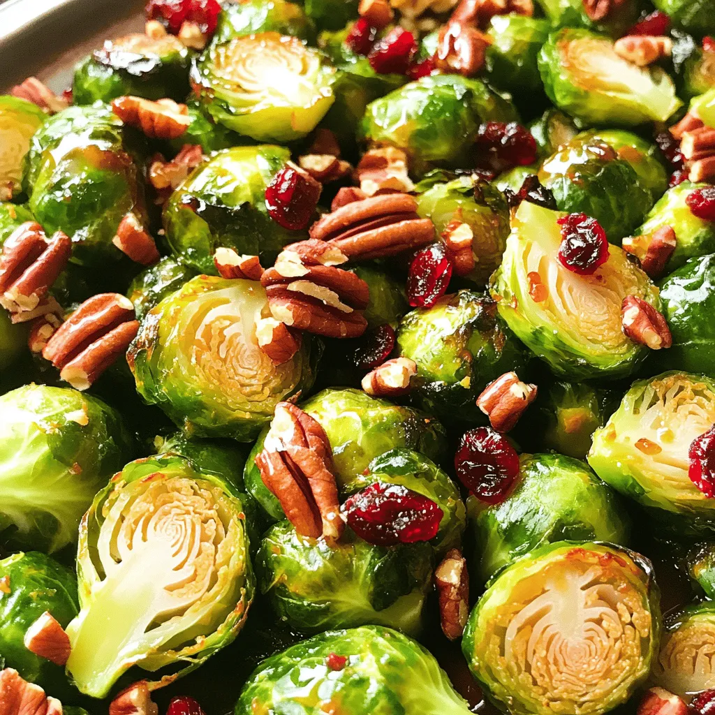 To make maple glazed Brussels sprouts, you need these simple ingredients: - 1 lb Brussels sprouts, trimmed and halved - 3 tablespoons maple syrup - 2 tablespoons olive oil - 1 tablespoon balsamic vinegar - 2 cloves garlic, minced - Salt and pepper to taste - 1/4 cup pecans, chopped - 1/4 cup dried cranberries These ingredients work together to create a sweet and savory dish. The Brussels sprouts bring a nice crunch, while the maple syrup adds a rich sweetness. Olive oil helps the sprouts roast to a perfect golden brown. Balsamic vinegar adds a tangy kick, balancing the dish well. Garlic gives a lovely aroma, making each bite flavorful. The pecans add crunch, and the cranberries offer a chewy sweetness. This dish is not just tasty; it is also healthy, making it a great choice for any meal. For the full recipe, check out the detailed instructions to bring this dish to life! - Preheat the oven to 400°F (200°C). - In a large bowl, combine the Brussels sprouts with olive oil, maple syrup, balsamic vinegar, and minced garlic. - Season the mixture with salt and pepper. Toss to ensure Brussels sprouts are well-coated. - Spread the Brussels sprouts on a baking sheet in a single layer. - Roast for 20-25 minutes, stirring halfway through for even cooking. - Add the chopped pecans in the last 5 minutes of roasting. - Once done, fold in the dried cranberries after roasting. This recipe is simple yet delicious, making it a great choice for any meal. For the full recipe, check the details above. Even cooking is key to making tasty maple glazed Brussels sprouts. When you cut the Brussels sprouts in half, it helps them cook evenly. Spread them out in a single layer on the baking sheet. This allows hot air to flow around them, making sure they roast well. Stir them halfway through cooking. This step helps brown all sides and gives you that perfect caramelization. To achieve the best caramelization, use a higher oven temperature. The heat helps the natural sugars in the sprouts to caramelize. When you combine the maple syrup with olive oil, you create a nice glaze. This glaze coats the sprouts and adds sweet flavor. For a beautiful presentation, serve the Brussels sprouts on a large platter. Drizzle some extra maple syrup on top for shine. Add a sprinkle of chopped pecans and cranberries as a garnish. This not only adds color but also texture. Pair these sprouts with main dishes like roasted chicken or grilled fish. They also work well as a side with hearty grains or salads. The sweet and savory flavors balance nicely with rich or light meals. You can easily swap ingredients based on your needs. If you want to make it vegan, use agave syrup instead of maple syrup. For nut allergies, skip the pecans and use sunflower seeds. You can also add walnuts or almonds for different flavors. If you prefer a lower sugar option, try using less maple syrup. You can also use fresh herbs like thyme for a savory twist. Each change offers a new taste while keeping the dish delicious. For the full recipe, check the section above. {{image_2}} You can make maple glazed Brussels sprouts even better. Try adding spices like cinnamon or cayenne for warmth. A pinch of nutmeg can also add depth. If you want a bright twist, mix in citrus zest. Lemon or orange zest gives a fresh taste. You could also toss in dried fruits like diced apples or pears for sweetness. These changes bring new flavors to your dish. If you want a lighter option, use less maple syrup. You can cut it down by half and still enjoy great taste. For a vegan twist, swap out honey for maple syrup. If you need gluten-free options, all the ingredients are already safe! This dish fits into many diets, making it a smart choice for gatherings. You can change this dish with the seasons. For a holiday touch, add roasted chestnuts or pomegranate seeds. These add color and flavor to your plate. In summer, fresh herbs like basil or mint can brighten the dish. Just chop them finely and mix them in after roasting. This keeps the herbs fresh and vibrant. Enjoy making this dish year-round! To store leftovers, place the Brussels sprouts in an airtight container. This helps keep them fresh. They can last in the fridge for about 3 to 5 days. Before storing, make sure they cool down to room temperature. This keeps moisture from forming in the container. If you want to freeze them, first let the sprouts cool completely. Spread them on a baking sheet in a single layer. Freeze for about 1 hour. Then, transfer them to a freezer-safe bag. They can stay good for up to 3 months. When you’re ready to eat them, take the sprouts out of the freezer. Let them thaw in the fridge overnight. For quick thawing, place them in cold water for a couple of hours. To reheat, use the oven for the best texture. Preheat it to 350°F (175°C). Spread the sprouts on a baking sheet and heat for about 10 to 15 minutes. This keeps them crispy. If you use a microwave, place them in a bowl with a splash of water. Cover and heat for 2 to 3 minutes. Be careful, as this can make them soggy. To avoid that, use the oven when you can. For more details, check the Full Recipe. How to make maple-glazed Brussels sprouts? To make maple-glazed Brussels sprouts, start by preheating your oven to 400°F (200°C). Then, trim and halve 1 lb of Brussels sprouts. In a bowl, mix them with 3 tablespoons of maple syrup, 2 tablespoons of olive oil, 1 tablespoon of balsamic vinegar, and 2 cloves of minced garlic. Add salt and pepper to taste. Toss everything well. Spread the sprouts on a baking sheet and roast for 20-25 minutes, stirring halfway through. In the last 5 minutes, add 1/4 cup of chopped pecans. After roasting, fold in 1/4 cup of dried cranberries. You can find the Full Recipe for more details. Can I make this recipe ahead of time? Yes, you can prepare the Brussels sprouts ahead. You can mix the sprouts with the glaze and store them in the fridge for up to a day. Just roast them right before serving to keep them fresh. What are some good side dishes to pair with Brussels sprouts? Brussels sprouts pair well with many dishes. Consider serving them with roasted chicken, grilled salmon, or a hearty grain salad. They also go great with mashed potatoes or quinoa for a full meal. Caloric breakdown per serving One serving of maple-glazed Brussels sprouts has about 180 calories. This includes the healthy fats from the olive oil and pecans, plus the natural sweetness from the maple syrup. Health benefits of Brussels sprouts Brussels sprouts are very nutritious. They are high in fiber, vitamin C, and vitamin K. These nutrients help support your immune system and keep your bones strong. They also contain antioxidants, which are good for overall health. Best restaurants serving maple-glazed Brussels sprouts Many restaurants feature this dish. Look for farm-to-table restaurants or those with a focus on seasonal ingredients. Often, upscale dining spots will have their twist on maple-glazed Brussels sprouts. Where to find this dish locally Check your local bistros or cafes. They often create special dishes based on seasonal produce. You might find tasty maple-glazed Brussels sprouts on their menus, especially in the fall and winter months. In this post, we explored a simple, tasty maple-glazed Brussels sprouts recipe. You learned about the ingredients, step-by-step cooking process, and some smart tips for variations. I shared ways to store and reheat leftovers, ensuring you keep your dish fresh and delicious. In conclusion, this dish is not just healthy; it’s also versatile and fun. Enjoy experimenting with flavors and make it your own! Happy cooking!