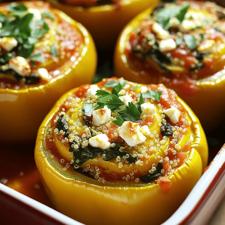 To make the best spinach and feta stuffed peppers, gather these items: - 4 large bell peppers (any color) - 2 cups fresh spinach, chopped - 1 cup crumbled feta cheese - 1 cup cooked quinoa - 1 small onion, diced - 2 cloves garlic, minced - 1 tablespoon olive oil - 1 teaspoon dried oregano - Salt and pepper to taste - ½ cup marinara sauce (for topping) - Fresh parsley for garnish (optional) Each ingredient in this recipe offers great health benefits. - Bell peppers are rich in vitamins A and C. They can boost your immune system. - Spinach is a powerhouse of iron and calcium. It supports strong bones and blood. - Feta cheese adds protein and healthy fats. It can aid in muscle recovery. - Quinoa is a complete protein. It provides all nine essential amino acids. - Garlic can help reduce blood pressure and improve heart health. I suggest choosing organic options when possible. Organic vegetables taste better and are free of pesticides. - For bell peppers, look for brands like Organic Valley. - Feta cheese from brands like Athenos is solid and tasty. - When selecting quinoa, try Ancient Harvest for quality grains. Using these brands can help you enjoy a fresher, healthier meal. For the full recipe, refer to the earlier section. Start by washing the bell peppers. Choose any color you like. Cut the tops off each pepper. Remove the seeds and membranes inside. Set the cleaned peppers aside. This step is fun and easy. Next, grab a skillet. Heat one tablespoon of olive oil over medium heat. Add the diced onion and minced garlic. Cook for about three to four minutes until they smell good and look clear. Then, add the chopped spinach. Stir it in and cook for two to three minutes until it wilts. This mix adds great flavor to our filling. In a large bowl, mix the sautéed veggies with cooked quinoa, crumbled feta, oregano, salt, and pepper. Stir it well. Now, fill each bell pepper with this tasty mix. Place the stuffed peppers upright in a baking dish. Pour marinara sauce over each pepper. Cover the dish with aluminum foil and bake at 375°F (190°C) for 25 minutes. Then, remove the foil and bake for another 10-15 minutes until the peppers are soft and brown on top. This will make your kitchen smell amazing! Let them cool a bit before serving. You can garnish with fresh parsley if you want. For the full recipe, check out the instructions above. To make perfect stuffed peppers, choose large, firm bell peppers. Red, yellow, or green all work well. Cut off the tops and remove the seeds. You want them to stand upright, so pick ones with a flat bottom. For the filling, mix spinach, feta, and quinoa well. This will help the flavors blend. Stuff each pepper generously, packing the filling in tightly. Bake them covered first to help steam and soften the peppers. Remove the cover later to brown the tops. One common mistake is overcooking the peppers. Keep an eye on the time. If they cook too long, they can become mushy. Another mistake is underseasoning the filling. Taste it before stuffing the peppers to adjust flavor. Also, don’t skip the marinara sauce on top. It adds moisture and extra flavor. Finally, remember to let them cool a bit after baking. This helps the filling set and makes them easier to eat. To enhance flavor, try adding herbs like fresh basil or dill. These herbs pair well with spinach and feta. You can also mix in sun-dried tomatoes for a tangy kick. If you like spice, add red pepper flakes to the filling. For a richer taste, drizzle a bit more olive oil over the top before baking. Pair the stuffed peppers with a fresh salad or crusty bread for a complete meal. For the full recipe, check the link provided. {{image_2}} You can easily adjust this recipe for different diets. For a vegan option, replace feta cheese with a plant-based alternative. Use tofu or chickpeas instead of quinoa for a protein boost. If gluten-free is your goal, quinoa works well since it is naturally gluten-free. You can also use brown rice or cauliflower rice for a low-carb choice. Feel free to play with spices to change the taste. Adding cumin gives a warm, earthy flavor. Paprika adds a nice kick, while crushed red pepper can spice things up. You might want to include fresh herbs like basil or dill for a fresh taste. Each spice or herb can change the dish, making it fun to experiment. These stuffed peppers shine on their own but pair well with sides. A simple green salad adds a fresh touch. Grilled vegetables can complement the flavors nicely. Serve with crusty bread to soak up any sauce. You could also add a dollop of yogurt or sour cream for creaminess. For more ideas, check out the Full Recipe for inspiration! To keep your cooked stuffed peppers fresh, let them cool first. Place them in an airtight container. Store them in the fridge for up to four days. Make sure to separate layers with parchment paper if they stack. Reheat your stuffed peppers in the oven for best results. Preheat the oven to 350°F (175°C). Place the peppers in a baking dish and cover them with foil. Bake for about 20 minutes or until heated through. You can also use the microwave. Just place one pepper on a microwave-safe plate and heat for 2-3 minutes. You can freeze stuffed peppers for later. First, cool them completely. Wrap each pepper in plastic wrap, then place them in a freezer bag. They can last for up to three months. To thaw, leave them in the fridge overnight. You can then reheat them in the oven as mentioned above. Yes, you can use other cheeses. Feta gives a tangy taste. You could try goat cheese for creaminess. Mozzarella will melt well, adding a lovely texture. If you want a sharper flavor, try cheddar. Just remember, the flavor will change with different cheese. Stuffed peppers will last about 3 to 5 days in the fridge. Make sure to keep them in an airtight container. This keeps them fresh and tasty. If you want them to last longer, consider freezing them instead. You can use rice instead of quinoa. Brown rice works well and adds fiber. Couscous is another good choice. If you want something lighter, try using cauliflower rice. Each option changes the flavor and texture a bit, so choose what you like best. For the full recipe, check the details above. Spinach and feta stuffed peppers are easy to make and full of flavor. We discussed the key ingredients and their nutrients, plus brand suggestions. I shared step-by-step instructions to prep, fill, and bake the peppers. Tips covered common pitfalls and ways to boost flavor. We explored variations for different diets and sides. Finally, I shared how to store and reheat leftovers. Now, you can enjoy tasty stuffed peppers anytime, fresh or frozen. Simple recipes bring joy and good health to your meals.