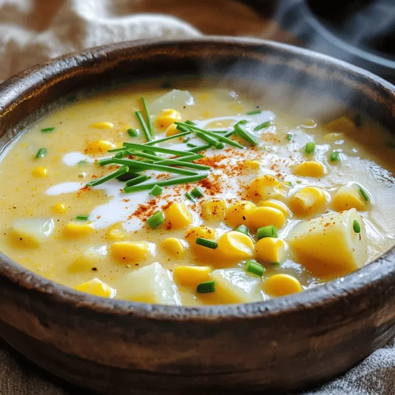 - 4 cups fresh corn kernels (or frozen if out of season) - 1 medium onion, finely chopped - 2 cloves garlic, minced - 2 medium potatoes, peeled and diced - 3 cups vegetable broth - 1 cup heavy cream (or coconut milk for a lighter version) - 2 tablespoons olive oil - 1 teaspoon smoked paprika - Salt and pepper to taste - Fresh chives, chopped (for garnish) Using fresh corn gives the chowder a sweet and bright flavor. If corn is out of season, frozen corn works just as well. It’s picked at peak ripeness and frozen quickly. Always check for quality when choosing frozen corn. Vegetable broth is key for depth in this chowder. It adds rich flavor without overpowering the corn. You can use homemade broth or store-bought. Just watch the sodium levels if you use pre-made broth. Garnishes add flair and taste. Fresh chives brighten up the dish. You can also add a sprinkle of smoked paprika for extra warmth. Feel free to get creative with spices! A dash of cayenne or some herbs could elevate the flavors. For the full recipe, follow the steps to create this delicious chowder. Sautéing the base Start by heating 2 tablespoons of olive oil in a large pot over medium heat. Add 1 medium onion, finely chopped. Sauté it until it turns translucent, which takes about 4-5 minutes. This step builds a strong flavor base for your chowder. Next, stir in 2 cloves of minced garlic and let it cook for 1-2 minutes. The garlic adds warmth and depth to the dish. Combining ingredients Now it’s time to add the heart of the chowder. Toss in 2 medium potatoes, peeled and diced, along with 4 cups of fresh corn kernels. If fresh corn isn’t available, frozen corn works just as well. Mix everything well. Once combined, pour in 3 cups of vegetable broth. Bring the mixture to a boil, and then reduce the heat to a simmer. Let it cook for about 15 minutes, until the potatoes are tender. Blending for texture Once your potatoes are cooked, grab an immersion blender. Puree part of the soup to create a creamy texture, but leave some chunks for a nice bite. If you don’t have an immersion blender, you can transfer half the mixture to a regular blender. Blend it until smooth, then return it to the pot. After blending, stir in 1 cup of heavy cream and 1 teaspoon of smoked paprika. Let it simmer for another 5 minutes to meld the flavors together. Season with salt and pepper to taste. Serve hot, garnished with fresh chives for a pop of color and flavor. For the complete method, check the Full Recipe. - Overcooking the corn: When making creamy corn chowder, cook the corn just right. Overcooked corn loses its sweet flavor and crunch. Aim to add it towards the end of cooking. This way, it stays fresh and bright in your chowder. - Blending techniques for optimal creaminess: For a perfect balance of texture, only blend part of the soup. Use an immersion blender to puree some of it, but leave chunks for a hearty feel. If you prefer a smooth chowder, blend all of it, but remember to keep some texture for depth. - Adjusting seasoning: Taste your chowder before serving. Sometimes, it may need a little more salt or pepper. Season as you go. This helps you find the perfect balance and enhances all the flavors in the dish. - Adding herbs and spices: Fresh herbs, like thyme or basil, can add a lovely touch. Stir them in at the end of cooking for the best flavor. You can also use spices like cayenne pepper for a bit of heat or smoked paprika to boost the smoky flavor. - Using different types of broth: While vegetable broth works well, chicken broth adds depth. You can even try a homemade broth for a richer taste. Each type of broth will change the flavor, so choose one that excites you. - Dairy alternatives for creaminess: If you prefer a dairy-free option, try coconut milk instead of heavy cream. It brings a nice sweetness and creaminess. Almond or cashew cream is also a great choice to keep it rich while being dairy-free. Check out the Full Recipe for all the details! {{image_2}} When you want to mix things up, try these tasty options for your creamy corn chowder. Vegan and dairy-free versions You can easily make this chowder vegan! Just swap heavy cream with coconut milk. Use vegetable broth and skip any dairy. The flavor stays rich and creamy, perfect for everyone. Adding protein (chicken, shrimp, or beans) Want more protein? Add cooked chicken or shrimp for a hearty twist. If you prefer a plant-based option, try black beans or chickpeas. Just stir them in during the last few minutes of cooking. Flavor twists (smoked bacon or cheese) For a savory kick, add smoked bacon. Cook it first, then sauté the onions in the bacon fat. You can also stir in cheese at the end for a creamy finish. Cheddar or gouda works great, adding depth to the chowder. These variations keep your chowder exciting and cater to different tastes. Explore the options and find your favorite twist! For the complete recipe, check out the Full Recipe. To keep your creamy corn chowder fresh, choose the right container. Glass jars or airtight plastic containers work well. These keep the chowder safe from air and odors. Store the chowder in the fridge if you plan to eat it in a few days. In the fridge, it lasts about three to four days. If you want to save it longer, freezing is best. Just make sure to leave some space in the container for the chowder to expand. When you’re ready to eat, reheating is easy. Pour the chowder into a pot over low heat. Stir often to avoid sticking. If the chowder seems too thick, add a splash of water or broth. You can also use a microwave. Heat it in short bursts, stirring in between. This keeps the chowder creamy and tasty. For more details on making this delicious dish, check out the Full Recipe. Can I use canned corn? Yes, you can use canned corn. It saves time and still tastes good. Just drain and rinse it before adding to the chowder. Canned corn is sweet and tender, making it a quick option. How to thicken my chowder? You can thicken your chowder by using a few methods. One way is to blend part of the soup, which gives a creamy texture. Another method is to add a slurry made from cornstarch and cold water. Just mix one tablespoon of cornstarch with two tablespoons of cold water, stir, and add it to the chowder. Let it simmer for a few minutes to thicken. Can Creamy Corn Chowder be made ahead of time? Yes, you can make this chowder ahead of time. It tastes even better the next day as the flavors blend. Just store it in the fridge for up to three days. Reheat it gently on the stove, adding a splash of broth if needed. What can I use instead of heavy cream? If you want a lighter version, use coconut milk or almond milk. These options keep the soup creamy without the extra fat. You can also use half-and-half for a richer flavor. Alternatives for vegetable broth? You can use chicken broth instead of vegetable broth if you prefer. If you want a vegetarian option, water with added seasonings can work too. Just add salt, pepper, and herbs to enhance the flavor. Substituting potatoes with other vegetables? If you want to switch out potatoes, try using sweet potatoes or cauliflower. These veggies add unique flavors and textures. You can also use zucchini or carrots for a fun twist in your chowder. For the full recipe, check out the link above! In this post, we covered how to make creamy corn chowder. We discussed ingredient choices, like fresh versus frozen corn, and the role of vegetable broth. I shared step-by-step cooking instructions and tips to avoid common mistakes. We explored variations for different diets and storage methods for leftovers. Remember, a few easy adjustments can make a big difference in flavor and texture. Now, you're ready to create a tasty chowder that fits your needs and preferences. Enjoy cooking and experimenting with your flavors!