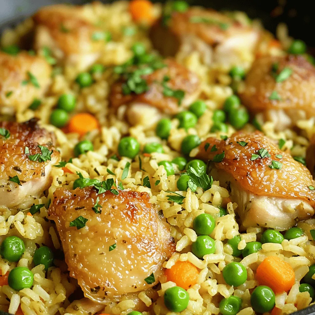 - Chicken ingredients - 2 cups boneless, skinless chicken thighs, diced - Rice and broth components - 1 cup long-grain rice - 2 cups low-sodium chicken broth - Aromatics and seasoning details - 1 medium onion, diced - 2 cloves garlic, minced - 1 cup frozen peas and carrots - 1 tablespoon olive oil - 1 teaspoon dried thyme - 1 teaspoon paprika - Salt and pepper to taste - Fresh parsley, chopped (for garnish) This Chicken and Rice Skillet Bake uses simple, fresh ingredients. The chicken thighs give it a rich flavor. Long-grain rice absorbs the broth well, creating a tasty dish. The onion and garlic add depth. Peas and carrots bring color and nutrition. Thyme and paprika enhance the overall taste. Olive oil helps in browning the chicken nicely. For a complete cooking experience, check out the Full Recipe. 1. Preheat the oven: Set your oven to 375°F (190°C). This makes sure it's hot and ready for baking. 2. Sauté chicken: In a large oven-safe skillet, heat 1 tablespoon of olive oil over medium heat. Add 2 cups of diced chicken thighs. Season with salt, pepper, 1 teaspoon of dried thyme, and 1 teaspoon of paprika. Cook the chicken for 5-7 minutes until it turns golden brown. 3. Add aromatics: Next, stir in 1 medium diced onion and 2 minced garlic cloves. Cook for another 2-3 minutes until the onion softens and smells good. 4. Incorporate rice: Add 1 cup of long-grain rice to the skillet. Stir it for 1-2 minutes to mix it well with the chicken and onion. 5. Add broth and veggies: Pour in 2 cups of low-sodium chicken broth and mix in 1 cup of frozen peas and carrots. Let this mixture simmer gently. 1. Cover and transfer to the oven: Lower the heat to low. Cover the skillet with a lid or aluminum foil. Carefully move it to the preheated oven. 2. Baking time and temperature: Bake for 25-30 minutes. The rice should be fully cooked and the liquid mostly absorbed. 1. Rest and fluff: Once done, take the skillet out of the oven. Let it rest, covered, for 5-10 minutes. This helps the rice finish cooking. Fluff the rice gently with a fork. 2. Garnish and serve: Sprinkle chopped fresh parsley on top to add color and a fresh taste. Serve hot from the skillet, and enjoy this delicious meal. For the full recipe, check out the complete instructions. To ensure the perfect rice texture, rinse your rice before cooking. This removes excess starch and helps prevent it from becoming sticky. Use a 2:1 ratio of broth to rice for fluffy grains. Adjusting seasoning levels is key for flavor. Start with salt and pepper. Taste as you go, and add more spices if needed. You can always add more, but you can't take it out. For this recipe, a heavy-bottomed skillet works best. A cast-iron skillet retains heat well and gives nice browning. Make sure it is oven-safe for best results. Use a sharp knife for chopping ingredients quickly. A sturdy cutting board also helps with safe food prep. An instant-read thermometer can help you ensure your chicken is cooked properly. Serve this dish with a simple green salad. A light vinaigrette pairs nicely with the rich flavors of the chicken and rice. If you enjoy wine, a chilled white like Sauvignon Blanc is a great choice. For something non-alcoholic, try sparkling water with a slice of lemon. This adds a refreshing touch to your meal. For the full recipe, check the previous section. {{image_2}} You can change the protein in this dish for variety. Instead of chicken, try turkey or tofu. Turkey gives a similar taste but is leaner. For a plant-based option, tofu works well and soaks up flavors. Just make sure to press the tofu to remove excess moisture. You can also switch up the vegetables. Instead of peas and carrots, use bell peppers, broccoli, or zucchini. Fresh veggies add color and nutrients. Just be sure to chop them into small pieces for even cooking. To boost flavors, add spices or herbs. Try cumin or oregano for a warm taste. You can also add a pinch of cayenne for some heat. Fresh herbs like basil or cilantro add brightness, too. Add them right before serving for the best flavor. Sauce variations can change the whole dish. A splash of soy sauce or teriyaki sauce adds depth. For a creamy touch, stir in a bit of sour cream or cream cheese before baking. These small changes make the meal exciting and new. Feel free to explore these variations to make the dish your own. For the full recipe, check out the detailed instructions. To store leftovers, let the dish cool down first. Place the chicken and rice in an airtight container. Make sure to cover it well. Store it in the fridge for up to three days. When you are ready to eat, reheat it on the stove or in the microwave. You can freeze the chicken and rice for later use. After the dish cools, scoop portions into freezer-safe bags or containers. Squeeze out as much air as you can to prevent freezer burn. Label the bags with the date. It can last up to three months in the freezer. To reheat, thaw it overnight in the fridge. Warm it up in a pan or microwave until hot. For best taste and safety, eat the dish within three days if stored in the fridge. Frozen meals are best used within three months. Always check for signs of spoilage before eating. If it smells off or looks strange, throw it away. Keeping your food fresh ensures you enjoy every bite! Can I use brown rice instead of white rice? Yes, you can use brown rice. Just remember, brown rice takes longer to cook. You might need more broth and a longer baking time. I suggest cooking it for about 45-50 minutes instead of 25-30 minutes. How can I make this recipe gluten-free? To make this dish gluten-free, use gluten-free chicken broth. Check the rice brand to ensure it is gluten-free too. Most long-grain rice is safe, but it is good to double-check. Can I cook this on the stovetop instead? Yes, you can cook this on the stovetop. After sautéing the chicken and veggies, add the rice and broth. Bring it to a boil, then lower the heat. Cover and let it simmer until the rice is tender, about 20-25 minutes. This dish is rich in protein and fiber. The chicken provides lean protein. The rice gives you energy, and the peas add vitamins. One serving has about 400 calories. It is a balanced meal with carbs, protein, and veggies. Enjoy it as a healthy family dinner! This blog covered how to make a delicious chicken and rice dish. We explored ingredients, cooking steps, and helpful tips. You learned about variations and how to store leftovers. Remember, perfect rice starts with proper technique and seasoning adjustments. Feel free to swap in different proteins or veggies. This recipe is versatile, so get creative! Keep your meals fresh and safe with smart storage practices. Enjoy your cooking!