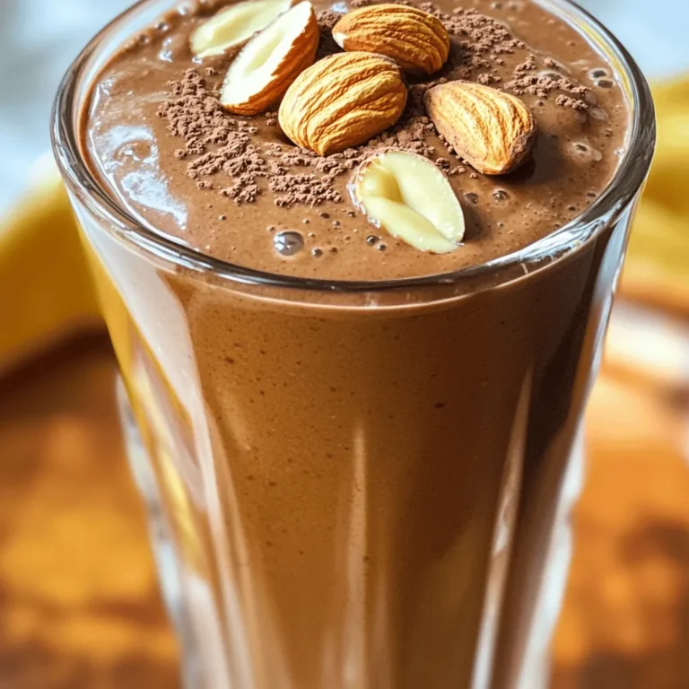 To make a delicious Chocolate Almond Butter Shake, you need: - 1 ripe banana - 2 tablespoons almond butter - 2 tablespoons cocoa powder - 1 tablespoon honey or maple syrup (to taste) - 1 cup almond milk (or any milk of your choice) - 1/2 teaspoon vanilla extract - A pinch of sea salt - 1/2 cup ice cubes (optional for a thicker shake) You can easily swap some ingredients if needed: - Banana: Use 1/2 cup unsweetened applesauce or 1/2 avocado. - Almond Butter: Any nut butter works, like peanut or cashew butter. - Cocoa Powder: Carob powder is a great caffeine-free option. - Honey/Maple Syrup: Agave nectar or stevia can replace these. - Almond Milk: Use oat milk, coconut milk, or regular dairy milk. - Vanilla Extract: You can skip it or use almond extract for a different flavor. - Sea Salt: If you're out, regular table salt works too. - Ice Cubes: You can leave these out for a creamy shake. This shake is packed with nutrients. Here’s what you get per serving: - Calories: About 350 - Protein: 8 grams - Fat: 15 grams - Carbohydrates: 45 grams - Fiber: 5 grams - Sugar: 24 grams This shake is rich in healthy fats and natural sugars. It provides energy and keeps you full. Enjoy this tasty treat as a breakfast or snack! For the complete recipe, check out the Full Recipe section. To make your Chocolate Almond Butter Shake, start by peeling the ripe banana. This adds natural sweetness. Next, add the banana to your blender. Then, include two tablespoons of almond butter for that rich, nutty taste. Add two tablespoons of cocoa powder for a deep chocolate flavor. For sweetness, mix in one tablespoon of honey or maple syrup. Adjust this amount to fit your taste. Then, pour in one cup of almond milk. You can use any milk you like. Add half a teaspoon of vanilla extract for extra flavor. Don't forget a pinch of sea salt to balance the sweetness. If you want a thicker shake, toss in half a cup of ice cubes. Blend on high until everything is smooth and creamy. Make sure there are no lumps left. Taste the shake. If you want it sweeter, add more honey or syrup. Once it’s perfect, pour it into a tall glass. To get the best texture, layer your ingredients correctly in the blender. Start with the liquid first, followed by soft ingredients, and then the powders. This helps everything blend smoothly. Use a high-speed blender if you have one. It will create a creamier shake. If your blender struggles, stop and stir the mixture. Then blend again until smooth. Don’t rush this step. A good blend makes a big difference. Garnishing can elevate your shake’s look and taste. After pouring your shake, sprinkle a little cocoa powder on top for a nice touch. You can also add a few whole almonds or almond slices for crunch. For a fun twist, add a dollop of whipped cream if you want. This makes it feel extra special. Enjoy your shake right away for the best taste! If you're looking for more ideas, check out the Full Recipe for additional flavor tips. To make your shake extra creamy, use a ripe banana. A ripe banana has more natural sweetness and blends better. You can also add more almond butter. This will give your shake a richer texture. If you want it even creamier, try adding yogurt or silken tofu. Both options blend well and add a nice creaminess. Sweetness is key to a tasty shake. Start with one tablespoon of honey or maple syrup. After blending, taste your shake. If you want it sweeter, add more syrup. Remember, everyone’s taste is different. You can always adjust to find your perfect level of sweetness. To enhance your shake's flavor, add a pinch of sea salt. This small addition brings out the chocolate and nutty flavors. You might also try adding a dash of cinnamon for warmth. Another great idea is to use flavored almond milk. It can add new layers of taste. For a fun twist, try adding a spoonful of peanut butter for a unique blend. For all the details on making this delicious shake, check out the Full Recipe. {{image_2}} If you want more protein in your shake, add a scoop of protein powder. Whey, pea, or hemp protein all work well. You can also use Greek yogurt to boost protein and creaminess. This adds a tangy flavor that pairs nicely with chocolate. For a nut-free shake, swap almond butter for sunflower seed butter. It gives a similar taste and texture. You can also use soy nut butter or pumpkin seed butter. Each option brings its own unique flavor to the shake. Get creative with flavors! Add a scoop of peanut butter for a rich taste. You can also mix in a tablespoon of instant coffee for a mocha vibe. For a fruity twist, try adding a few strawberries or a spoon of peanut butter. Each variation makes the shake fun and different! Remember, you can find the full recipe above if you want to try making it today. If you have leftover shake, store it in a sealed container. Place it in the fridge. It stays fresh for up to 24 hours. The shake may separate after a while. Just give it a good stir before you drink it again. You can freeze the shake for later. Pour it into an ice cube tray or a freezer-safe container. Freeze it for up to one month. When you want to enjoy it, let it thaw in the fridge overnight. You can also blend the frozen cubes into a smoothie for a thicker treat. This shake is best served cold. If you prefer it warm, heat it gently on the stove. Use low heat and stir often. Do not boil it, as this can change the texture and taste. Enjoy it warm, but it’s still tasty cold! For the full recipe, check out the section above. The best almond butter for this shake is a smooth, natural one. Look for brands that use only almonds. Avoid those with added sugars, oils, or preservatives. A fresh, creamy almond butter blends well and adds rich flavor. It helps create a smooth texture in your shake. If you like a bit of crunch, try a chunky almond butter. It adds a fun twist to your drink. Yes, you can easily make this shake vegan. Just choose maple syrup instead of honey for sweetening. Use almond milk or any plant-based milk you like. These swaps keep the shake delicious while making it vegan-friendly. The cocoa powder and almond butter are already vegan. You can enjoy this tasty drink without animal products. You can boost your shake's nutrients in many ways. Here are some ideas: - Add a handful of spinach for extra vitamins. - Toss in a tablespoon of chia seeds for fiber and omega-3s. - Use a scoop of protein powder if you want more protein. - Swap the banana for a small avocado for healthy fats. These additions enhance the shake's nutrition without changing the taste much. Enjoy your healthy Chocolate Almond Butter Shake! For the full recipe, check the earlier section. This blog gave you all the details for making a great shake. We covered the ingredients, preparation, and tips to make it delicious. You learned how to store leftovers and even add more nutrition. Remember to try different flavors and adjust sweetness to fit your taste. Making shakes can be fun and creative. Start blending today and enjoy your healthy treats!