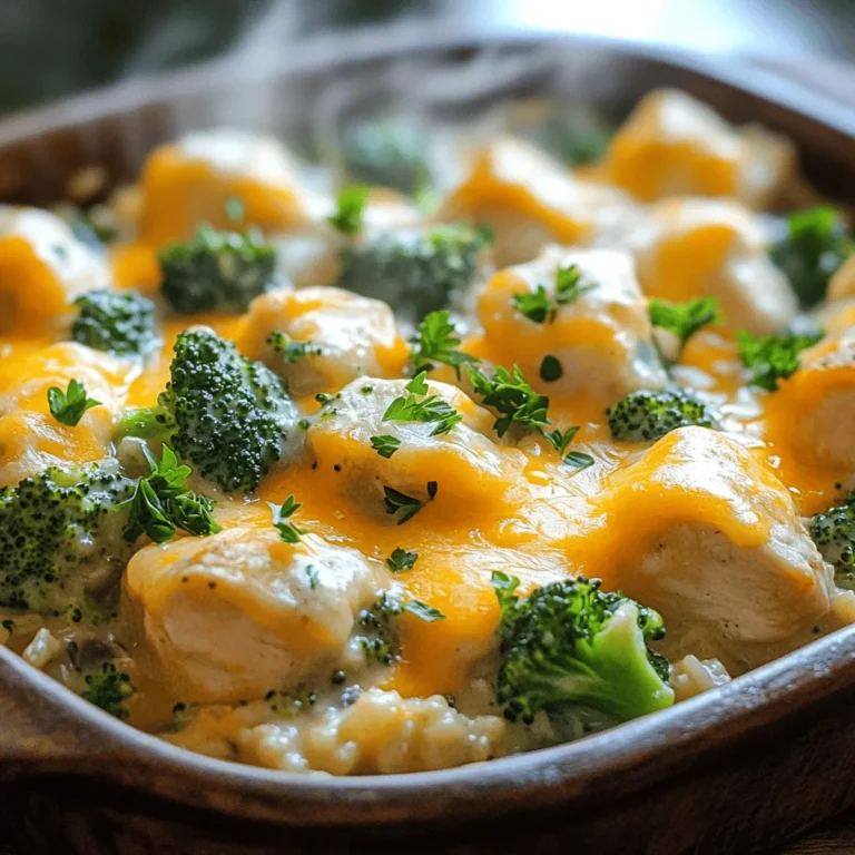 Let’s gather all the tasty items we need for this simple chicken and rice casserole. You will enjoy how easy it is to put together. Here are the ingredients: - 2 cups cooked rice (white or brown) - 1 pound boneless, skinless chicken thighs, cubed - 1 cup broccoli florets (fresh or frozen) - 1 cup cheddar cheese, shredded - 1 can (10.5 oz) cream of mushroom soup (or cream of chicken) - 1 cup chicken broth - 1 small onion, finely chopped - 2 cloves garlic, minced - 1 teaspoon dried thyme - 1 teaspoon paprika - Salt and pepper to taste - 1 tablespoon olive oil - Optional: Fresh parsley for garnish Using these ingredients, you can create a dish that warms the heart. The chicken brings protein, while the rice adds a nice texture. Broccoli adds color and nutrients. Cheese gives it that rich, creamy flavor we all love. The soup and broth help bind everything together, making each bite smooth and delicious. Don’t forget to check the Full Recipe for more tips! First, you need to preheat the oven to 375°F (190°C). This step is key for even cooking. While the oven heats up, grab a large skillet. Pour in a tablespoon of olive oil and heat it over medium. Add the finely chopped onion and sauté it for about 3-4 minutes. You want them soft and translucent. Next, toss in two minced garlic cloves and one pound of cubed chicken thighs. Sprinkle in salt, pepper, thyme, and paprika. Cook this mixture until the chicken turns golden brown, which will take around 6-7 minutes. In a big bowl, mix together your cooked rice, the sautéed chicken and onion, and one cup of broccoli florets. Don’t forget the cream of mushroom soup and one cup of chicken broth. This will give you a creamy texture. Stir it all well, making sure every part is coated with the soup. Now, grab a 9x13 inch casserole dish. Lightly grease it with non-stick spray or oil. Pour your chicken and rice mix into the dish and spread it out evenly. For a cheesy finish, top it with one cup of shredded cheddar cheese. Cover the dish with aluminum foil, and pop it in the oven for 25 minutes. After that, remove the foil and bake for an extra 10-15 minutes. You want the cheese to be bubbly and golden. Once it’s done, let it sit for a few minutes before serving. You can add fresh parsley on top if you like. For the full recipe, refer to the earlier section. - Ensure chicken is fully cooked before combining with other ingredients. This step is key. Undercooked chicken can spoil your meal. - For extra creaminess, add additional soup or broth. This makes the dish richer and smoother. You can use cream of chicken, too. - Consider adding spices like cayenne for some heat. Just a pinch can make a big difference. Adjust it to your taste for the perfect kick. - Use different cheeses for varied flavor profiles. Cheddar is great, but you could try mozzarella or pepper jack for something new. Mixing cheeses can create a delightful blend. Try these tips to elevate your chicken and rice casserole. They will make your dish shine! For the full recipe, check out the detailed steps above. {{image_2}} You can easily change the veggies in this casserole. Swap out broccoli for spinach or mixed vegetables. This gives the dish a fresh twist. Bell peppers add extra color and crunch. They make your meal look bright and fun. Using leftover rotisserie chicken is a great shortcut. It saves time and still tastes good. If you want a change, you can use turkey instead of chicken. For a plant-based option, try chickpeas or tofu. They work well and keep the meal hearty. Once you finish your meal, let the casserole cool. Then, store it in an airtight container. Keep the leftovers in the refrigerator for up to 3 days. This way, you can enjoy it for lunch or dinner later. Just reheat it in the oven or microwave until warm. If you want to save some for later, consider freezing it. Portion the casserole into small containers. This makes it easy to defrost and reheat. When you are ready to eat, let it thaw in the fridge overnight. Then, warm it in the oven or microwave. You can enjoy the flavors again without much fuss. Check out the Full Recipe to see how easy it is to make! You can make this casserole ahead of time by preparing it fully and then storing it. After you mix the ingredients, cover the dish tightly and keep it in the fridge for up to 24 hours. When ready to bake, just preheat your oven and bake it as directed. This makes it perfect for busy nights! Yes, you can use brown rice. Just make sure to adjust the cooking time. Brown rice takes longer to cook, so you may want to pre-cook it slightly or add more chicken broth. The flavor and texture will still be great! This casserole pairs well with simple sides. Consider serving it with a green salad or steamed vegetables. You can also add some crusty bread to soak up the tasty sauce. These sides balance the meal and add freshness. You’ll know the casserole is done when the cheese is bubbly and golden. The chicken should be fully cooked, and the mixture should be hot all the way through. If you have a meat thermometer, the chicken should reach 165°F (74°C). Enjoy your meal! This casserole combines simple ingredients for a comforting meal. You learned how to prepare, bake, and enjoy it. I shared tips to enhance flavor or swap ingredients. Storing leftovers is easy for busy days. This dish is not only tasty but adaptable. You can make it your own. Enjoy the cooking process and share it with family or friends!