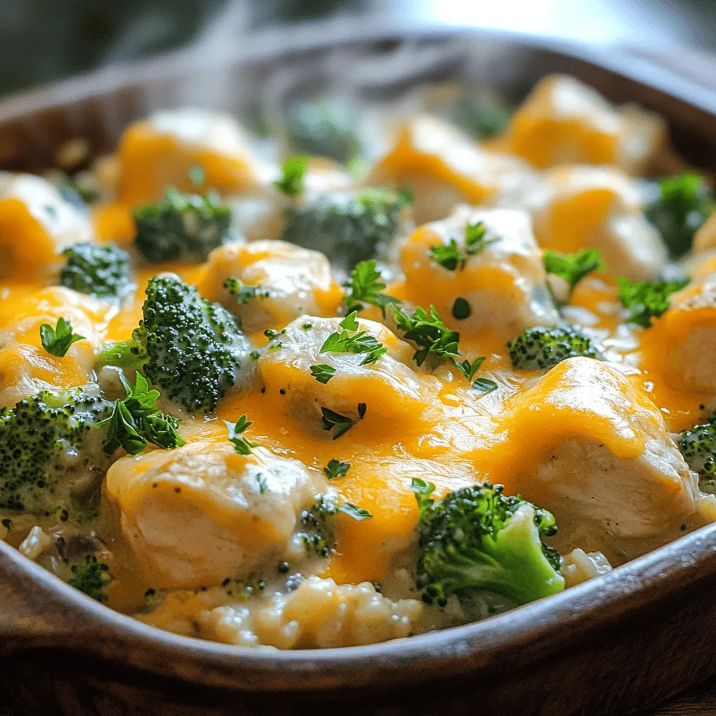 Let’s gather all the tasty items we need for this simple chicken and rice casserole. You will enjoy how easy it is to put together. Here are the ingredients: - 2 cups cooked rice (white or brown) - 1 pound boneless, skinless chicken thighs, cubed - 1 cup broccoli florets (fresh or frozen) - 1 cup cheddar cheese, shredded - 1 can (10.5 oz) cream of mushroom soup (or cream of chicken) - 1 cup chicken broth - 1 small onion, finely chopped - 2 cloves garlic, minced - 1 teaspoon dried thyme - 1 teaspoon paprika - Salt and pepper to taste - 1 tablespoon olive oil - Optional: Fresh parsley for garnish Using these ingredients, you can create a dish that warms the heart. The chicken brings protein, while the rice adds a nice texture. Broccoli adds color and nutrients. Cheese gives it that rich, creamy flavor we all love. The soup and broth help bind everything together, making each bite smooth and delicious. Don’t forget to check the Full Recipe for more tips! First, you need to preheat the oven to 375°F (190°C). This step is key for even cooking. While the oven heats up, grab a large skillet. Pour in a tablespoon of olive oil and heat it over medium. Add the finely chopped onion and sauté it for about 3-4 minutes. You want them soft and translucent. Next, toss in two minced garlic cloves and one pound of cubed chicken thighs. Sprinkle in salt, pepper, thyme, and paprika. Cook this mixture until the chicken turns golden brown, which will take around 6-7 minutes. In a big bowl, mix together your cooked rice, the sautéed chicken and onion, and one cup of broccoli florets. Don’t forget the cream of mushroom soup and one cup of chicken broth. This will give you a creamy texture. Stir it all well, making sure every part is coated with the soup. Now, grab a 9x13 inch casserole dish. Lightly grease it with non-stick spray or oil. Pour your chicken and rice mix into the dish and spread it out evenly. For a cheesy finish, top it with one cup of shredded cheddar cheese. Cover the dish with aluminum foil, and pop it in the oven for 25 minutes. After that, remove the foil and bake for an extra 10-15 minutes. You want the cheese to be bubbly and golden. Once it’s done, let it sit for a few minutes before serving. You can add fresh parsley on top if you like. For the full recipe, refer to the earlier section. - Ensure chicken is fully cooked before combining with other ingredients. This step is key. Undercooked chicken can spoil your meal. - For extra creaminess, add additional soup or broth. This makes the dish richer and smoother. You can use cream of chicken, too. - Consider adding spices like cayenne for some heat. Just a pinch can make a big difference. Adjust it to your taste for the perfect kick. - Use different cheeses for varied flavor profiles. Cheddar is great, but you could try mozzarella or pepper jack for something new. Mixing cheeses can create a delightful blend. Try these tips to elevate your chicken and rice casserole. They will make your dish shine! For the full recipe, check out the detailed steps above. {{image_2}} You can easily change the veggies in this casserole. Swap out broccoli for spinach or mixed vegetables. This gives the dish a fresh twist. Bell peppers add extra color and crunch. They make your meal look bright and fun. Using leftover rotisserie chicken is a great shortcut. It saves time and still tastes good. If you want a change, you can use turkey instead of chicken. For a plant-based option, try chickpeas or tofu. They work well and keep the meal hearty. Once you finish your meal, let the casserole cool. Then, store it in an airtight container. Keep the leftovers in the refrigerator for up to 3 days. This way, you can enjoy it for lunch or dinner later. Just reheat it in the oven or microwave until warm. If you want to save some for later, consider freezing it. Portion the casserole into small containers. This makes it easy to defrost and reheat. When you are ready to eat, let it thaw in the fridge overnight. Then, warm it in the oven or microwave. You can enjoy the flavors again without much fuss. Check out the Full Recipe to see how easy it is to make! You can make this casserole ahead of time by preparing it fully and then storing it. After you mix the ingredients, cover the dish tightly and keep it in the fridge for up to 24 hours. When ready to bake, just preheat your oven and bake it as directed. This makes it perfect for busy nights! Yes, you can use brown rice. Just make sure to adjust the cooking time. Brown rice takes longer to cook, so you may want to pre-cook it slightly or add more chicken broth. The flavor and texture will still be great! This casserole pairs well with simple sides. Consider serving it with a green salad or steamed vegetables. You can also add some crusty bread to soak up the tasty sauce. These sides balance the meal and add freshness. You’ll know the casserole is done when the cheese is bubbly and golden. The chicken should be fully cooked, and the mixture should be hot all the way through. If you have a meat thermometer, the chicken should reach 165°F (74°C). Enjoy your meal! This casserole combines simple ingredients for a comforting meal. You learned how to prepare, bake, and enjoy it. I shared tips to enhance flavor or swap ingredients. Storing leftovers is easy for busy days. This dish is not only tasty but adaptable. You can make it your own. Enjoy the cooking process and share it with family or friends!