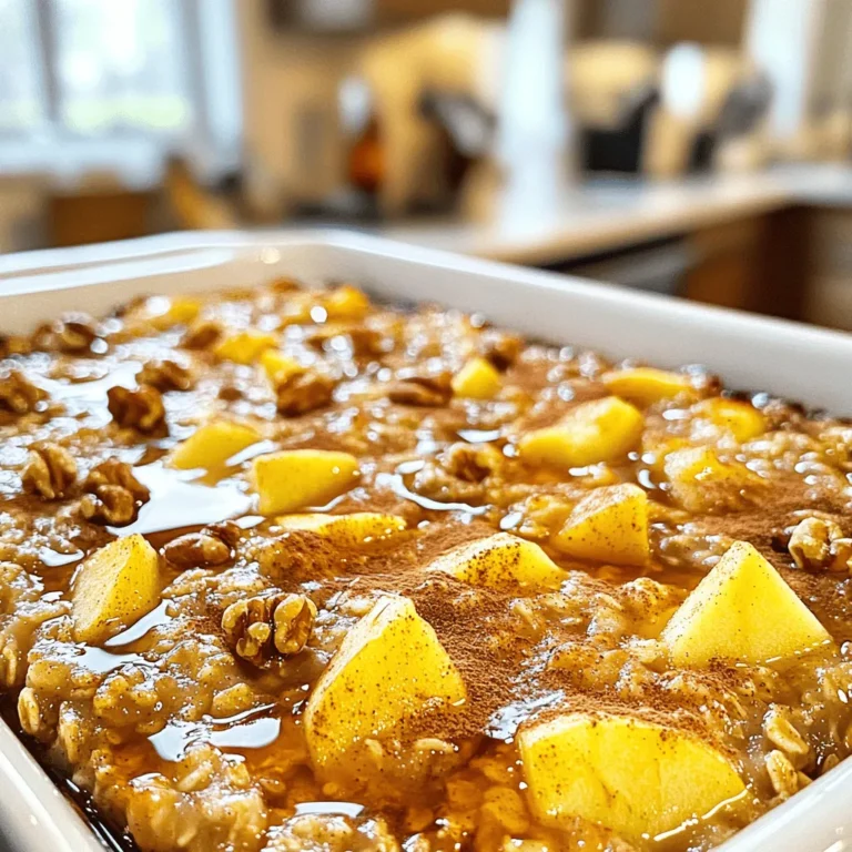 To make a great Cinnamon Apple Oatmeal Bake, you need simple ingredients. Here’s what you will use: - 2 cups rolled oats - 2 cups almond milk (or any milk of choice) - 2 medium apples, peeled, cored, and diced - 1/2 cup maple syrup - 1 teaspoon vanilla extract - 1 teaspoon baking powder - 1 teaspoon ground cinnamon - 1/4 teaspoon nutmeg - 1/4 teaspoon salt These ingredients work together to create a warm, hearty dish. The rolled oats provide a nice base, while the apples add sweetness and texture. Maple syrup lends a natural sweetness, and spices like cinnamon give it that cozy flavor. You can easily take your oatmeal bake up a notch. Here are some optional add-ins: - 1/2 cup chopped walnuts - 1/4 cup raisins or dried cranberries Adding walnuts gives a nice crunch and boosts nutrition. Raisins or cranberries add a fruity touch. You can mix and match these for your taste! If you have allergies or specific needs, don’t worry! Here are some substitutes: - Use oat milk or soy milk instead of almond milk for nut-free options. - Swap maple syrup with honey or agave for different sweetness. - Instead of walnuts, you can use seeds like pumpkin or sunflower seeds. These substitutes keep the dish tasty while catering to different needs. You can still enjoy a delightful and easy Cinnamon Apple Oatmeal Bake with these tips! Check out the [Full Recipe](#) for more details. To start, gather your ingredients. You'll need rolled oats, almond milk, apples, maple syrup, and spices. Preheat your oven to 350°F (175°C). Grease a 9x9-inch baking dish with cooking spray. In a large bowl, mix the oats, almond milk, maple syrup, vanilla, baking powder, cinnamon, nutmeg, and salt together. Stir until everything is blended. Now, fold in the diced apples and any nuts or dried fruit you want. Pour this mix into the baking dish. Spread it out evenly. Baking time is key. Bake for 30 to 35 minutes. Look for a golden top. A toothpick should come out clean from the center. If you want a softer texture, add more almond milk. For a firmer bake, use less. This recipe works well with different nuts or fruits, too. Feel free to experiment and find your own perfect texture. Once your bake is out of the oven, let it cool for about 10 minutes. This helps it set up nicely. Cut it into squares. I love to serve it warm with a drizzle of maple syrup and a sprinkle of cinnamon. You can also add yogurt or ice cream for a sweet touch. Try this recipe for a comforting breakfast or snack. For the full details, check the full recipe. To get a creamy texture in your cinnamon apple oatmeal bake, use rolled oats. They soak up the liquid well. Almond milk adds a nice creaminess too. If you want it richer, use full-fat milk. Mixing the wet ingredients first helps everything blend nicely. Stir until everything is combined, but don’t overmix. For even cooking, spread the oatmeal mixture evenly in your baking dish. Make sure your oven is preheated to the right temperature. This helps your bake cook through evenly. Check it a few minutes before the timer goes off. If the top looks golden brown, it’s likely done. A toothpick should come out clean when inserted. You can store any leftovers in an airtight container. Keep them in the fridge for up to five days. To reheat, place a square in the microwave for about 30 seconds. You can add a splash of milk to keep it moist. For a warm treat, you might also bake it for 10 minutes at 350°F. Enjoy your cinnamon apple oatmeal bake any time! For the full recipe, check above. {{image_2}} You can switch up the apples for other fruits. Pears work well and add a sweet touch. You can also use berries, like blueberries or raspberries. These fruits add a nice color and flavor. Feel free to experiment with bananas too. Just slice them and mix them in. Each fruit brings its unique taste, making this dish fun and fresh. If you want a nut-free version, skip the walnuts. You can replace almond milk with oat or soy milk. This keeps the recipe vegan and delicious. You might also add seeds, like sunflower or pumpkin seeds. They add crunch without nuts. Enjoy your creamy bake while keeping it allergy-friendly. Besides cinnamon, you can use other spices. Cardamom adds a floral note that is lovely. Ginger gives a spicy kick that pairs well with apples. You can even add a bit of cocoa powder for a chocolatey twist. Mixing in these flavors can change the whole dish. It allows you to find your perfect blend that excites your taste buds. For the full recipe, check out the details above. Cinnamon Apple Oatmeal Bake is both tasty and healthy. Each serving has about 200 calories. This dish offers a good mix of macronutrients. You get around 6 grams of protein, 4 grams of fat, and 38 grams of carbs. The oats are the main source of carbs, giving you energy for your day. The nuts add healthy fats and protein. Using almond milk helps keep the calories low. The ingredients in this bake are full of health benefits. - Oats: They are great for heart health and digestion. Oats can help lower cholesterol levels. - Apples: They add fiber and vitamins. Eating apples can help keep your heart healthy. - Walnuts: They are high in omega-3 fatty acids. This helps reduce inflammation in the body. - Cinnamon: It may help regulate blood sugar levels. Plus, it gives a warm flavor that brightens the dish. These ingredients make this oatmeal bake a smart choice for breakfast or a snack. This recipe serves about 6 to 8 people. It is easy to adjust the serving sizes. If you want a smaller portion, cut the bake into squares. Each square can be a healthy snack or breakfast. If you have leftovers, store them in an airtight container. Reheat in the microwave for a quick meal. With its balanced nutrients, you can enjoy this dish any time of the day. For the full recipe, check out the details above. Yes, you can make Cinnamon Apple Oatmeal Bake ahead of time. Prepare your mixture and place it in the baking dish. Cover it with plastic wrap and store it in the fridge. You can bake it the next day. This makes for an easy breakfast on busy mornings. To store leftovers, let the bake cool completely. Cut it into squares and place them in an airtight container. You can keep it in the fridge for up to five days. To reheat, simply place a square in the microwave for about 30 to 45 seconds. You can also warm it in the oven at 350°F for around 10 minutes. You can serve this oatmeal bake with a drizzle of maple syrup. A sprinkle of cinnamon adds great flavor, too. For extra creaminess, add a dollop of yogurt on top. A scoop of ice cream makes it a treat! You can also pair it with fresh fruit for a colorful plate. For the complete recipe, check out the Full Recipe. Cinnamon Apple Oatmeal Bake is easy to make and full of flavor. We covered key ingredients, preparation steps, and cooling methods to get it just right. I shared tips for a creamy texture and cooking evenly. Plus, you learned fun variations and storage advice. Embrace your creativity in the kitchen. This dish is versatile and healthy, making it a great choice for any meal. Enjoy exploring different flavors and combinations. Happy baking!