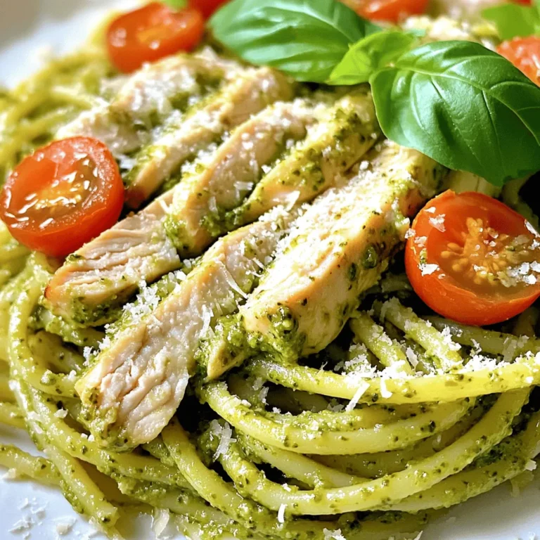 - 8 oz spaghetti or fettuccine pasta - 2 chicken breasts, boneless and skinless - Salt and pepper, to taste - 2 tablespoons olive oil - 1 cup homemade or store-bought basil pesto - 1/2 cup heavy cream - 1/4 cup cherry tomatoes, halved - 1/4 cup grated Parmesan cheese - Fresh basil leaves, for garnish To create a tasty Chicken Pesto Pasta, you need simple ingredients. Start with 8 ounces of spaghetti or fettuccine. Both types work well and hold the sauce nicely. You will also need two boneless chicken breasts. Season the chicken with salt and pepper for flavor. Next, grab some olive oil. This helps to cook the chicken and adds richness. For the sauce, you need one cup of basil pesto. You can use homemade pesto or store-bought, depending on your time and taste. Add half a cup of heavy cream to make the sauce creamy and rich. Don’t forget the cherry tomatoes; they add a juicy bite. Lastly, sprinkle on some grated Parmesan cheese for taste and garnish with fresh basil leaves. These ingredients combine to create a delicious meal that is full of flavor and easy to make. - Grated mozzarella or goat cheese for topping - Fresh herbs like parsley or extra basil - Sautéed spinach or roasted bell peppers For extra flavor, consider garnishing your dish. You can add grated mozzarella or goat cheese on top. This adds a nice creaminess. Fresh herbs like parsley or extra basil also brighten the dish. If you want more veggies, sautéed spinach or roasted bell peppers work well. These optional garnishes enhance the dish and let you customize it to your taste. Start by filling a large pot with water. Add a generous amount of salt to it. Bring the water to a rolling boil. This helps flavor the pasta as it cooks. Add your spaghetti or fettuccine to the pot. Cook according to the package instructions, usually around 8-10 minutes. You want it to be al dente, which means it should still have a slight bite. After cooking, drain the pasta but save about 1/2 cup of the starchy pasta water. This water is important for the sauce later. Next, take two boneless, skinless chicken breasts. Season both sides with salt and pepper. This simple step boosts the flavor. Heat 2 tablespoons of olive oil in a large skillet over medium heat. Add the chicken breasts carefully. Cook for 6-7 minutes on each side. You want them golden brown and fully cooked. Use a meat thermometer to check the internal temperature; it should reach 165°F (75°C). After cooking, let the chicken rest for a few minutes. Slice it into strips for easy mixing later. In the same skillet, lower the heat after removing the chicken. Add 1 cup of basil pesto, stirring it gently. I recommend using homemade or good-quality store-bought pesto for the best flavor. Next, pour in 1/2 cup of heavy cream. Mix it well until it combines completely. Cook for 2-3 minutes, just until warmed through. The key is to achieve a creamy consistency without boiling the sauce. Now it’s time to bring everything together. Add the cooked pasta into the skillet with the sauce. Toss it well to coat every strand in that creamy pesto. If the sauce feels too thick, slowly add the reserved pasta water. This will help reach your desired creaminess. Then, fold in the sliced chicken and 1/4 cup of halved cherry tomatoes. Warm everything together for another 2 minutes. For the final touch, sprinkle 1/4 cup of grated Parmesan cheese on top. Serve hot, garnished with fresh basil leaves for a lively finish. To make pasta just right, cook it until al dente. This means it should be firm but not hard. Follow these steps: - Boil water and add salt before cooking the pasta. The salt adds flavor. - Check the package for cooking times. Taste the pasta a minute early. To avoid mushy pasta, do not overcook it. Here are some tips: - Stir the pasta while it cooks to prevent it from sticking. - Drain it right away and do not let it sit in hot water. For juicy chicken, use these methods: - Cook chicken breasts on medium heat. This helps cook them evenly. - Use a meat thermometer to check if they reach 165°F (75°C). This ensures safety. Resting chicken is also key. Let it sit for a few minutes after cooking. This keeps the juices inside. If you slice it too soon, the juices run out. You can change the sauce thickness to suit your taste. To make it thicker, try these methods: - Add more pesto or cream. This will make the sauce richer. - Cook it longer on low heat to reduce it. If you want a thinner sauce, use reserved pasta water. Just add a little at a time until it’s how you like it. For extra flavor, consider these enhancements: - Add spices like garlic powder or red pepper flakes. - Fresh herbs can bring brightness. Basil or parsley work well. {{image_2}} You can change up your pasta for this dish. Here are some options: - Gluten-free options: Use quinoa or brown rice pasta for a gluten-free meal. - Other types of pasta: Try penne, rotini, or even whole wheat pasta. Each type gives a unique twist. If you want to swap the chicken, you have great choices: - Suggestions for vegetarian proteins: Use grilled tofu or chickpeas for a tasty vegetarian option. They soak up the pesto flavor well. - Variations with seafood or other meats: Shrimp or salmon work great in this dish. Cook them until just done for the best taste. You can adjust this recipe to fit your diet: - Low-carb or keto-friendly options: Replace pasta with spiralized zucchini or cauliflower rice. This keeps the dish tasty and low in carbs. - Dairy-free alternatives: Use coconut cream instead of heavy cream. It adds a nice flavor without the dairy. To store your chicken pesto pasta, let it cool first. Then, place it in an airtight container. Store it in the fridge for up to three days. This keeps it fresh and tasty for your next meal. When it's time to enjoy your leftovers, reheat them gently. Use a skillet over low heat. This method helps keep the pasta creamy. You can also add a splash of water or cream to help with the texture. Stir often to ensure even heating and to prevent sticking. Enjoy your meal just like the first time! To make Chicken Pesto Pasta from scratch, follow the Full Recipe. Start by cooking the pasta in salted boiling water. While the pasta cooks, season and cook the chicken in olive oil. Once cooked, slice the chicken. In the same pan, mix the pesto with heavy cream to make the sauce. Combine everything, adding the pasta and chicken to the sauce. Toss well and serve with fresh basil on top. Yes, you can use store-bought pesto. It saves time and still adds great flavor. Look for a brand made with fresh basil and quality ingredients. However, homemade pesto often tastes brighter and fresher. Store-bought options can sometimes be a bit salty, so taste and adjust your dish as needed. You can serve Chicken Pesto Pasta with many delicious sides. Here are some ideas: - Garlic bread for a crunchy, buttery touch. - A fresh green salad with lemon vinaigrette. - Roasted vegetables to add color and nutrients. - Grilled asparagus for a light, healthy option. - Parmesan cheese on the side for extra flavor. This blog post covered how to make a tasty Chicken Pesto Pasta. We discussed essential ingredients and provided detailed steps for cooking. I shared tips for perfecting your dish, including variations for dietary needs, and how to store leftovers. To make this meal your own, try different pasta or proteins. Enjoy experimenting with flavors and presentation. The key is to have fun while cooking!