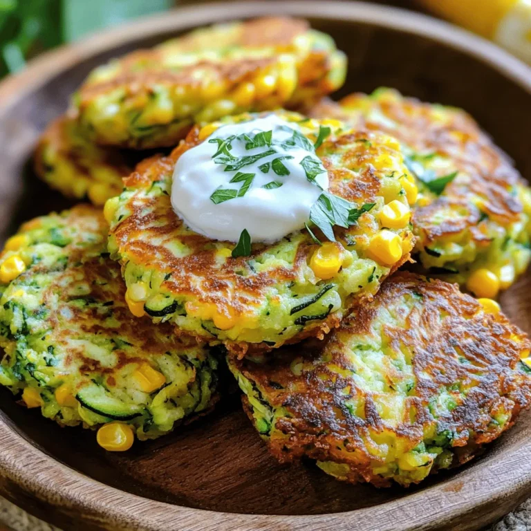 To make zucchini corn fritters, you need some simple and fresh ingredients. Here’s what you will need: - 2 medium zucchinis, grated and excess moisture squeezed out - 1 cup corn kernels (fresh, frozen, or canned) - 1/2 cup all-purpose flour - 1/4 cup cornmeal - 2 large eggs - 1/4 cup green onions, finely chopped - 1/4 cup grated Parmesan cheese - 1 teaspoon garlic powder - 1 teaspoon paprika - Salt and pepper to taste - Olive oil for frying These ingredients bring together great flavors. Zucchini adds moisture and a light taste. Corn gives a sweet crunch that pairs well with the other ingredients. The flour and cornmeal create a nice base for the fritters. Eggs help bind everything together, while green onions add a fresh kick. Parmesan cheese brings a rich, savory note. Garlic powder and paprika give depth and warmth. I love using fresh corn when it’s in season. It really enhances the taste. If you’re short on time, frozen corn works well too. Remember to squeeze out excess moisture from the zucchini. This step helps keep the fritters crispy. For the full recipe, you can check the complete instructions and cooking tips. - Combine all the ingredients in a large mixing bowl. - Heat the skillet and add olive oil. - Shape and cook the fritters. To start, grab a large mixing bowl. In it, add the grated zucchini, corn kernels, flour, cornmeal, eggs, green onions, Parmesan cheese, garlic powder, paprika, salt, and pepper. Mix everything well until it blends. Next, heat your skillet over medium-high heat. Pour in enough olive oil to coat the bottom. This step is key for achieving that lovely crisp on the fritters. Now, take spoonfuls of your mixture and drop them into the skillet. Use the back of the spoon to flatten them gently. This helps them cook evenly. - Cook fritters for 3-4 minutes on each side. - Ensure they become golden brown and crispy. Cook the fritters for about 3-4 minutes on each side. You want them to turn golden brown and crispy. Watch the heat and adjust if needed to avoid burning. Flip them gently when they are ready. - Transfer cooked fritters to a paper towel-lined plate. - Serve warm with optional garnishes. Once they are cooked, move the fritters to a plate lined with paper towels. This will help absorb any extra oil. Repeat until all the fritters are cooked. Serve them warm, and feel free to add a dollop of yogurt or sour cream on top for a tasty finish. For more details, check the Full Recipe. If you love zucchini corn fritters, try other fritters too! Sweet potato fritters are a great option. You can also make carrot and onion fritters for a different taste. If you have leftover ingredients, use them in salads or soups. Corn can be added to tacos or quesadillas. Zucchini works well in stir-fries or baked dishes. To make crispy fritters, remove moisture from the zucchini. Squeeze out extra water with a clean towel. Fry them in hot oil for the best crunch. Use olive oil or avocado oil for frying. Both oils have high smoke points and add good flavor. For a gluten-free option, try almond flour or chickpea flour. Both work well in fritters. If you want a dairy-free choice for Parmesan cheese, use nutritional yeast. It adds a cheesy taste without dairy. You can also use vegan cheese for a different twist. {{image_2}} To make gluten-free zucchini corn fritters, you can swap out the all-purpose flour. Use almond flour or rice flour instead. These options work well. They will keep your fritters light and fluffy. You may need to adjust the amount of flour slightly. Start with a bit less and add more if needed. If you want a vegan version, replace the eggs. Use flaxseed meal mixed with water. Mix one tablespoon of flaxseed meal with three tablespoons of water. Let it sit for five minutes until it thickens. This mix acts like an egg binder. It helps keep the fritters together without eggs. For some heat, add jalapeños or hot sauce. You can mix in one finely chopped jalapeño for a mild kick. If you love spice, go for more. Hot sauce also works well. Just a few drops can change the whole flavor. Adjust it to your taste for the perfect spicy fritter. For the full recipe of zucchini corn fritters, check the main article. Enjoy trying these tasty variations! To keep your cooked zucchini corn fritters fresh, place them in an airtight container. Line the container with paper towels. This helps absorb moisture and keeps the fritters crispy. You can store them in the fridge for up to three days. For best results when reheating, use a skillet. Heat the skillet over medium heat and add a little oil. Place the fritters in the skillet and cook for about two minutes on each side. This method keeps them crispy and tasty. Avoid using the microwave, as it can make them soggy. To freeze leftover fritters, let them cool completely. Place them in a single layer on a baking sheet and freeze for about an hour. Once frozen, transfer them to a freezer bag. This helps prevent them from sticking together. When you want to eat them, thaw them in the fridge overnight before reheating. You can serve these fritters with many tasty dips and sides. A refreshing yogurt sauce pairs well. You can also use sour cream or guacamole for a creamy touch. For a zesty kick, try salsa or a spicy aioli. Adding a simple salad with greens, tomatoes, and a light vinaigrette makes a great side dish too. These options enhance the flavor and make the meal more fun. Yes, you can make these fritters ahead of time. Prepare the mixture and keep it in the fridge for one day. You can also cook the fritters and store them. Let them cool, then place them in an airtight container. They will last for about three days in the fridge. Reheat them in a skillet to keep them crispy. Zucchini and corn both bring health benefits. Zucchini is low in calories and high in fiber. It helps with digestion and keeps you full. Corn adds sweetness and a nice crunch. It provides energy and is rich in vitamins. Together, they make these fritters a tasty and nutritious choice. Access the complete Zucchini Corn Fritters recipe for a quick reference. In this post, we explored how to make tasty zucchini corn fritters. We covered the ingredients, preparation steps, and cooking methods. You learned tips for achieving crispy fritters and explored variations to match your diet. Remember, these fritters are versatile and easy to store. You can enjoy them fresh or as leftovers. I hope you try this simple recipe and make it your own. Happy cooking!