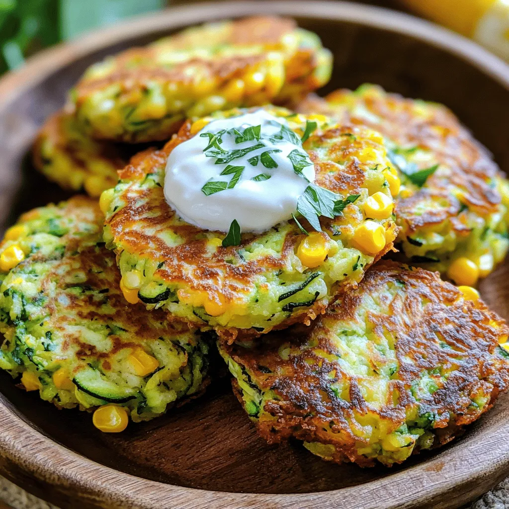 To make zucchini corn fritters, you need some simple and fresh ingredients. Here’s what you will need: - 2 medium zucchinis, grated and excess moisture squeezed out - 1 cup corn kernels (fresh, frozen, or canned) - 1/2 cup all-purpose flour - 1/4 cup cornmeal - 2 large eggs - 1/4 cup green onions, finely chopped - 1/4 cup grated Parmesan cheese - 1 teaspoon garlic powder - 1 teaspoon paprika - Salt and pepper to taste - Olive oil for frying These ingredients bring together great flavors. Zucchini adds moisture and a light taste. Corn gives a sweet crunch that pairs well with the other ingredients. The flour and cornmeal create a nice base for the fritters. Eggs help bind everything together, while green onions add a fresh kick. Parmesan cheese brings a rich, savory note. Garlic powder and paprika give depth and warmth. I love using fresh corn when it’s in season. It really enhances the taste. If you’re short on time, frozen corn works well too. Remember to squeeze out excess moisture from the zucchini. This step helps keep the fritters crispy. For the full recipe, you can check the complete instructions and cooking tips. - Combine all the ingredients in a large mixing bowl. - Heat the skillet and add olive oil. - Shape and cook the fritters. To start, grab a large mixing bowl. In it, add the grated zucchini, corn kernels, flour, cornmeal, eggs, green onions, Parmesan cheese, garlic powder, paprika, salt, and pepper. Mix everything well until it blends. Next, heat your skillet over medium-high heat. Pour in enough olive oil to coat the bottom. This step is key for achieving that lovely crisp on the fritters. Now, take spoonfuls of your mixture and drop them into the skillet. Use the back of the spoon to flatten them gently. This helps them cook evenly. - Cook fritters for 3-4 minutes on each side. - Ensure they become golden brown and crispy. Cook the fritters for about 3-4 minutes on each side. You want them to turn golden brown and crispy. Watch the heat and adjust if needed to avoid burning. Flip them gently when they are ready. - Transfer cooked fritters to a paper towel-lined plate. - Serve warm with optional garnishes. Once they are cooked, move the fritters to a plate lined with paper towels. This will help absorb any extra oil. Repeat until all the fritters are cooked. Serve them warm, and feel free to add a dollop of yogurt or sour cream on top for a tasty finish. For more details, check the Full Recipe. If you love zucchini corn fritters, try other fritters too! Sweet potato fritters are a great option. You can also make carrot and onion fritters for a different taste. If you have leftover ingredients, use them in salads or soups. Corn can be added to tacos or quesadillas. Zucchini works well in stir-fries or baked dishes. To make crispy fritters, remove moisture from the zucchini. Squeeze out extra water with a clean towel. Fry them in hot oil for the best crunch. Use olive oil or avocado oil for frying. Both oils have high smoke points and add good flavor. For a gluten-free option, try almond flour or chickpea flour. Both work well in fritters. If you want a dairy-free choice for Parmesan cheese, use nutritional yeast. It adds a cheesy taste without dairy. You can also use vegan cheese for a different twist. {{image_2}} To make gluten-free zucchini corn fritters, you can swap out the all-purpose flour. Use almond flour or rice flour instead. These options work well. They will keep your fritters light and fluffy. You may need to adjust the amount of flour slightly. Start with a bit less and add more if needed. If you want a vegan version, replace the eggs. Use flaxseed meal mixed with water. Mix one tablespoon of flaxseed meal with three tablespoons of water. Let it sit for five minutes until it thickens. This mix acts like an egg binder. It helps keep the fritters together without eggs. For some heat, add jalapeños or hot sauce. You can mix in one finely chopped jalapeño for a mild kick. If you love spice, go for more. Hot sauce also works well. Just a few drops can change the whole flavor. Adjust it to your taste for the perfect spicy fritter. For the full recipe of zucchini corn fritters, check the main article. Enjoy trying these tasty variations! To keep your cooked zucchini corn fritters fresh, place them in an airtight container. Line the container with paper towels. This helps absorb moisture and keeps the fritters crispy. You can store them in the fridge for up to three days. For best results when reheating, use a skillet. Heat the skillet over medium heat and add a little oil. Place the fritters in the skillet and cook for about two minutes on each side. This method keeps them crispy and tasty. Avoid using the microwave, as it can make them soggy. To freeze leftover fritters, let them cool completely. Place them in a single layer on a baking sheet and freeze for about an hour. Once frozen, transfer them to a freezer bag. This helps prevent them from sticking together. When you want to eat them, thaw them in the fridge overnight before reheating. You can serve these fritters with many tasty dips and sides. A refreshing yogurt sauce pairs well. You can also use sour cream or guacamole for a creamy touch. For a zesty kick, try salsa or a spicy aioli. Adding a simple salad with greens, tomatoes, and a light vinaigrette makes a great side dish too. These options enhance the flavor and make the meal more fun. Yes, you can make these fritters ahead of time. Prepare the mixture and keep it in the fridge for one day. You can also cook the fritters and store them. Let them cool, then place them in an airtight container. They will last for about three days in the fridge. Reheat them in a skillet to keep them crispy. Zucchini and corn both bring health benefits. Zucchini is low in calories and high in fiber. It helps with digestion and keeps you full. Corn adds sweetness and a nice crunch. It provides energy and is rich in vitamins. Together, they make these fritters a tasty and nutritious choice. Access the complete Zucchini Corn Fritters recipe for a quick reference. In this post, we explored how to make tasty zucchini corn fritters. We covered the ingredients, preparation steps, and cooking methods. You learned tips for achieving crispy fritters and explored variations to match your diet. Remember, these fritters are versatile and easy to store. You can enjoy them fresh or as leftovers. I hope you try this simple recipe and make it your own. Happy cooking!