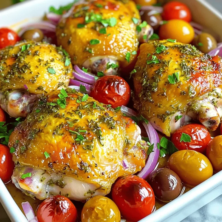 - 4 boneless chicken thighs - 3 tablespoons olive oil - 2 teaspoons dried oregano - 1 teaspoon dried thyme - 1 lemon (zested and juiced) - 4 cloves garlic, minced - 1 teaspoon salt - ½ teaspoon black pepper - 1 cup cherry tomatoes, halved - 1 red onion, sliced - 1 cup Kalamata olives, pitted and sliced - Fresh parsley, chopped (for garnish) For my Baked Greek Chicken, I want to keep things simple and fresh. This dish bursts with flavor thanks to the herbs and lemon. The chicken thighs keep the meat juicy as they bake. I love using boneless thighs to make cooking easy and quick. The olive oil adds a rich taste while helping the chicken brown perfectly. Oregano and thyme bring out that classic Greek flavor. Zesty lemon and minced garlic give it a bright kick. I use cherry tomatoes for their sweetness and color. They also add moisture while baking. Red onion slices give a nice crunch and a hint of sweetness. Kalamata olives add a salty punch that pairs well with the chicken and veggies. Finally, fresh parsley brightens the dish and adds a pop of color. This combination makes a beautiful meal. You can find the full recipe to create this lovely dish. Enjoy your cooking! - Preheat your oven to 400°F (200°C). - In a bowl, mix together 3 tablespoons of olive oil, 2 teaspoons of dried oregano, 1 teaspoon of dried thyme, the zest and juice of 1 lemon, 4 cloves of minced garlic, 1 teaspoon of salt, and ½ teaspoon of black pepper. This mix creates a tasty marinade. - Take 4 boneless chicken thighs and coat them well in the marinade. - Marinate for at least 30 minutes. You can also let it sit for up to 2 hours in the fridge. This time helps the chicken soak up all the great flavors. - After marinating, place the chicken thighs in a baking dish. - Arrange 1 cup of halved cherry tomatoes and 1 sliced red onion around the chicken. Then, scatter 1 cup of pitted and sliced Kalamata olives on top. - Bake in the preheated oven for 30-35 minutes. Cook until the chicken reaches an internal temperature of 165°F (74°C) and is golden around the edges. - Once done, let it rest for 5 minutes. This helps keep the chicken juicy. - If you want, you can garnish with fresh parsley for a nice touch before serving. For a full recipe, check out the details above! Marinating chicken makes it more tasty. Use a mix of olive oil, herbs, and spices. The best time to marinate is at least 30 minutes. If you have more time, let it sit for up to 2 hours. This helps the flavors get deep into the chicken. Make sure your chicken reaches the right temperature. Cook it until the inside is 165°F (74°C). This keeps the chicken safe to eat. To bake evenly, place the chicken in a single layer. Avoid crowding the pan. This way, every piece gets heat. Serve your Baked Greek Chicken on a big platter. This looks nice and makes it easy to share. Add a drizzle of extra olive oil for shine. You can also sprinkle some feta cheese on top for a rich flavor. Fresh parsley adds a pop of color and taste. For more details, check out the Full Recipe. {{image_2}} You can switch up the protein in this dish. Try using boneless chicken breasts or even fish like salmon for a fresh twist. If you want a vegetarian option, use firm tofu or chickpeas. For vegetables, consider using zucchini, bell peppers, or artichokes instead of red onion or cherry tomatoes. They will add a unique flavor and texture. When it comes to herbs, you can replace dried oregano with fresh basil or dill. Thyme can be swapped with rosemary for a different taste. If you need gluten-free options, this recipe is already a great choice. Just make sure any added ingredients are gluten-free. For dairy-free options, skip the feta cheese or use a dairy-free alternative. If you are counting calories, you can use less olive oil or choose skinless chicken. For a lighter meal, serve it with a large salad instead of bread. To boost the Mediterranean flavor, add feta cheese before serving. It melts slightly and adds creaminess. Capers also work well for a salty kick. You could also squeeze a little extra lemon juice on top for brightness. Fresh herbs like mint or dill can enhance the dish's fresh taste. For the full recipe, check out the details above! To store leftover Baked Greek Chicken, place it in an airtight container. Make sure the chicken cools down before sealing. You can keep it in the fridge for up to three days. This helps maintain its flavor and texture. Freezing is a great option if you cannot eat it right away. To freeze, wrap the chicken tightly in plastic wrap or foil. Then, place it in a freezer bag or container. You can store it in the freezer for up to three months. This keeps the chicken safe and tasty. To reheat without drying out the chicken, use the oven or stovetop. For the oven, set it to 350°F (175°C). Place the chicken in a baking dish with a splash of water or broth. Cover it with foil to keep moisture in. Heat for about 20-25 minutes, or until warmed through. On the stovetop, warm it in a skillet over low heat. Add a little liquid as needed. This keeps your chicken juicy and delicious. The best sides for Baked Greek Chicken are simple. You can serve it with: - Rice pilaf - Greek salad - Roasted vegetables - Pita bread - Tzatziki sauce These sides add fresh flavors and balance the meal. Rice pilaf brings a nice texture. Greek salad adds crunch and zest. Roasted veggies offer sweetness. Pita bread is great for dipping. Tzatziki sauce cools down the dish. Choose what you love! Yes, you can use bone-in chicken. It will take longer to cook. Adjust your baking time to about 40-45 minutes. The chicken should reach an internal temperature of 165°F (74°C). Bone-in chicken adds more flavor from the bones. Just remember to check it often! Check the chicken's internal temperature. It should be 165°F (74°C). The juices should run clear, not pink. The meat should look firm and slightly golden. Use a meat thermometer for accuracy. This ensures safe eating and juicy chicken. You can still make Baked Greek Chicken with what you have. If you lack olives, use capers or skip them. No fresh herbs? Use dried ones instead. Lemon juice can be swapped with vinegar. Be creative! Adjust flavors to match your taste. Yes, you can prepare Baked Greek Chicken ahead. Marinate the chicken and store it in the fridge. It can sit for up to two hours. Bake it when you are ready. You can also cook it and reheat later. Just follow the reheating tips for best results. This blog post covered a delicious Baked Greek Chicken recipe. We explored the fresh ingredients, marinating tips, and baking steps. You learned how to enhance flavor and present the dish beautifully. Remember, marinating boosts taste, and storage tips help keep leftovers fresh. Feel free to adapt the recipe for different diets or preferences. Cooking should be fun, so don’t hesitate to experiment with flavors. Enjoy creating this tasty dish and sharing it with family or friends!