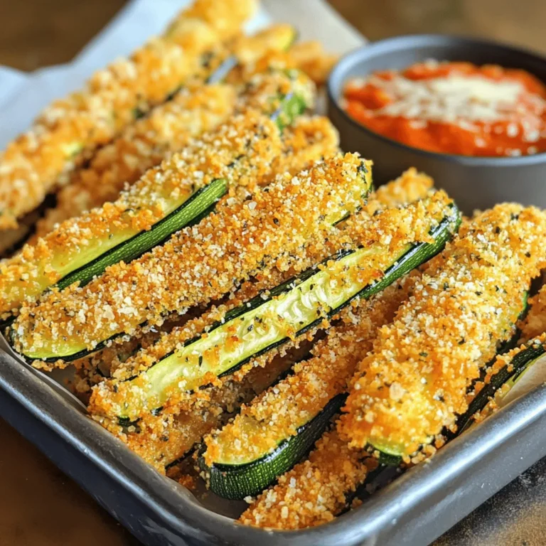 - 2 medium zucchinis, cut into fry-shaped strips - 1 cup breadcrumbs (preferably whole wheat) - 1/2 cup grated Parmesan cheese - 2 cloves garlic, minced - 1 teaspoon dried oregano - 1 teaspoon garlic powder - 1/2 teaspoon salt - 1/4 teaspoon black pepper - 2 large eggs, beaten - Cooking spray (or olive oil for drizzling) When I make Baked Garlic Parmesan Zucchini Fries, I love using fresh zucchinis. They give the fries a nice crunch. You can find them at local markets or grocery stores. For the coating, I prefer whole wheat breadcrumbs. They add a great texture and are healthier than regular ones. Mixing in grated Parmesan cheese and minced garlic elevates the flavor. Seasoning is key! I always add dried oregano and garlic powder. They make the fries taste amazing. A bit of salt and black pepper brings everything together. Don't forget the eggs! Beaten eggs help the breading stick to the zucchini. I use cooking spray or drizzle olive oil on the fries before baking. This step helps achieve that golden, crispy finish. For the complete recipe, check out the [Full Recipe]. - Preheat the oven to 425°F (220°C). - Line a baking sheet with parchment paper. Preheating the oven is key for getting crispy fries. Parchment paper helps with easy cleanup and prevents sticking. - Combine breadcrumbs, Parmesan cheese, garlic, oregano, garlic powder, salt, and pepper in a bowl. Mixing the coating well helps all flavors blend. The garlic and oregano add a nice touch. This mix will give your fries that tasty crunch. - Set up the breading station with beaten eggs. - Dip zucchini into eggs, coat with breadcrumb mixture, and arrange on the baking sheet. Set up your station with two bowls. One holds the beaten eggs. The other holds the breadcrumb mix. Dip each zucchini fry in the eggs first. Then coat it well with the breadcrumb mix. This layering is important for a great crunch. - Bake for 20-25 minutes, turning halfway, until golden and crispy. Bake the fries until they turn golden. Turning them halfway helps them cook evenly. You want them crispy all around! For the full recipe, check out the details. To get the best crunch, I suggest using a wire rack on your baking sheet. This allows air to circulate around the fries as they bake. It helps them stay crisp on all sides. Also, spray the fries evenly with cooking spray or drizzle olive oil. This adds flavor and promotes browning. Want to spice things up? Add crushed red pepper to the breadcrumb mix for a kick. You can also try different cheese types, like Asiago or Gouda. Each cheese will give your fries a unique taste. Experiment and find your favorite! These fries taste best when served hot. Pair them with marinara sauce or garlic aioli dip for an extra treat. The sauce adds moisture and flavor, making each bite delightful. Don’t forget to garnish with more Parmesan for a tasty finish. For the full recipe, check out the details above. {{image_2}} If you need a gluten-free option, you can easily adapt this recipe. Just swap out regular breadcrumbs for gluten-free breadcrumbs. Many brands offer tasty gluten-free choices. This way, anyone can enjoy these crispy fries without worry. Want to add a fresh twist? Try adding herbs to your mix! Fresh herbs like basil or parsley work great. Just chop them finely and mix them in with the breadcrumbs. This little change will brighten up the flavors and make your fries even more special. If you want to switch up the cheese, you have options. Substitute Parmesan cheese with Pecorino Romano for a stronger taste. For a vegan option, use nutritional yeast. This gives a cheesy flavor that’s dairy-free. Each choice brings its own unique flavor to the fries, so feel free to get creative! Store leftover zucchini fries in an airtight container in the refrigerator for up to 3 days. This keeps them fresh and ready to eat later. Just make sure the container seals well to avoid moisture. To enjoy your fries again, reheat them in the oven. Set the oven to 375°F (190°C) and heat for about 10 minutes. This method helps restore their crispiness. You can also use a toaster oven for a quick reheat. You can freeze breaded but uncooked zucchini fries for up to 2 months. Lay the fries on a baking sheet in a single layer before freezing. Once they are frozen, transfer them to a freezer bag. This way, you can bake them fresh whenever you want. Just remember, no need to thaw before baking! Adjust baking time slightly if they are still frozen. For the full recipe, check the earlier sections! To get that perfect crunch, start with the right prep. Choose firm zucchinis. Cut them into even strips. This helps them cook uniformly. Pat the zucchini fries dry with a paper towel. Removing excess moisture is key. For baking, use a wire rack on your sheet. This allows air to circulate. Don’t overcrowd the fries on the baking sheet. Space them out for better heat flow. Finally, spray them evenly with cooking spray or drizzle olive oil. This adds flavor and aids crispiness. Yes, you can prep zucchini fries ahead. Slice the zucchini and store them in an airtight container. Keep them in the fridge for up to 24 hours. To prevent browning, sprinkle lemon juice over them. You can also bread them in advance. Place the breaded fries on a baking sheet and cover with plastic wrap. Store in the fridge until you're ready to bake. This way, they stay fresh and tasty. Zucchini fries taste great with many sauces. Classic marinara sauce is a fan favorite. It adds a nice tomato flavor. Garlic aioli is another wonderful choice. The creamy texture complements the fries. You might also enjoy ranch dressing or tzatziki. Both add a cool, tangy taste. For a spicy kick, try sriracha mayo. Each sauce enhances the flavor of the fries. To make these fries healthier, swap out the breadcrumbs. Use whole wheat or almond flour instead. This reduces carbs and adds fiber. You can also cut the Parmesan cheese in half. This lowers calories while still keeping flavor. Consider using an air fryer if you have one. It gives a crispy texture with less oil. Lastly, serve the fries with a side of fresh veggies instead of dips. This adds nutrition without extra calories. For more details, check the Full Recipe. These baked garlic Parmesan zucchini fries are easy to make and great to eat. We went through the ingredients and how to prepare them step by step. You can keep them crispy using tips like baking on a wire rack and choosing the right oils. Feel free to customize your fries with different cheeses and herbs. Store any leftovers in the fridge or freeze them for later. Enjoy these tasty snacks with your favorite dipping sauce. They are a fun, healthy treat for everyone.