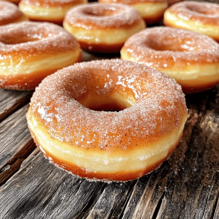 - 1 cup all-purpose flour - 1/2 cup granulated sugar - 2 teaspoons baking powder - 1/2 teaspoon salt - 1 teaspoon ground cinnamon (for the batter) - 1/2 teaspoon vanilla extract - 1 large egg - 1/2 cup milk - 2 tablespoons melted butter - 1/4 cup granulated sugar - 1 tablespoon ground cinnamon - 2 tablespoons unsalted butter, melted (for coating) Making homemade cinnamon sugar donuts is fun and simple. You will need a few key ingredients. First, gather your main ingredients: flour, sugar, baking powder, and salt. These form the base of your donuts. The flour gives structure, while sugar adds sweetness. Baking powder helps them rise, and salt balances flavors. Next, you’ll want flavor enhancers. Ground cinnamon in the batter gives that warm spice taste. Vanilla extract adds depth. A large egg binds everything together, while milk keeps your donuts moist. The melted butter adds richness, making every bite a treat. Finally, for the cinnamon sugar coating, mix granulated sugar and ground cinnamon. This sweet mix will cover your donuts and bring them to life. Use melted butter to help the sugar stick. For the full recipe, you can refer to the [Full Recipe]. Now, let’s get ready to whip up these irresistible delights! - Preheat your oven to 350°F (175°C) and lightly grease a donut pan. - In a large mixing bowl, whisk together dry ingredients: flour, sugar, baking powder, salt, and cinnamon. - In another bowl, combine egg, milk, melted butter, and vanilla until well blended. - Gently combine wet and dry ingredients without overmixing. - Fill each donut mold about 2/3 full with batter. - Bake for 10-12 minutes until golden and a toothpick comes out clean. You can find the Full Recipe to get all the details and tips you need! To get the best donuts, make sure your wet and dry ingredients are at room temperature. This helps them mix well and creates a smooth batter. Remember, don’t overmix the batter! Overmixing can lead to tough donuts that lack the softness we love. When baking, use a toothpick to check if the donuts are done. Insert the toothpick in the center; it should come out clean. This simple trick ensures your donuts are perfectly baked. Let the donuts cool for a few minutes before coating them. This helps the cinnamon sugar stick better, making them even more delicious. Want to add a little twist? Try adding nutmeg or a splash of vanilla extract to the batter. These small changes can create new flavors that surprise your taste buds! If you prefer deep-frying, feel free to experiment with different oils. Each oil can give your donuts a unique taste and texture. For the full recipe, check out the details above and enjoy making these treats! {{image_2}} When it comes to homemade cinnamon sugar donuts, the fun doesn't stop with the basics. You can play around with flavors, fillings, and toppings to make them truly your own. - Chocolate-Dipped Cinnamon Sugar Donuts For a sweet twist, dip your cooled donuts in melted chocolate. This adds a rich layer that pairs well with the cinnamon sugar. Just melt some chocolate and dip half of each donut. Let the chocolate set before serving. - Pumpkin Spice Cinnamon Sugar Donuts To celebrate fall, mix in some pumpkin puree and pumpkin spice into your batter. This gives a cozy flavor that everyone loves. You can add a bit more cinnamon for that extra kick! - Cream-filled options: Custard, chocolate, or fruit jam make tasty fillings. After baking, you can inject these fillings using a piping bag. Just poke a hole in the donut and fill it up. Each bite will surprise you with sweetness! - Savory versions with cheese or herbs offer a unique twist. Think of using cream cheese or even a sprinkle of herbs for a different flavor. These donuts can be great for brunch. - Glazed options with chocolate or vanilla icing add a beautiful shine. Just melt some icing sugar with a splash of milk, dip the donuts, and let them dry. This adds a sweet touch. - Use powdered sugar or toasted nuts for added texture. A light dusting of powdered sugar can make your donuts look fancy. Toasted nuts will add crunch and flavor. Feel free to experiment with these variations to find the perfect donut for you. Remember, the full recipe will guide you through every step! Store your cinnamon sugar donuts in an airtight container at room temperature. They stay fresh for up to 2 days. If you want them to last longer, place them in the fridge. They can stay good for up to a week that way. If you want to save donuts for later, freeze them uncoated. They can last up to 2 months in the freezer. When you are ready to eat them, thaw the donuts at room temperature. This will keep them tasting fresh. To enjoy warm donuts, warm them in the oven at a low temperature. A few minutes should do the trick. Avoid microwaving them, as this can make them soggy. You want to keep that perfect texture for a delightful bite. For the full recipe, check out the delightful cinnamon sugar donuts section! Yes, you can use a baking sheet to bake them as "cinnamon sugar muffins." Just pour the batter into muffin cups. This method gives you a similar taste and texture. Adjust the baking time to about 15-18 minutes. Always check with a toothpick to ensure they’re done. Substitute whole wheat flour or reduce sugar in the recipe. Whole wheat flour adds fiber and nutrients. You can also use less sugar for a lighter treat. Consider using natural sweeteners like honey or maple syrup. These changes can make your donuts a bit healthier without losing flavor. Almond or oat milk work well as dairy alternatives. These options provide similar moisture and richness. Almond milk has a mild nutty flavor, while oat milk is creamier. Both can be used in equal amounts as a milk substitute in the recipe. Look for a golden-brown color and use a toothpick test for doneness. Insert a toothpick into the center of a donut. If it comes out clean, your donuts are ready. If it has batter on it, bake them a few more minutes. This simple test helps ensure perfectly baked donuts every time. You now have a complete guide to making delicious cinnamon sugar donuts. The main ingredients bring sweetness, while the preparation steps ensure the perfect bake. Remember to experiment with flavors and toppings to make them your own. Store them properly for freshness, and enjoy them warm for the best taste. Donuts can be fun and easy to create at home. Try out this recipe today and share your results!