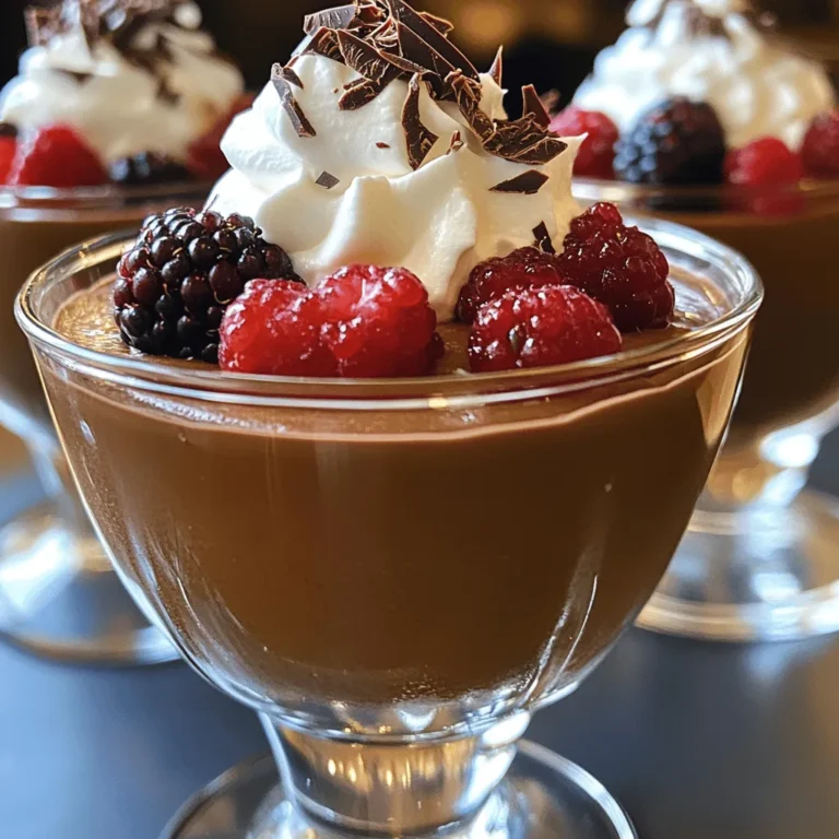 - 200g dark chocolate (70% cocoa), chopped - 3 tablespoons unsalted butter - 3 large eggs, separated - 1/4 cup granulated sugar - 1 teaspoon vanilla extract - 1 cup heavy cream - A pinch of salt To make a great chocolate mousse, we need high-quality ingredients. The star of this dessert is dark chocolate, which gives it rich flavor. I always choose chocolate with at least 70% cocoa. This ensures a deep, intense taste. Next, we add unsalted butter. It helps the chocolate melt smoothly. Eggs are crucial, too. They add structure and richness. Separating them allows us to whip the whites for a light texture. Granulated sugar sweetens the mousse, while vanilla extract adds warmth. Heavy cream is essential for that luscious, creamy mouthfeel. Lastly, a pinch of salt balances the flavors. - Whipped cream - Chocolate shavings - Fresh berries While the mousse is delightful on its own, garnishes can elevate it. Whipped cream adds a fluffy touch. Chocolate shavings bring a nice crunch and more chocolate flavor. Fresh berries add color and a slight tartness. These toppings make your dessert even more appealing. For the full recipe, check [Full Recipe]. Melt Chocolate Start by chopping 200g of dark chocolate. Place it in a heatproof bowl with 3 tablespoons of unsalted butter. Put this bowl over a pot of simmering water. Stir it gently until the chocolate and butter melt and blend into a smooth mix. Once melted, take it off the heat and let it cool. Whisk Egg Yolks In another bowl, take 3 large egg yolks. Add 1/4 cup of granulated sugar. Whisk these together until the mix turns pale and creamy. Next, pour in the cooled chocolate and butter blend. Add 1 teaspoon of vanilla extract and mix until combined. Whip Egg Whites In a clean bowl, add 3 large egg whites with a pinch of salt. Beat them until soft peaks form. Now, slowly add the remaining sugar while beating until stiff peaks form. This will give your mousse a light texture. Fold Egg Whites into Chocolate Mixture Gently fold one-third of the whipped egg whites into the chocolate mix. This lightens it. Then, carefully fold in the remaining egg whites. This step is key to keeping your mousse fluffy. Incorporate Whipped Cream In a separate bowl, whip 1 cup of heavy cream until soft peaks form. Now, fold this whipped cream into the chocolate mixture. Do this slowly to avoid deflating the mousse. Spoon into Serving Cups Once everything is combined, spoon the mousse into serving cups. You can use bowls or fancy glasses. Chill Time Cover the cups and place them in the fridge. Chill for at least 2 hours, or until the mousse is set. This step is vital for the best texture. For the full recipe, check the detailed instructions above. Enjoy your creamy and decadent dessert! To get the best texture, I recommend using the right ingredients. Start with high-quality dark chocolate, about 70% cocoa. This gives your mousse a rich flavor. Room temperature ingredients are also key. Eggs and butter blend better when they are not cold. One common mistake is overwhipping the cream or egg whites. This can make your mousse grainy instead of smooth. Aim for soft peaks when whipping. Another pitfall is not cooling the chocolate properly. If you add hot chocolate to eggs, it can cook them. Let the melted chocolate cool a bit before mixing. By following these tips, you can create a mousse that is creamy and decadent. For a full recipe, check out the detailed instructions. {{image_2}} To make your chocolate mousse even more exciting, try adding some fun flavors. You can add espresso powder for a coffee twist. Just mix in one teaspoon of espresso powder with the melted chocolate. This gives the mousse a rich, coffee flavor that pairs well with chocolate. Another idea is to infuse your mousse with orange zest or mint. For orange, add one teaspoon of fresh zest to the chocolate mix. This adds a bright, citrus taste. For mint, use a few drops of mint extract. It creates a refreshing flavor that feels special. If you follow a vegan diet, you can still enjoy this dessert! Use aquafaba instead of eggs. Aquafaba is the liquid from canned chickpeas. It whips up just like egg whites. Replace the three egg whites with 1/2 cup of aquafaba. This keeps your mousse fluffy and light. For those looking for sugar-free options, try using sweeteners like erythritol or stevia. These substitutes can replace the granulated sugar in the recipe. Just follow the package instructions for the right amount. This way, you can enjoy a guilt-free treat without the extra sugar. These variations keep the mousse fun and fit for everyone. For the full recipe, check out the detailed instructions above. After you make the mousse, you can store leftovers in the fridge. Place the mousse in airtight containers. This keeps it fresh and prevents it from absorbing other smells. It lasts about 3 to 4 days in the fridge. Make sure to cover it well. If you want to keep it safe, place plastic wrap over the top of the container. You can freeze chocolate mousse if you want it to last longer. Use a freezer-safe container and fill it to leave some space. The mousse will expand as it freezes. It can stay in the freezer for up to 2 months. To thaw the mousse, take it out and place it in the fridge for several hours. This keeps the texture nice. Avoid using a microwave, as it may change the mousse's creamy feel. Once thawed, use it within a couple of days for the best taste. If you want the full recipe, check it out here: [Full Recipe]. Chocolate mousse can last about 3 to 5 days in the fridge. Make sure to cover the mousse well to keep it fresh. After a few days, the texture might change, but it should still taste good. Yes, you can make chocolate mousse ahead of time. It’s a great dessert for parties. Just make sure to chill it for at least 2 hours. You can prepare it a day before serving. This allows the flavors to develop fully. If you need a substitute for heavy cream, you can use coconut cream or full-fat yogurt. These options will change the flavor a bit but will still give a creamy texture. You can also whip silken tofu for a dairy-free alternative. Using raw eggs can be safe if they are pasteurized. Pasteurized eggs reduce the risk of foodborne illness. If you are concerned, you can use whipped aquafaba instead of egg whites. Aquafaba is the liquid from canned chickpeas and works well in this mousse. For the full recipe, check out the recipe section above. This blog post covers how to make a simple and delicious chocolate mousse. I shared key ingredients and easy steps to create the perfect dessert. Remember to avoid common mistakes, like overwhipping cream. You can also try different flavors or adjust for dietary needs. In the end, this mousse is a treat you can make any time. With practice, you'll impress everyone. Enjoy making it, and have fun with the toppings!