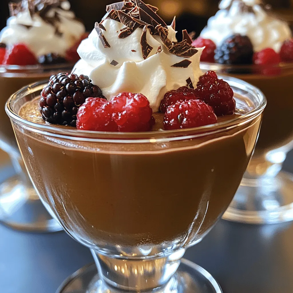 - 200g dark chocolate (70% cocoa), chopped - 3 tablespoons unsalted butter - 3 large eggs, separated - 1/4 cup granulated sugar - 1 teaspoon vanilla extract - 1 cup heavy cream - A pinch of salt To make a great chocolate mousse, we need high-quality ingredients. The star of this dessert is dark chocolate, which gives it rich flavor. I always choose chocolate with at least 70% cocoa. This ensures a deep, intense taste. Next, we add unsalted butter. It helps the chocolate melt smoothly. Eggs are crucial, too. They add structure and richness. Separating them allows us to whip the whites for a light texture. Granulated sugar sweetens the mousse, while vanilla extract adds warmth. Heavy cream is essential for that luscious, creamy mouthfeel. Lastly, a pinch of salt balances the flavors. - Whipped cream - Chocolate shavings - Fresh berries While the mousse is delightful on its own, garnishes can elevate it. Whipped cream adds a fluffy touch. Chocolate shavings bring a nice crunch and more chocolate flavor. Fresh berries add color and a slight tartness. These toppings make your dessert even more appealing. For the full recipe, check [Full Recipe]. Melt Chocolate Start by chopping 200g of dark chocolate. Place it in a heatproof bowl with 3 tablespoons of unsalted butter. Put this bowl over a pot of simmering water. Stir it gently until the chocolate and butter melt and blend into a smooth mix. Once melted, take it off the heat and let it cool. Whisk Egg Yolks In another bowl, take 3 large egg yolks. Add 1/4 cup of granulated sugar. Whisk these together until the mix turns pale and creamy. Next, pour in the cooled chocolate and butter blend. Add 1 teaspoon of vanilla extract and mix until combined. Whip Egg Whites In a clean bowl, add 3 large egg whites with a pinch of salt. Beat them until soft peaks form. Now, slowly add the remaining sugar while beating until stiff peaks form. This will give your mousse a light texture. Fold Egg Whites into Chocolate Mixture Gently fold one-third of the whipped egg whites into the chocolate mix. This lightens it. Then, carefully fold in the remaining egg whites. This step is key to keeping your mousse fluffy. Incorporate Whipped Cream In a separate bowl, whip 1 cup of heavy cream until soft peaks form. Now, fold this whipped cream into the chocolate mixture. Do this slowly to avoid deflating the mousse. Spoon into Serving Cups Once everything is combined, spoon the mousse into serving cups. You can use bowls or fancy glasses. Chill Time Cover the cups and place them in the fridge. Chill for at least 2 hours, or until the mousse is set. This step is vital for the best texture. For the full recipe, check the detailed instructions above. Enjoy your creamy and decadent dessert! To get the best texture, I recommend using the right ingredients. Start with high-quality dark chocolate, about 70% cocoa. This gives your mousse a rich flavor. Room temperature ingredients are also key. Eggs and butter blend better when they are not cold. One common mistake is overwhipping the cream or egg whites. This can make your mousse grainy instead of smooth. Aim for soft peaks when whipping. Another pitfall is not cooling the chocolate properly. If you add hot chocolate to eggs, it can cook them. Let the melted chocolate cool a bit before mixing. By following these tips, you can create a mousse that is creamy and decadent. For a full recipe, check out the detailed instructions. {{image_2}} To make your chocolate mousse even more exciting, try adding some fun flavors. You can add espresso powder for a coffee twist. Just mix in one teaspoon of espresso powder with the melted chocolate. This gives the mousse a rich, coffee flavor that pairs well with chocolate. Another idea is to infuse your mousse with orange zest or mint. For orange, add one teaspoon of fresh zest to the chocolate mix. This adds a bright, citrus taste. For mint, use a few drops of mint extract. It creates a refreshing flavor that feels special. If you follow a vegan diet, you can still enjoy this dessert! Use aquafaba instead of eggs. Aquafaba is the liquid from canned chickpeas. It whips up just like egg whites. Replace the three egg whites with 1/2 cup of aquafaba. This keeps your mousse fluffy and light. For those looking for sugar-free options, try using sweeteners like erythritol or stevia. These substitutes can replace the granulated sugar in the recipe. Just follow the package instructions for the right amount. This way, you can enjoy a guilt-free treat without the extra sugar. These variations keep the mousse fun and fit for everyone. For the full recipe, check out the detailed instructions above. After you make the mousse, you can store leftovers in the fridge. Place the mousse in airtight containers. This keeps it fresh and prevents it from absorbing other smells. It lasts about 3 to 4 days in the fridge. Make sure to cover it well. If you want to keep it safe, place plastic wrap over the top of the container. You can freeze chocolate mousse if you want it to last longer. Use a freezer-safe container and fill it to leave some space. The mousse will expand as it freezes. It can stay in the freezer for up to 2 months. To thaw the mousse, take it out and place it in the fridge for several hours. This keeps the texture nice. Avoid using a microwave, as it may change the mousse's creamy feel. Once thawed, use it within a couple of days for the best taste. If you want the full recipe, check it out here: [Full Recipe]. Chocolate mousse can last about 3 to 5 days in the fridge. Make sure to cover the mousse well to keep it fresh. After a few days, the texture might change, but it should still taste good. Yes, you can make chocolate mousse ahead of time. It’s a great dessert for parties. Just make sure to chill it for at least 2 hours. You can prepare it a day before serving. This allows the flavors to develop fully. If you need a substitute for heavy cream, you can use coconut cream or full-fat yogurt. These options will change the flavor a bit but will still give a creamy texture. You can also whip silken tofu for a dairy-free alternative. Using raw eggs can be safe if they are pasteurized. Pasteurized eggs reduce the risk of foodborne illness. If you are concerned, you can use whipped aquafaba instead of egg whites. Aquafaba is the liquid from canned chickpeas and works well in this mousse. For the full recipe, check out the recipe section above. This blog post covers how to make a simple and delicious chocolate mousse. I shared key ingredients and easy steps to create the perfect dessert. Remember to avoid common mistakes, like overwhipping cream. You can also try different flavors or adjust for dietary needs. In the end, this mousse is a treat you can make any time. With practice, you'll impress everyone. Enjoy making it, and have fun with the toppings!