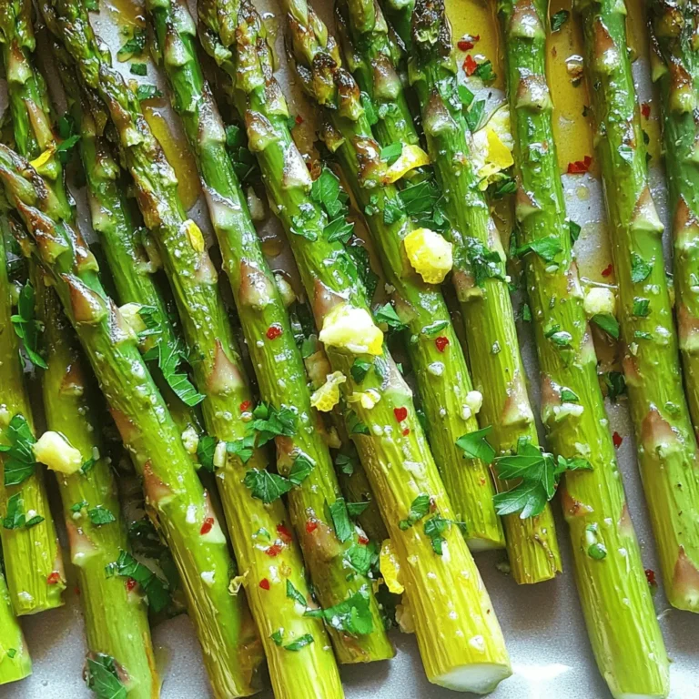 For this dish, you need 1 pound of fresh asparagus. Look for bright green color and firm stems. Trim the tough ends before cooking. This helps ensure that each bite is tender and tasty. Garlic and lemon are the stars here. You’ll need 4 cloves of garlic, minced finely. This adds a nice punch of flavor. You also need the zest and juice of 1 lemon. The zest gives a bright taste, while the juice adds a fresh tang. You can enhance the dish with extra ingredients. I suggest adding 1 teaspoon of red pepper flakes for a little heat. Fresh parsley, chopped, makes a nice garnish. It adds color and a fresh taste. A pinch of salt and pepper rounds out the flavors, making the dish pop. For the full recipe, check the details above. Start by gathering all your ingredients. You will need: - 1 pound fresh asparagus, trimmed - 4 cloves garlic, minced - 2 tablespoons olive oil - Zest of 1 lemon - Juice of 1 lemon - 1 teaspoon red pepper flakes (optional) - Salt and pepper to taste - Fresh parsley, chopped (for garnish) Wash the asparagus well and trim the ends. This helps remove any tough parts. Next, mince the garlic finely. Zest the lemon carefully to avoid the bitter white pith. Finally, squeeze the juice from the lemon, making sure to catch any seeds. Preheat your oven to 400°F (200°C). This ensures even cooking. In a large bowl, combine the asparagus, minced garlic, olive oil, lemon zest, and red pepper flakes, if you want some heat. Add the lemon juice and season with salt and pepper. Toss everything together well. You want the asparagus to be nicely coated. Now, spread the asparagus on a baking sheet in a single layer. This helps them cook evenly. Roast them in the oven for 15-20 minutes. Toss halfway through to promote even browning. You’ll know they’re done when they are tender and slightly crispy. Once cooked, remove the asparagus from the oven. Transfer it to a serving platter. For a pop of color and freshness, garnish with chopped parsley. This dish pairs well with many meals, making it a versatile side. If you want, you can check out the Full Recipe for more tips and variations! To get your asparagus just right, start with fresh spears. Look for bright green color and firm texture. Trim the tough ends, about one inch from the bottom. This helps avoid bitterness. Spread the asparagus in a single layer on the baking sheet. This ensures even roasting. Toss halfway through cooking for a nice crisp. Roast until tender, about 15-20 minutes. You can add more flavor to your dish. Try a sprinkle of Parmesan cheese before roasting for a savory kick. Fresh herbs like thyme or dill work well too. Add a splash of balsamic vinegar for a tangy twist. Red pepper flakes add heat, but use them sparingly. Lemon zest gives a bright taste that contrasts nicely with garlic. Need to feed more guests? Simply double the ingredients. You can also cut the recipe in half for smaller meals. Adjust the cooking time if you change the amount. Use a larger baking sheet for more asparagus. This keeps them from steaming and ensures a crispy finish. Always check for doneness by tasting a piece. {{image_2}} You can cook garlic lemon asparagus in many ways. Grilling gives it a smoky flavor. Just toss the asparagus with the garlic lemon mix and grill for 5-7 minutes. Sautéing is quick and easy too. Heat a pan, add olive oil, and toss the asparagus for about 5 minutes. Both methods keep the asparagus crisp and full of taste. Want to change up the flavor? Adding cheese is a great option. Feta or Parmesan adds creaminess. Fresh herbs like thyme or basil also work well. Just mix them in before you roast. If you like heat, try adding more red pepper flakes. Each twist brings a new taste to this dish. Seasonal ingredients can brighten this recipe. In spring, add some fresh peas or radishes. In summer, toss in cherry tomatoes for sweetness. Fall calls for butternut squash cubes. Winter may inspire you to add roasted nuts for crunch. Using what's fresh makes this dish more fun and tasty. After you enjoy your garlic lemon asparagus, store leftovers in an airtight container. This helps keep the flavors fresh. Place the container in the fridge. Leftovers last about three to four days. If you notice any off smells or changes in color, it's best to toss them. To reheat your asparagus, use the oven or a skillet. Preheat the oven to 350°F (175°C). Spread the asparagus on a baking sheet and warm for about 10 minutes. This keeps them crispy. If using a skillet, add a splash of olive oil and heat on medium for five minutes. Stir gently to avoid burning. Yes, you can freeze garlic lemon asparagus, but it may change texture. Blanch the asparagus first. Boil for two minutes, then place in ice water. Drain and dry before placing in freezer bags. They can last up to three months in the freezer. When ready to eat, cook straight from frozen. Enjoy the fresh taste by using the [Full Recipe]. Garlic lemon asparagus lasts about 3 to 5 days in the fridge. To store it, put it in an airtight container. This keeps it fresh and tasty. I recommend eating it within this time for the best flavor and texture. If you notice any changes, like a mushy texture, it’s best to throw it out. You can use frozen asparagus, but it will change the dish’s texture. Frozen asparagus tends to be softer when cooked. To use it, thaw the asparagus first. After that, pat it dry to remove excess moisture. This helps achieve a better roast. You might also need to adjust the cooking time. Garlic lemon asparagus pairs well with many dishes. Here are some great options: - Grilled chicken or fish - Pasta with olive oil and herbs - Quinoa or rice dishes - Steak or pork chops - A fresh green salad These ideas help you create a balanced meal. The bright lemon flavor complements rich proteins nicely. For even more inspiration, check out the Full Recipe for Garlic Lemon Asparagus. This article covered how to make delicious Garlic Lemon Asparagus. We talked about key ingredients like fresh asparagus and garlic. I shared clear steps to prepare, cook, and serve it. You learned tips for roasting it perfectly and some fun variations. Also, I gave storage tips to keep it fresh. When you try this dish, enjoy its bright flavors. Feel free to get creative with your own twists. Happy cooking!