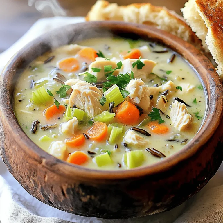 For a rich and hearty Chicken and Wild Rice Soup, gather these key ingredients: - 1 lb boneless, skinless chicken breasts, diced - 1 cup wild rice, rinsed - 1 medium onion, chopped - 2 carrots, diced - 2 celery stalks, diced - 3 cloves garlic, minced - 6 cups chicken broth (low sodium) - 1 cup heavy cream or coconut milk for a dairy-free option - 1 teaspoon dried thyme - 1 teaspoon dried rosemary - 1 teaspoon paprika - Salt and pepper to taste - 2 tablespoons olive oil - Fresh parsley, chopped (for garnish) Adding a few garnishes can elevate your soup. Consider these options: - Crusty bread on the side - Extra chopped parsley for color - A sprinkle of black pepper for spice - A drizzle of olive oil for richness If you need to swap out some ingredients, here are my suggestions: - Chicken: Use rotisserie chicken for quicker prep. - Rice: Substitute with brown rice or quinoa if you prefer. - Cream: Almond milk or cashew cream can work as dairy-free options. - Herbs: Fresh herbs can replace dried ones for a fresh taste. These swaps keep the soup delicious while catering to your needs. For the full recipe, check out the detailed instructions. 1. Start by gathering all your ingredients. This makes cooking easier. 2. Dice the chicken into small pieces. This helps it cook evenly. 3. Chop the onion, carrots, and celery. Aim for similar sizes for even cooking. 4. Rinse the wild rice under cool water. This removes any dust or debris. 5. Mince the garlic. Fresh garlic gives the best flavor in this soup. 1. In a large pot, heat 2 tablespoons of olive oil over medium heat. 2. Add the chopped onions, carrots, and celery. Sauté these for about 5 minutes. 3. Stir in the minced garlic and let it cook for one minute. 4. Now, add the diced chicken to the pot. Cook it until there is no pink, about 5-7 minutes. 5. Next, stir in the rinsed wild rice, chicken broth, thyme, rosemary, paprika, salt, and pepper. 6. Bring this mixture to a boil. Once boiling, reduce the heat to low. 7. Cover the pot and let the soup simmer for 45-50 minutes. The rice should be tender when done. 8. Once the wild rice is cooked, stir in the heavy cream or coconut milk. Heat for another 5 minutes. 9. Taste and adjust the seasoning if you need to. 1. Serve the soup hot in rustic bowls. 2. Garnish with fresh parsley for color and flavor. 3. Pair the soup with crusty bread for dipping. 4. For a twist, try adding a squeeze of lemon juice before serving. You can find the full recipe [here]. Enjoy your comforting chicken and wild rice soup! To make your chicken and wild rice soup truly special, use fresh ingredients. Start with quality chicken and fresh herbs. They add great flavor. Don't rush the cooking process. Let the soup simmer gently. This brings out the best taste. Stir in cream or coconut milk at the end. This keeps it rich and smooth. Always taste your soup before serving. Adjust the salt and pepper if needed. Store your soup in an airtight container. This keeps it fresh for up to five days in the fridge. If you want to save it for longer, freezing is a great option. Let the soup cool down before you freeze it. Use freezer-safe containers or bags. It can last up to three months in the freezer. When you're ready to eat, thaw it in the fridge overnight. When serving your soup, use rustic bowls for a cozy feel. A sprinkle of fresh parsley adds color and flavor. Pair it with crusty bread for dipping. This makes the meal even more comforting. You can also add a squeeze of lemon for a bright touch. Enjoy your soup hot for the best experience. For the full recipe, follow the instructions above. {{image_2}} If you want a dairy-free soup, try using coconut milk. It gives a nice, creamy texture. You can also use almond milk or soy milk. Just skip the heavy cream in the recipe. This way, you still enjoy a rich flavor without dairy. You can change the protein in this soup. Instead of chicken, use turkey for a lighter taste. If you're vegetarian, try adding chickpeas or lentils. They add protein and make the soup hearty. You can also use tofu for a great texture and flavor. Adding more veggies makes the soup even better. Try spinach, kale, or peas for a pop of color. You can also add mushrooms for a nice earthy taste. Bell peppers or zucchini work well too. Just chop them small so they cook evenly. To keep your Chicken and Wild Rice Soup fresh, place it in an airtight container. Make sure the soup cools to room temperature before sealing it. Store it in the fridge for up to three days. If you want to keep it longer, freezing is a great option. To freeze your soup, use freezer-safe containers. Leave about an inch of space at the top for expansion. You can also use freezer bags. Make sure to squeeze out the air before sealing. The soup can last in the freezer for up to three months. When you’re ready to enjoy your soup again, thaw it overnight in the fridge. To reheat, pour the soup into a pot over medium heat. Stir often until it is hot. You can also use a microwave. Heat it in a bowl, stirring every minute to warm it evenly. Enjoy your comforting meal! For the full recipe, check out the complete guide. To make Chicken and Wild Rice Soup gluten-free, choose gluten-free chicken broth. Most wild rice is already gluten-free. Always check the labels on your broth and any added ingredients. Avoid any flour thickeners or other gluten items. Yes, you can use rotisserie chicken. It saves time and adds great flavor. Just shred the chicken and add it when the soup is nearly done. This keeps it tender and warm without overcooking. To freeze Chicken and Wild Rice Soup, cool it completely first. Use airtight containers or freezer bags. Leave some space for expansion. Label the bags with the date. It can last up to three months in the freezer. To reheat, thaw overnight in the fridge and heat on the stove. Add a splash of broth or water if it thickens too much. In this blog post, we explored how to make Chicken and Wild Rice Soup. We learned about key ingredients, step-by-step preparation, and cooking methods. I shared tips for perfecting your soup and storing leftovers. We also discussed variations, like dairy-free options and added proteins. This soup can be a warm, comforting meal for anyone. Use these ideas and instructions to create your own tasty version. Enjoy every delicious bite!