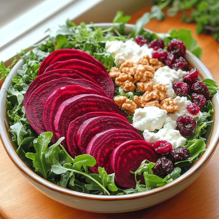 - 4 medium beets, scrubbed and trimmed - 4 cups mixed salad greens (arugula, spinach, and kale) - 1 cup goat cheese, crumbled - 1/2 cup walnuts, toasted and roughly chopped - 1/4 cup dried cranberries - 2 tablespoons balsamic vinegar - 3 tablespoons extra virgin olive oil - 1 teaspoon Dijon mustard - Salt and pepper to taste - Fresh herbs for garnish (e.g., thyme or parsley) When I prepare a roasted beet and goat cheese salad, I always choose the freshest beets. They should be firm and vibrant. Roasting brings out their sweet flavor. The mixed greens add a nice crunch and a fresh taste. I love using a mix of arugula, spinach, and kale. They not only look great together but also add depth. Next, goat cheese is a star in this salad. Its creamy texture balances the sweet beets. I crumble it over the top right before serving. Toasted walnuts bring a nutty flavor and a satisfying crunch. Dried cranberries add sweetness and a pop of color. The dressing is simple yet tasty. Combine balsamic vinegar, olive oil, and Dijon mustard. A touch of salt and pepper makes it perfect. Don’t forget to garnish with fresh herbs. They add a lovely aroma and a splash of color. - Additional nuts or seeds (e.g., pumpkin seeds) - Avocado slices for creaminess - Sliced red onion for added crunch If you want to take this salad up a notch, consider adding extra nuts or seeds. Pumpkin seeds can give a fun crunch. Sliced avocado makes the salad creamier. Red onion can add a nice bite, too. Each of these options brings a unique flavor that can excite your taste buds. For the full recipe, feel free to check out the Beet-tastic Goat Cheese Garden Salad. - Preheat the oven to 400°F (200°C). - Wrap each beet in aluminum foil. Roast them for 45-60 minutes. - Check if a knife can pierce through easily. - Once done, cool the beets slightly. Peel off the skins. - Slice the roasted beets into wedges or rounds. Set aside. - In a small bowl, combine balsamic vinegar, olive oil, Dijon mustard, salt, and pepper. - Whisk until you blend all the ingredients well. This makes a tasty dressing. - In a large bowl, combine mixed salad greens, beet slices, goat cheese, walnuts, and cranberries. - Drizzle the dressing over the salad. - Gently toss the salad to coat all the ingredients evenly. This process creates a fresh and colorful Roasted Beet and Goat Cheese Salad. For a full recipe, check out the Beet-tastic Goat Cheese Garden Salad. - Choose medium-sized beets for even cooking. - Smaller beets roast faster, while larger ones take longer. - Wrap each beet tightly in aluminum foil. This keeps steam in and helps them cook. - Roast in a preheated oven at 400°F (200°C) for 45 to 60 minutes. - To check for doneness, use a knife; it should slide in easily. Peeling roasted beets can be messy. Here is a tip: let them cool slightly before peeling. The skin should come off easily. If you find the skin stubborn, use a paper towel to rub it off. This salad pairs well with grilled chicken or fish. The rich flavors of the beets and goat cheese complement the light proteins. Try adding a side of crusty bread for a complete meal. For wine, a light white, like Sauvignon Blanc, is perfect. It balances the salad's earthiness. A light red, like Pinot Noir, also works well for those who prefer red wine. Make your salad look great by plating it artfully. Use a large, shallow bowl to show off the colors. Arrange beet slices on top in a circular pattern. Sprinkle extra walnuts and goat cheese for a beautiful finish. Add fresh herbs like thyme or parsley for color and a burst of flavor. This adds texture and makes the dish pop. For the full recipe, check the Beet-tastic Goat Cheese Garden Salad. {{image_2}} You can change your salad with fresh, seasonal ingredients. In winter, try using kale or radicchio. These greens add a nice crunch and a bright color. In the fall, pears bring sweetness. They pair well with the earthy beets and tangy goat cheese. You can slice them thin and scatter them on top. This adds flavor and makes your salad look pretty. Switch up the dressing to give your salad a new twist. A citrus vinaigrette brightens the flavors. To make it, mix orange juice, lemon juice, olive oil, and a bit of honey. You can also try a yogurt-based dressing. Just mix plain yogurt with some lemon juice and herbs. For a touch of sweetness, add a splash of maple syrup to any dressing. This gives your salad a warm, inviting taste. If you want a vegan option, it's easy to swap out the goat cheese. Try using cashew cheese or almond feta. These plant-based choices have great flavor and creamy texture. To make the salad fully vegan, skip the cheese and use a simple vinaigrette. Just mix olive oil, vinegar, salt, and pepper. This keeps the salad fresh and light. Enjoy your beet salad in any style you love! For the Full Recipe, check out the details above. To keep your roasted beet and goat cheese salad fresh, store ingredients separately. This prevents sogginess in the greens. Use airtight containers for each component. A glass container works well for beets. For salad greens, use a breathable bag or container to maintain crispness. Keep the dressing in a small jar to prevent it from soaking into the salad. Roasted beets can last up to one week in the fridge. Salad greens usually stay fresh for about three to five days. Check the beets for any signs of spoilage, like a foul smell or slimy texture. For greens, any wilting or discoloration indicates they are no longer good to eat. I recommend serving this salad cold for the best taste. If you prefer warm beets, reheat them gently. Place beets in a microwave-safe dish and cover with a damp paper towel. Heat in short bursts, around 30 seconds, checking often. This way, you maintain their soft texture without overcooking them. Yes, you can use canned beets. They save time and are easy to use. However, fresh beets taste better and have a firmer texture. Canned beets are softer and may have added sugar or salt. If you choose canned, rinse them to reduce sodium. Fresh beets offer more flavor and nutrients, making them a top choice for your salad. Yes, you can prep this salad in steps. Roast the beets a day before and store them in the fridge. Prepare the dressing ahead of time, too. Keep the greens, cheese, and nuts separate until you are ready to serve. This keeps everything fresh and crisp. Toss it all together just before serving for the best taste. If you don’t have goat cheese, try these options: - Feta cheese for a tangy flavor. - Blue cheese for a bold taste. - Ricotta for a creamy texture. - Parmesan for a nutty finish. These cheeses pair well with beets and greens. Each adds a unique touch to your salad, so feel free to experiment! For the full recipe, check out the Beet-tastic Goat Cheese Garden Salad. This blog post covers how to make a delicious beet salad. We discussed the ingredients you need and how to prepare them. I shared tips for roasting beets, making a simple dressing, and assembling the salad. We explored variations and storage tips, too. Enjoy crafting this salad your way. Feel free to experiment and make it your own. With fresh ingredients and thoughtful presentation, each bite will be a delight. Let's celebrate healthy eating and the joy of cooking!