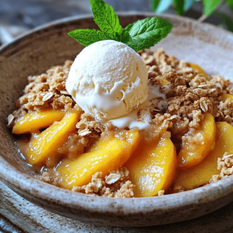 For this recipe, you need ripe peaches. They should be sweet and juicy for the best taste. I recommend using about 6 medium peaches. Slice them into thin pieces. This helps them cook evenly and blend well with the topping. You will also need some simple ingredients for the topping. Here’s what you need: - 1 cup rolled oats - 1/2 cup flour (you can use all-purpose or almond) - 1/2 cup brown sugar - 1/4 cup granulated sugar - 1/4 cup unsalted butter, melted - 1 teaspoon cinnamon - 1/4 teaspoon nutmeg - 1/4 teaspoon salt - 1 teaspoon vanilla extract Mix these together to create a crumbly topping. The oats give it a nice texture. When you serve your fresh peach crisp, consider adding a scoop of vanilla ice cream or a dollop of whipped cream. These extra touches make it even more delightful. Top with a mint sprig for color and freshness. Enjoy every bite! First, wash the peaches in cold water. This removes dirt and wax. Slice each peach in half and remove the pit. Cut each half into thin slices. Take a large bowl and add the sliced peaches. Sprinkle in the granulated sugar and vanilla extract. Gently mix the peaches until they are well-coated. Pour this peach mix into a greased 8x8 inch baking dish. This dish will hold all the goodness of your crisp. In a separate bowl, gather the rolled oats, flour, brown sugar, cinnamon, nutmeg, and salt. Mix these dry ingredients well. Now, pour the melted butter over the oat mixture. Use a fork to stir until it forms a crumbly texture. You want it to look like small pebbles. This topping gives the crisp its crunchy goodness. Preheat your oven to 350°F (175°C). Once the oven is ready, evenly distribute the oat topping over your peach mixture in the baking dish. Bake it in the preheated oven for 30-35 minutes. Look for a golden brown topping and bubbling peaches around the edges. When it’s done, remove it from the oven and let it cool for a few minutes. This wait makes it easier to serve. Enjoy your fresh peach crisp! For the full details, refer to the Full Recipe. Choosing ripe peaches makes your crisp shine. Look for peaches that are slightly soft when you press them gently. Their skin should be a warm yellow or golden color, with a hint of red blush. This shows they are sweet and juicy. Avoid peaches with bruises or dark spots. If you find firm peaches, let them sit at room temperature for a few days. They will ripen nicely. A great crisp has a balance of crunch and softness. To get this, mix your oats, flour, and sugar well. When you add melted butter, stir just enough to get a crumbly mix. Too much mixing can make it dense. Spread the topping evenly over the peaches. This helps it cook evenly. Bake until the top turns golden brown and the peaches bubble. This gives you that perfect crisp texture. Serving your peach crisp is fun and simple. I love to serve it warm. Add a scoop of vanilla ice cream on top for a creamy finish. If you prefer a lighter touch, a dollop of whipped cream works great too. For a fresh twist, add a mint leaf as a garnish. You can also serve it in small bowls for individual treats. Check out the Full Recipe for more ideas and tips! {{image_2}} You can easily make peach crisp gluten-free. Instead of all-purpose flour, use almond flour or a gluten-free blend. This keeps the crisp tasty and safe for those with gluten sensitivities. Look for oats labeled gluten-free to ensure they are safe as well. Want to boost flavor and crunch? Try adding nuts or chocolate! Chopped pecans or walnuts give a nice texture. If you love chocolate, add some chocolate chips to the oat topping. Both options add a fun twist to your peach crisp. Don’t limit yourself to just peaches! You can swap in other fruits based on what’s in season. Try using fresh blueberries, strawberries, or apples. Each fruit brings a unique taste and keeps your dessert fresh and exciting. You can find the full recipe to explore these variations. You might have some peach crisp left after a tasty meal. Store any leftovers in a sealed container. Keep it in the fridge for up to three days. The crisp will stay fresh and delicious. Make sure to cover it tightly. This helps keep the flavors in and the air out. When you want to enjoy your peach crisp again, reheating is simple. Preheat your oven to 350°F (175°C). Place the crisp in an oven-safe dish. Cover it with foil to keep it moist. Heat for about 15-20 minutes. If you like it crispy, remove the foil for the last few minutes. You can also reheat it in the microwave. Heat a single serving for about 30 seconds. Check to see if it's warm enough. If you want to save peach crisp for later, freezing works well. First, let it cool completely. Then, cut it into portions. Wrap each piece in plastic wrap. Place the wrapped pieces in a freezer bag. This helps avoid freezer burn. You can freeze it for up to three months. When you’re ready to eat, thaw it in the fridge overnight. Then, reheat as mentioned above. This way, you can enjoy your peach crisp anytime! Yes, you can use frozen peaches in this recipe. Just thaw them first. Drain any extra juice before mixing them with sugar and vanilla. This helps keep the filling from getting too watery. Frozen peaches can taste just as good as fresh ones! Making this peach crisp vegan is easy. Replace the butter with coconut oil or a vegan butter substitute. Use maple syrup or a vegan sugar option instead of brown sugar. This way, you can enjoy a tasty treat that fits your vegan lifestyle. Serve peach crisp warm for the best taste. I love to add a scoop of vanilla ice cream on top. The cold ice cream melts slightly, creating a creamy texture. You can also use whipped cream or enjoy it plain. Garnish with mint leaves for a fresh touch. Check out the Full Recipe for more details! This blog outlines how to make a delicious peach crisp. We discussed fresh peaches, toppings, and serving ideas. I shared step-by-step instructions for preparing and baking your dish. You learned tips for picking ripe peaches and getting a perfect crisp texture. We even explored variations with gluten-free options and added ingredients. Plus, I covered how to store leftovers and reheating methods. In the end, peach crisp is easy to make and enjoy. Happy baking!