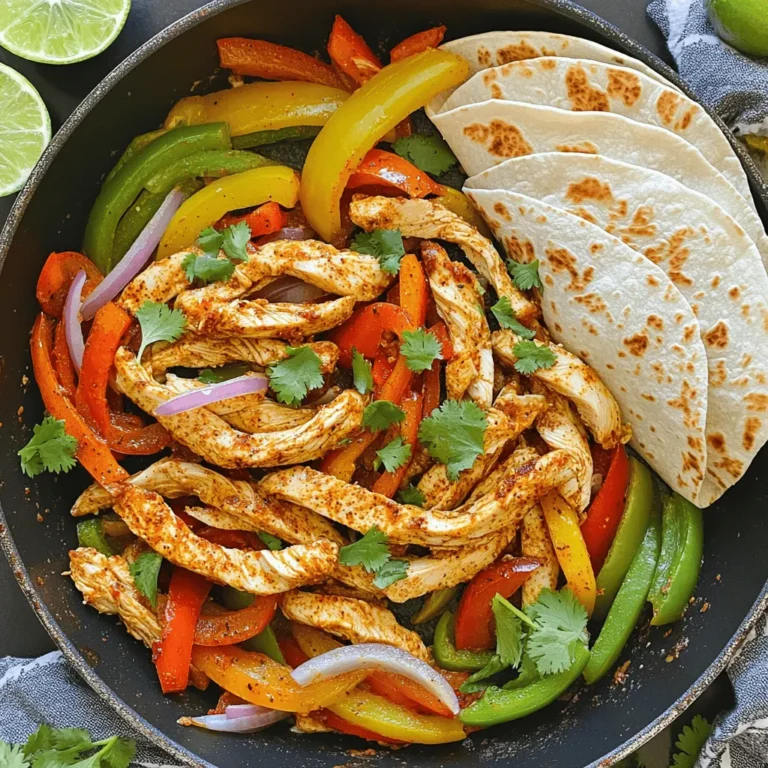 - 1 lb boneless, skinless chicken breasts - 2 tablespoons olive oil - Seasonings: chili powder, cumin, smoked paprika, garlic powder - Salt and pepper - Vegetables: red bell pepper, green bell pepper, yellow onion - Tortillas: flour or corn - Garnishes: fresh cilantro, lime wedges When you make easy chicken fajitas, you need fresh and tasty ingredients. Start with 1 pound of boneless, skinless chicken breasts. Cut them into thin strips for quick cooking. Next, add 2 tablespoons of olive oil. This oil helps the flavors stick. For the seasonings, use: - 1 teaspoon chili powder - 1 teaspoon cumin - 1 teaspoon smoked paprika - 1 teaspoon garlic powder These spices give the chicken a bold taste. Don't forget salt and pepper to enhance the flavor. Now, gather your vegetables. You will need: - 1 red bell pepper, sliced - 1 green bell pepper, sliced - 1 yellow onion, sliced These veggies add color and crunch. You will also need tortillas. Choose either 8 small flour or corn tortillas. Finally, fresh cilantro and lime wedges make great garnishes. The cilantro adds freshness, and the lime gives a zesty kick. With these ingredients, you can create a flavorful family dinner that everyone will enjoy. Check the Full Recipe for more tips! Start by mixing the marinade. In a large bowl, combine the olive oil with chili powder, cumin, smoked paprika, garlic powder, salt, and pepper. Stir it well until all the spices blend into the oil. Next, add the sliced chicken to the bowl. Toss the chicken strips in the marinade. Make sure each piece gets coated. Let it sit for 15 to 20 minutes. If you have more time, marinate it in the fridge for up to 2 hours. This gives the chicken great flavor. Heat a large skillet over medium-high heat. Once hot, add the marinated chicken to the skillet. It should sizzle when it hits the pan. Cook for about 5 minutes. Stir occasionally to make sure it cooks evenly. You want the chicken to be cooked through and browned. Check that it is no longer pink in the center. Now it’s time for the veggies! Add the sliced bell peppers and onions to the skillet with the chicken. Stir everything together. Cook for another 5 to 7 minutes. You want the vegetables to be tender but still crisp. This adds a nice texture to the dish. The colors from the peppers and onion will make your fajitas look amazing. For the complete recipe, check the [Full Recipe]. To make the best chicken fajitas, marinating is key. I suggest marinating the chicken for at least 15-20 minutes. If you have more time, try marinating for up to 2 hours in the fridge. This extra time allows the flavors to soak in deeply. For cooking, use medium-high heat. This ensures the chicken gets a nice sear without drying out. When it's time to serve, think about how to make your fajitas pop. I like to serve them on a large platter. You can layer the filling beautifully. Add a sprinkle of fresh cilantro on top for a bright touch. Lime wedges are a must-have for squeezing. They add a nice zing! For sides, consider guacamole, salsa, or a fresh salad. These pair well and add more flavors to your meal. One common mistake is overcooking the chicken. This can make it dry and tough. Keep an eye on it while it cooks. You want juicy, tender pieces. Another mistake is not choosing the right tortillas. Flour tortillas are soft and chewy, while corn tortillas are more traditional. Make sure to warm them up before serving. This step makes them easier to fold and enjoy. For the full recipe, check out the Easy Chicken Fajitas section above. {{image_2}} You can easily swap chicken for other proteins. Beef works great if you slice it thin. Use flank steak or sirloin for the best flavor. Shrimp is another tasty option. Just make sure to cook shrimp until it turns pink. Both options keep the dish fun and delicious. If you want a meatless meal, try using plant-based proteins. Tofu or tempeh can be great choices. You can also load up on veggies. Try mushrooms, zucchini, or even eggplant for a hearty bite. The mix of colors makes your fajitas look as good as they taste. To amp up the flavor, add jalapeños. They give a nice heat to the dish. You can also play with different spices. Try adding oregano or coriander for a unique twist. A squeeze of lime juice brightens the flavors, making your fajitas even more amazing. For the full recipe, check out the Easy Chicken Fajitas. To keep your leftover fajitas fresh, store them in airtight containers. Make sure the fajitas cool down to room temperature first. This helps prevent condensation, which can make them soggy. If you have extra tortillas, store them separately to keep them soft. Reheating chicken fajitas is easy. You can do this in a skillet over medium heat. Add a splash of water to steam them slightly and keep them moist. Stir occasionally for about 5 minutes. If you prefer the microwave, place them in a microwave-safe dish and cover with a damp paper towel. Heat for 1 to 2 minutes, checking every 30 seconds. Freezing chicken fajitas is a great way to save time. First, let the cooked fajitas cool completely. Then, portion them into freezer bags or containers. Remove as much air as possible to prevent freezer burn. You can freeze both the chicken and vegetables together. When you’re ready to eat them, thaw overnight in the fridge. Reheat as mentioned above for a quick meal. To add heat, you can use jalapeños. Slice them thin and toss in with the chicken. You could also add a pinch of cayenne pepper to the marinade. If you want more flavor, try a chipotle in adobo sauce. Just a small amount packs a punch. Adjust the spice to your taste. Yes, you can add many vegetables. Here are some great options: - Zucchini - Mushrooms - Corn - Asparagus - Cherry tomatoes These veggies will add color and flavor to your fajitas. Fajitas are great with various sides. Here are some tasty ideas: - Mexican rice - Refried beans - Guacamole - Salsa - Sour cream - Fresh corn salad These sides will complement your chicken fajitas well. You can find the full recipe for Easy Chicken Fajitas in the earlier section. You’ve learned how to make easy chicken fajitas that burst with flavor. We covered the key ingredients, easy steps, and helpful tips. You can customize your fajitas with different proteins and veggies, too. Remember, the right cooking method and storage will keep them fresh. Enjoy crafting your own delicious meals at home! Now, go ahead and impress your family or friends with your fajita skills!