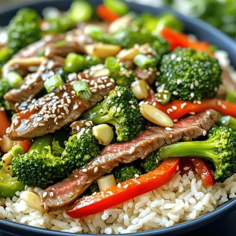 - 1 lb (450g) flank steak, sliced thinly against the grain - 2 cups broccoli florets - 1 red bell pepper, thinly sliced - 3 cloves garlic, minced - 1 inch ginger, grated - 3 tablespoons soy sauce - 2 tablespoons oyster sauce (optional) - 1 tablespoon cornstarch - 1 tablespoon sesame oil - 2 tablespoons vegetable oil - Cooked jasmine rice, for serving - Sesame seeds, for garnish - Green onions, sliced, for garnish The flank steak is key to this dish. It cooks fast and stays tender. When you slice it against the grain, you get a nice, soft bite. Broccoli adds crunch and bright green color. The red bell pepper brings sweetness and color, making it look great. Garlic and ginger provide a warm, aromatic flavor that makes your dish shine. Soy sauce adds saltiness and umami. Oyster sauce, if you choose to use it, gives a rich depth. Cornstarch helps thicken the sauce. Sesame oil adds a nutty flavor to finish it off. For the best flavor, choose fresh, high-quality flank steak. Look for a nice, bright red color with good marbling. Fresh broccoli should be bright green, firm, and not wilted. When choosing bell peppers, look for ones that are firm and shiny. Fresh garlic and ginger can make a big difference in taste. Use low-sodium soy sauce for a healthier option. If you can, find a good-quality oyster sauce. Finally, use pure sesame oil for the best flavor. Each ingredient plays a role in making your Beef and Broccoli Stir-Fry delicious. Check the [Full Recipe] for more detailed cooking steps. To start, you want to make the beef tender and tasty. Take 1 pound of flank steak and slice it thinly. Slice against the grain for the best texture. In a medium bowl, mix the sliced beef with 3 tablespoons of soy sauce, 2 tablespoons of oyster sauce (if you like), and 1 tablespoon of cornstarch. Make sure all the beef is coated well. Let it sit for 15 minutes. This step makes a big difference in flavor. While the beef marinates, it’s time to prep the broccoli. Grab 2 cups of broccoli florets. Bring a pot of water to a boil. Once boiling, add the broccoli and blanch it for 2 minutes. This keeps the broccoli bright and crisp. After 2 minutes, put the florets in an ice bath to stop cooking. Drain the broccoli and set it aside. This step ensures the broccoli stays green and crunchy. Now, let’s get cooking! Heat a large pan or wok over medium-high heat. Add 2 tablespoons of vegetable oil once it's hot. Next, add the marinated beef in a single layer. Cook for about 2 to 3 minutes until it turns brown. Remove the beef and set it aside. In the same pan, add 3 cloves of minced garlic and 1 inch of grated ginger. Sauté for 30 seconds until it smells great. Then, add the red bell pepper and your blanched broccoli. Stir for another 2 to 3 minutes. Finally, return the beef to the pan. Pour in 1 tablespoon of sesame oil. Stir everything together and cook for 2 more minutes. This helps the flavors mix well. Taste your stir-fry and add more soy sauce if you want. Serve it hot over jasmine rice. Don’t forget to garnish with sesame seeds and sliced green onions for an extra touch. For the full recipe, check the details above. To get tender beef, choose flank steak. Slice it thinly against the grain. This helps break down tough fibers. Marinate the beef for at least 15 minutes. Use soy sauce and cornstarch for extra tenderness. The cornstarch creates a nice coating that locks in juices. Don't cook the beef too long. Just 2-3 minutes in a hot pan will do. Remove it quickly to keep it tender. For bright green, crisp broccoli, blanch it first. Boil water and add the florets for 2 minutes. This softens them but keeps their color. After boiling, quickly transfer them to an ice bath. This stops the cooking and keeps the crunch. Stir-fry the blanched broccoli for just a few minutes. This will make it hot without losing its color or texture. To boost flavor, add garlic and ginger when cooking. These ingredients bring a strong, fresh taste. You can also add red bell pepper for sweetness. If you want a richer taste, use oyster sauce. Just a tablespoon can add depth. Taste your dish before serving. If it needs more saltiness, add extra soy sauce. A sprinkle of sesame seeds and green onions on top adds a nice touch. For the detailed recipe, check the Full Recipe. {{image_2}} You can switch beef for other proteins. Chicken works great in this dish. You can also use shrimp or tofu for a different taste. Each choice brings its own flavor and texture. Try marinating them the same way. This keeps the dish simple and tasty, just like the Full Recipe. Feel free to add more veggies for color and taste. Carrots, snap peas, or mushrooms can enhance the dish. Just chop them up and toss them in with the broccoli. They will cook quickly, adding crunch and nutrition. If you need a gluten-free version, use tamari instead of soy sauce. For a vegan meal, replace the beef with tofu or seitan. You can also skip the oyster sauce or use a vegan version. This way, you can enjoy a delicious meal while meeting your dietary needs. To keep your beef and broccoli stir-fry fresh, store it in an airtight container. Let the dish cool down to room temperature before sealing it. Place the container in the fridge and eat the leftovers within three days. This helps maintain flavor and quality. When you're ready to enjoy your leftovers, reheat them in a pan. Add a splash of water or broth to avoid drying out the meal. Heat on medium until warm, stirring often. You can also use the microwave. Cover the dish and heat in short bursts, stirring in between. This ensures even heating. If you want to freeze your stir-fry, first let it cool completely. Portion it into freezer bags or containers. Remove as much air as possible before sealing. Label the bags with the date. You can freeze it for up to three months. When you’re ready to eat, thaw it overnight in the fridge before reheating. This method preserves taste and texture well. For the full recipe, check out the Beefy Broccoli Bonanza. Making Beef and Broccoli Stir-Fry takes about 30 minutes. This time includes prep and cooking. You will spend 15 minutes prepping the ingredients and marinating the beef. The cooking process will take about 15 minutes. This quick time makes it perfect for busy weeknights. Yes, you can use frozen broccoli. Frozen broccoli is convenient and saves time. It also cooks quickly, which fits well with stir-frying. Just make sure to thaw it before use. Drain any excess water to avoid sogginess in your dish. Beef and Broccoli Stir-Fry pairs well with jasmine rice. This rice soaks up the savory sauce nicely. You can also serve it with noodles for a different twist. Adding spring rolls or dumplings makes it a complete meal. For a fresh touch, include a side salad with crisp greens. Check out the Full Recipe for more ideas! Beef and broccoli stir-fry is simple and fun to make. You learned about key ingredients and best cooking practices. I offered tips for tender beef and tasty broccoli. You can also try different proteins and some easy swaps. Lastly, I explained how to store leftovers well. Enjoy this dish tonight or any night. It fits any table and delights many tastes. Your kitchen will shine with this easy recipe!