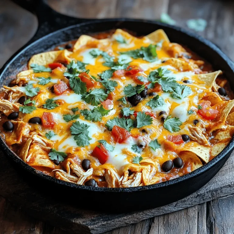 For my Chicken and Cheese Enchiladas Skillet, I use these core ingredients: - 2 cups cooked chicken, shredded - 1 cup corn tortillas, cut into strips - 1 cup black beans, drained and rinsed - 1 cup diced tomatoes (fresh or canned) - 1 cup enchilada sauce (red or green) - 1 cup shredded cheese (cheddar or Mexican blend) - 1/2 cup red bell pepper, diced - 1/2 cup onion, diced - 1 tablespoon olive oil - 1 teaspoon ground cumin - 1 teaspoon paprika - Salt and pepper to taste - Fresh cilantro for garnish - Sour cream or Greek yogurt for serving (optional) Using fresh ingredients boosts flavors. Fresh veggies and quality chicken create a vibrant taste. They make your dish pop and feel homemade. Fresh herbs add a fragrant touch. Always choose the best ingredients for the best results. You can enhance your dish with these extra toppings: - Avocado slices - Jalapeños for heat - Extra cheese on top - Chopped green onions If you have dietary needs, try these variations: - Use gluten-free tortillas for a gluten-free option. - Swap chicken for beans or tofu for a vegan twist. - Try different cheeses, like pepper jack for added spice. These options let you customize your skillet to fit your taste. Enjoy making it your own! Check out the Full Recipe for more ideas. Shredding chicken can be quick and easy. Use a fork or your hands to pull the meat apart. If you have leftover rotisserie chicken, it works great. For cutting corn tortillas, stack a few and slice them into strips. Aim for about one-inch wide pieces. This size helps them cook evenly in the skillet. Start by heating olive oil in a large skillet over medium heat. Add diced onions and red bell pepper, cooking for 3-4 minutes until they soften. Next, stir in shredded chicken, black beans, and diced tomatoes. Add ground cumin, paprika, salt, and pepper. Mix everything well and heat for 2-3 minutes. Then, lower the heat and pour in the enchilada sauce. Stir until the chicken mixture is fully coated. Gently fold in the tortilla strips, spreading them throughout the mixture. This step helps the tortillas soak up the sauce. Sprinkle shredded cheese over the top. Cover the skillet with a lid and let it simmer on low for about 5 minutes. This allows the cheese to melt perfectly. Once melted, turn off the heat and let it sit for a few minutes before serving. To check for doneness, look for melted cheese and heated ingredients. For garnishing, sprinkle fresh cilantro on top. You can also add a dollop of sour cream or Greek yogurt for extra creaminess. This dish is now ready to enjoy! For the complete recipe, check the Full Recipe link. To make your enchiladas pop, adjust the spices. If you love heat, add more paprika or a pinch of cayenne. For a milder taste, stick to cumin and paprika. I recommend using brands like Las Palmas or Old El Paso for your enchilada sauce. They pack a great flavor without being too spicy. You can also try making your own sauce for a fresh twist. Choosing the right skillet is key. A cast-iron skillet works best for even heat. It also adds a nice flavor. If you have a non-stick skillet, make sure it is in good shape. This helps prevent sticking. Always preheat your skillet before adding oil or ingredients. This step helps cook everything evenly. To avoid sticking, use enough oil. Just a tablespoon will do. Remember to stir gently as you cook. This helps all ingredients blend without breaking apart. {{image_2}} For those needing gluten-free options, use corn tortillas. They add great texture and flavor. Check the enchilada sauce label to ensure it's also gluten-free. For a vegan twist, swap chicken for black beans or lentils. Use plant-based cheese for a creamy touch. Tofu can also work as a protein source. Want more heat? Add sliced jalapeños or a pinch of cayenne pepper. For a smoky flavor, try smoked paprika or chipotle peppers in adobo sauce. Custom toppings can elevate your dish. Add diced avocado, sliced radishes, or fresh lime. You can also sprinkle some green onions or crumbled queso fresco on top. These small changes make a big difference! To store leftover chicken and cheese enchiladas, follow these steps: - Allow the dish to cool down to room temperature. - Place it in an airtight container. - Store in the fridge for up to three days or freeze for up to three months. When reheating, you want to keep that rich flavor. Here’s how: - Preheat your oven to 350°F (175°C). - Place the enchiladas in an oven-safe dish. - Cover with foil to prevent drying out. - Heat for about 20 minutes or until warm. This method helps keep the cheese melty and the tortillas soft. Meal prep makes cooking easier later. Start by: - Shredding chicken ahead of time and storing it in the fridge. - Cutting tortillas into strips and sealing them in a bag. - Chopping veggies like bell peppers and onions a day in advance. Planning weekly meals? You can use this recipe. Cook once and enjoy multiple meals! Pair it with a salad or rice for variety. How to adjust recipe for larger servings? To serve more people, simply double or triple the ingredients. Use a bigger skillet or a second one. Ensure to adjust cooking time as needed. Check if everything heats well and mixes evenly. Can I substitute the chicken for another protein? Yes, ground turkey or beef works great. You can also use beans for a vegetarian option. Just cook them until warmed through. This keeps the flavors rich and satisfying. What to do if the cheese doesn’t melt properly? If the cheese doesn’t melt, cover the skillet with a lid. This traps heat and helps the cheese melt. You can also turn up the heat slightly. Just watch it closely to prevent burning. How to fix overly spicy enchiladas? To tone down the spice, add more cheese or sour cream. A dollop of Greek yogurt helps, too. You can also serve it with a side of rice to balance the heat. What to serve alongside Chicken and Cheese Enchiladas Skillet? Serve with a fresh salad to add crunch. Mexican rice pairs nicely for a filling meal. You could also offer tortilla chips with salsa for a fun side. Best beverages to pair with this dish? A light beer or sparkling water works well. For a non-alcoholic option, try lemonade or iced tea. These drinks cool the palate and enhance the meal. In this blog post, we explored the tasty Chicken and Cheese Enchiladas Skillet. We discussed fresh ingredients and steps for making this dish. You learned how to prepare the filling, cook it well, and garnish for presentation. Perfecting flavors and storage tips were also covered. You can make this meal fit any diet with the variations provided. With these tips, you’ll create a dish that tastes great every time. Enjoy your cooking!