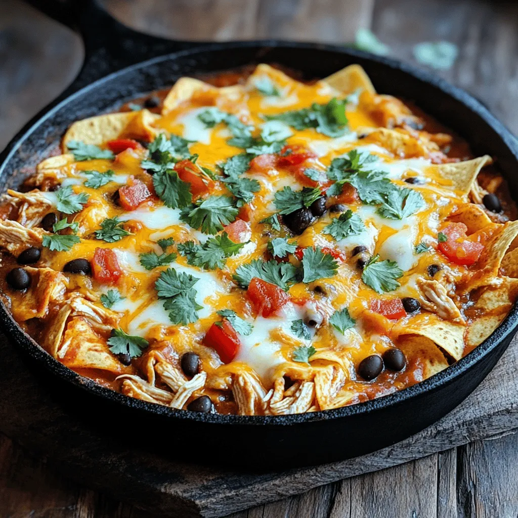 For my Chicken and Cheese Enchiladas Skillet, I use these core ingredients: - 2 cups cooked chicken, shredded - 1 cup corn tortillas, cut into strips - 1 cup black beans, drained and rinsed - 1 cup diced tomatoes (fresh or canned) - 1 cup enchilada sauce (red or green) - 1 cup shredded cheese (cheddar or Mexican blend) - 1/2 cup red bell pepper, diced - 1/2 cup onion, diced - 1 tablespoon olive oil - 1 teaspoon ground cumin - 1 teaspoon paprika - Salt and pepper to taste - Fresh cilantro for garnish - Sour cream or Greek yogurt for serving (optional) Using fresh ingredients boosts flavors. Fresh veggies and quality chicken create a vibrant taste. They make your dish pop and feel homemade. Fresh herbs add a fragrant touch. Always choose the best ingredients for the best results. You can enhance your dish with these extra toppings: - Avocado slices - Jalapeños for heat - Extra cheese on top - Chopped green onions If you have dietary needs, try these variations: - Use gluten-free tortillas for a gluten-free option. - Swap chicken for beans or tofu for a vegan twist. - Try different cheeses, like pepper jack for added spice. These options let you customize your skillet to fit your taste. Enjoy making it your own! Check out the Full Recipe for more ideas. Shredding chicken can be quick and easy. Use a fork or your hands to pull the meat apart. If you have leftover rotisserie chicken, it works great. For cutting corn tortillas, stack a few and slice them into strips. Aim for about one-inch wide pieces. This size helps them cook evenly in the skillet. Start by heating olive oil in a large skillet over medium heat. Add diced onions and red bell pepper, cooking for 3-4 minutes until they soften. Next, stir in shredded chicken, black beans, and diced tomatoes. Add ground cumin, paprika, salt, and pepper. Mix everything well and heat for 2-3 minutes. Then, lower the heat and pour in the enchilada sauce. Stir until the chicken mixture is fully coated. Gently fold in the tortilla strips, spreading them throughout the mixture. This step helps the tortillas soak up the sauce. Sprinkle shredded cheese over the top. Cover the skillet with a lid and let it simmer on low for about 5 minutes. This allows the cheese to melt perfectly. Once melted, turn off the heat and let it sit for a few minutes before serving. To check for doneness, look for melted cheese and heated ingredients. For garnishing, sprinkle fresh cilantro on top. You can also add a dollop of sour cream or Greek yogurt for extra creaminess. This dish is now ready to enjoy! For the complete recipe, check the Full Recipe link. To make your enchiladas pop, adjust the spices. If you love heat, add more paprika or a pinch of cayenne. For a milder taste, stick to cumin and paprika. I recommend using brands like Las Palmas or Old El Paso for your enchilada sauce. They pack a great flavor without being too spicy. You can also try making your own sauce for a fresh twist. Choosing the right skillet is key. A cast-iron skillet works best for even heat. It also adds a nice flavor. If you have a non-stick skillet, make sure it is in good shape. This helps prevent sticking. Always preheat your skillet before adding oil or ingredients. This step helps cook everything evenly. To avoid sticking, use enough oil. Just a tablespoon will do. Remember to stir gently as you cook. This helps all ingredients blend without breaking apart. {{image_2}} For those needing gluten-free options, use corn tortillas. They add great texture and flavor. Check the enchilada sauce label to ensure it's also gluten-free. For a vegan twist, swap chicken for black beans or lentils. Use plant-based cheese for a creamy touch. Tofu can also work as a protein source. Want more heat? Add sliced jalapeños or a pinch of cayenne pepper. For a smoky flavor, try smoked paprika or chipotle peppers in adobo sauce. Custom toppings can elevate your dish. Add diced avocado, sliced radishes, or fresh lime. You can also sprinkle some green onions or crumbled queso fresco on top. These small changes make a big difference! To store leftover chicken and cheese enchiladas, follow these steps: - Allow the dish to cool down to room temperature. - Place it in an airtight container. - Store in the fridge for up to three days or freeze for up to three months. When reheating, you want to keep that rich flavor. Here’s how: - Preheat your oven to 350°F (175°C). - Place the enchiladas in an oven-safe dish. - Cover with foil to prevent drying out. - Heat for about 20 minutes or until warm. This method helps keep the cheese melty and the tortillas soft. Meal prep makes cooking easier later. Start by: - Shredding chicken ahead of time and storing it in the fridge. - Cutting tortillas into strips and sealing them in a bag. - Chopping veggies like bell peppers and onions a day in advance. Planning weekly meals? You can use this recipe. Cook once and enjoy multiple meals! Pair it with a salad or rice for variety. How to adjust recipe for larger servings? To serve more people, simply double or triple the ingredients. Use a bigger skillet or a second one. Ensure to adjust cooking time as needed. Check if everything heats well and mixes evenly. Can I substitute the chicken for another protein? Yes, ground turkey or beef works great. You can also use beans for a vegetarian option. Just cook them until warmed through. This keeps the flavors rich and satisfying. What to do if the cheese doesn’t melt properly? If the cheese doesn’t melt, cover the skillet with a lid. This traps heat and helps the cheese melt. You can also turn up the heat slightly. Just watch it closely to prevent burning. How to fix overly spicy enchiladas? To tone down the spice, add more cheese or sour cream. A dollop of Greek yogurt helps, too. You can also serve it with a side of rice to balance the heat. What to serve alongside Chicken and Cheese Enchiladas Skillet? Serve with a fresh salad to add crunch. Mexican rice pairs nicely for a filling meal. You could also offer tortilla chips with salsa for a fun side. Best beverages to pair with this dish? A light beer or sparkling water works well. For a non-alcoholic option, try lemonade or iced tea. These drinks cool the palate and enhance the meal. In this blog post, we explored the tasty Chicken and Cheese Enchiladas Skillet. We discussed fresh ingredients and steps for making this dish. You learned how to prepare the filling, cook it well, and garnish for presentation. Perfecting flavors and storage tips were also covered. You can make this meal fit any diet with the variations provided. With these tips, you’ll create a dish that tastes great every time. Enjoy your cooking!