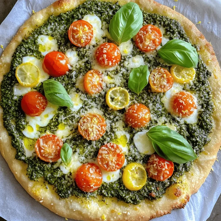 - 1 pre-made pizza dough - 1/2 cup fresh basil pesto - 1 cup shredded mozzarella cheese - 1 medium lemon (zested and juiced) - 1 cup cherry tomatoes, halved - 1/4 cup grated Parmesan cheese - 1 tablespoon olive oil - Fresh basil leaves for garnish - Salt and pepper to taste When making Lemon Basil Pesto Pizza, gather these key ingredients. The pre-made pizza dough saves time. I love using fresh basil pesto for a burst of flavor. Shredded mozzarella cheese gives a creamy melt that everyone enjoys. The zest and juice from the lemon add a bright kick that makes each bite special. If you want to take it up a notch, add cherry tomatoes for a sweet pop. Grated Parmesan cheese can sprinkle on top for extra flavor. A drizzle of olive oil before serving enhances the taste. Fresh basil leaves make a lovely garnish that looks and tastes great. Finally, don’t forget to season with salt and pepper to bring out all these flavors. For the full recipe, check out the detailed instructions to create this delightful dish. - Preheat your oven to 475°F (245°C) and place a pizza stone or baking sheet inside. - On a floured surface, roll out the pizza dough to your desired thickness. Make sure it fits your baking sheet or stone. - Spread the fresh basil pesto evenly over the dough, leaving a small border. - Sprinkle the shredded mozzarella cheese over the pesto layer. Add the halved cherry tomatoes. - Drizzle the olive oil over the toppings. Season with salt and pepper. - Sprinkle lemon zest evenly across the pizza. This adds a bright flavor. - Carefully transfer the pizza (with parchment paper) onto the heated stone or baking sheet. - Bake for 12-15 minutes, until the crust is golden brown and the cheese is bubbling. - Once done, remove the pizza from the oven. Drizzle with fresh lemon juice for extra zest. - Finish with grated Parmesan cheese on top. Add fresh basil leaves for a nice touch. - Cut into slices and serve hot. Enjoy this delightful Lemon Basil Pesto Pizza! For the complete recipe, check out the Full Recipe section. - Tips for rolling out pizza dough perfectly: Use a well-floured surface. Start from the center and push outward. Rotate the dough a quarter turn after each roll. This keeps the shape even. If the dough shrinks back, let it rest for a few minutes. - Best practices for spreading pesto: Use a spoon or spatula to spread the pesto. Start from the center and move out. Leave a small border for the crust. This helps the crust stay crunchy while keeping the flavors focused. - Suggestions for additional toppings: Add sliced mushrooms or bell peppers for extra texture. You can also mix in olives or artichokes for a briny kick. These toppings blend well with the lemon and basil flavors. - Balancing flavors with lemon juice: Drizzle fresh lemon juice over the pizza after baking. This adds brightness and cuts through the richness of the cheese. Adjust the amount based on your taste. - Oven settings and tricks for a crispy crust: Preheat your oven to 475°F (245°C). Place a pizza stone inside for at least 30 minutes before baking. This helps absorb moisture and gives you a nice, crispy crust. - Alternatives to pre-made dough: If you want to make your own dough, mix flour, yeast, and water. Knead until smooth, then let it rise. This is a fun way to customize your pizza. You can also use flatbreads for a quick option. These tips will help you create a delicious Lemon Basil Pesto Pizza. For the complete recipe, check out the Full Recipe section. Enjoy your cooking adventure! {{image_2}} You can easily make this pizza vegetarian. Consider using vegan cheese or no cheese at all. Add lots of colorful veggies like bell peppers, zucchini, or spinach. Each vegetable brings its own flavor and texture. Try mixing and matching to find your favorite combo. You can even add artichokes or olives for a Mediterranean twist. For a hearty version, add chicken or prosciutto. Grilled chicken adds a nice smoky flavor. Thin slices of prosciutto bring a salty bite. You can layer these meats under the cheese or on top of the veggies. This twist makes each slice more filling and adds richness to the dish. If you need a gluten-free option, you can use gluten-free pizza crusts. Many stores sell ready-made gluten-free crusts. You can also make your own using almond flour or cauliflower. These options provide a great base for your lemon basil pesto pizza. Just follow the same steps for assembling and baking your pizza. To keep your Lemon Basil Pesto Pizza fresh, store it in the fridge. Place slices in an airtight container. This helps keep the crust crispy and the toppings fresh. You can also wrap the pizza tightly in plastic wrap. Make sure to eat the leftovers within three days for the best taste. When you're ready to enjoy your pizza again, you can reheat it easily. For the oven, preheat it to 350°F (175°C). Place the pizza on a baking sheet and heat for about 10 minutes. This helps keep the crust crispy. If you use a microwave, heat one slice at a time for about 30 seconds. The crust won’t be crispy, but the pizza will be hot. If you want to freeze your pizza, wait until it cools. Wrap each slice in plastic wrap, then place them in a freezer-safe bag. Squeeze out any air to prevent freezer burn. You can freeze the pizza for up to two months. To thaw, place slices in the fridge overnight. Reheat as described above to enjoy your tasty pizza later. For the full recipe, check out the original instructions above. Lemon basil pesto is a fresh twist on the classic pesto. It features aromatic basil, zesty lemon, and rich olive oil. The key ingredients are: - Fresh basil leaves - Pine nuts or walnuts - Garlic - Olive oil - Parmesan cheese - Fresh lemon juice and zest This vibrant sauce adds bright flavor to many dishes, especially pizza. You can use it as a spread or a dip, making it versatile. Yes, you can make your own basil pesto at home. Here’s a simple recipe: 1. Combine 2 cups of fresh basil leaves, 1/2 cup of nuts, and 2 cloves of garlic in a blender. 2. Pulse until the mixture is finely chopped. 3. Slowly add 1/2 cup of olive oil while blending. 4. Stir in 1/2 cup of grated Parmesan cheese. 5. Add salt and pepper to taste. This homemade pesto is fresh and full of flavor. To boost lemon flavor in your pizza, try these tips: - Use more lemon zest before baking. - Squeeze fresh lemon juice on top after baking. - Add thin lemon slices as a topping. These options will give your pizza a bright, zesty kick. Great side dishes to pair with lemon basil pesto pizza include: - Mixed green salad with lemon vinaigrette - Roasted vegetables, like zucchini or bell peppers - Garlic bread or breadsticks - A light soup, like minestrone These sides complement the pizza’s fresh flavors beautifully. You now have everything you need to create a delicious lemon basil pesto pizza. We covered essential ingredients, preparation steps, and various options to customize your pizza. Remember to balance flavors and explore different toppings. Enjoy experimenting with storage and reheating tips to savor every slice. Make this pizza your own, and have fun in the kitchen!