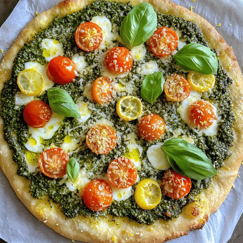 - 1 pre-made pizza dough - 1/2 cup fresh basil pesto - 1 cup shredded mozzarella cheese - 1 medium lemon (zested and juiced) - 1 cup cherry tomatoes, halved - 1/4 cup grated Parmesan cheese - 1 tablespoon olive oil - Fresh basil leaves for garnish - Salt and pepper to taste When making Lemon Basil Pesto Pizza, gather these key ingredients. The pre-made pizza dough saves time. I love using fresh basil pesto for a burst of flavor. Shredded mozzarella cheese gives a creamy melt that everyone enjoys. The zest and juice from the lemon add a bright kick that makes each bite special. If you want to take it up a notch, add cherry tomatoes for a sweet pop. Grated Parmesan cheese can sprinkle on top for extra flavor. A drizzle of olive oil before serving enhances the taste. Fresh basil leaves make a lovely garnish that looks and tastes great. Finally, don’t forget to season with salt and pepper to bring out all these flavors. For the full recipe, check out the detailed instructions to create this delightful dish. - Preheat your oven to 475°F (245°C) and place a pizza stone or baking sheet inside. - On a floured surface, roll out the pizza dough to your desired thickness. Make sure it fits your baking sheet or stone. - Spread the fresh basil pesto evenly over the dough, leaving a small border. - Sprinkle the shredded mozzarella cheese over the pesto layer. Add the halved cherry tomatoes. - Drizzle the olive oil over the toppings. Season with salt and pepper. - Sprinkle lemon zest evenly across the pizza. This adds a bright flavor. - Carefully transfer the pizza (with parchment paper) onto the heated stone or baking sheet. - Bake for 12-15 minutes, until the crust is golden brown and the cheese is bubbling. - Once done, remove the pizza from the oven. Drizzle with fresh lemon juice for extra zest. - Finish with grated Parmesan cheese on top. Add fresh basil leaves for a nice touch. - Cut into slices and serve hot. Enjoy this delightful Lemon Basil Pesto Pizza! For the complete recipe, check out the Full Recipe section. - Tips for rolling out pizza dough perfectly: Use a well-floured surface. Start from the center and push outward. Rotate the dough a quarter turn after each roll. This keeps the shape even. If the dough shrinks back, let it rest for a few minutes. - Best practices for spreading pesto: Use a spoon or spatula to spread the pesto. Start from the center and move out. Leave a small border for the crust. This helps the crust stay crunchy while keeping the flavors focused. - Suggestions for additional toppings: Add sliced mushrooms or bell peppers for extra texture. You can also mix in olives or artichokes for a briny kick. These toppings blend well with the lemon and basil flavors. - Balancing flavors with lemon juice: Drizzle fresh lemon juice over the pizza after baking. This adds brightness and cuts through the richness of the cheese. Adjust the amount based on your taste. - Oven settings and tricks for a crispy crust: Preheat your oven to 475°F (245°C). Place a pizza stone inside for at least 30 minutes before baking. This helps absorb moisture and gives you a nice, crispy crust. - Alternatives to pre-made dough: If you want to make your own dough, mix flour, yeast, and water. Knead until smooth, then let it rise. This is a fun way to customize your pizza. You can also use flatbreads for a quick option. These tips will help you create a delicious Lemon Basil Pesto Pizza. For the complete recipe, check out the Full Recipe section. Enjoy your cooking adventure! {{image_2}} You can easily make this pizza vegetarian. Consider using vegan cheese or no cheese at all. Add lots of colorful veggies like bell peppers, zucchini, or spinach. Each vegetable brings its own flavor and texture. Try mixing and matching to find your favorite combo. You can even add artichokes or olives for a Mediterranean twist. For a hearty version, add chicken or prosciutto. Grilled chicken adds a nice smoky flavor. Thin slices of prosciutto bring a salty bite. You can layer these meats under the cheese or on top of the veggies. This twist makes each slice more filling and adds richness to the dish. If you need a gluten-free option, you can use gluten-free pizza crusts. Many stores sell ready-made gluten-free crusts. You can also make your own using almond flour or cauliflower. These options provide a great base for your lemon basil pesto pizza. Just follow the same steps for assembling and baking your pizza. To keep your Lemon Basil Pesto Pizza fresh, store it in the fridge. Place slices in an airtight container. This helps keep the crust crispy and the toppings fresh. You can also wrap the pizza tightly in plastic wrap. Make sure to eat the leftovers within three days for the best taste. When you're ready to enjoy your pizza again, you can reheat it easily. For the oven, preheat it to 350°F (175°C). Place the pizza on a baking sheet and heat for about 10 minutes. This helps keep the crust crispy. If you use a microwave, heat one slice at a time for about 30 seconds. The crust won’t be crispy, but the pizza will be hot. If you want to freeze your pizza, wait until it cools. Wrap each slice in plastic wrap, then place them in a freezer-safe bag. Squeeze out any air to prevent freezer burn. You can freeze the pizza for up to two months. To thaw, place slices in the fridge overnight. Reheat as described above to enjoy your tasty pizza later. For the full recipe, check out the original instructions above. Lemon basil pesto is a fresh twist on the classic pesto. It features aromatic basil, zesty lemon, and rich olive oil. The key ingredients are: - Fresh basil leaves - Pine nuts or walnuts - Garlic - Olive oil - Parmesan cheese - Fresh lemon juice and zest This vibrant sauce adds bright flavor to many dishes, especially pizza. You can use it as a spread or a dip, making it versatile. Yes, you can make your own basil pesto at home. Here’s a simple recipe: 1. Combine 2 cups of fresh basil leaves, 1/2 cup of nuts, and 2 cloves of garlic in a blender. 2. Pulse until the mixture is finely chopped. 3. Slowly add 1/2 cup of olive oil while blending. 4. Stir in 1/2 cup of grated Parmesan cheese. 5. Add salt and pepper to taste. This homemade pesto is fresh and full of flavor. To boost lemon flavor in your pizza, try these tips: - Use more lemon zest before baking. - Squeeze fresh lemon juice on top after baking. - Add thin lemon slices as a topping. These options will give your pizza a bright, zesty kick. Great side dishes to pair with lemon basil pesto pizza include: - Mixed green salad with lemon vinaigrette - Roasted vegetables, like zucchini or bell peppers - Garlic bread or breadsticks - A light soup, like minestrone These sides complement the pizza’s fresh flavors beautifully. You now have everything you need to create a delicious lemon basil pesto pizza. We covered essential ingredients, preparation steps, and various options to customize your pizza. Remember to balance flavors and explore different toppings. Enjoy experimenting with storage and reheating tips to savor every slice. Make this pizza your own, and have fun in the kitchen!