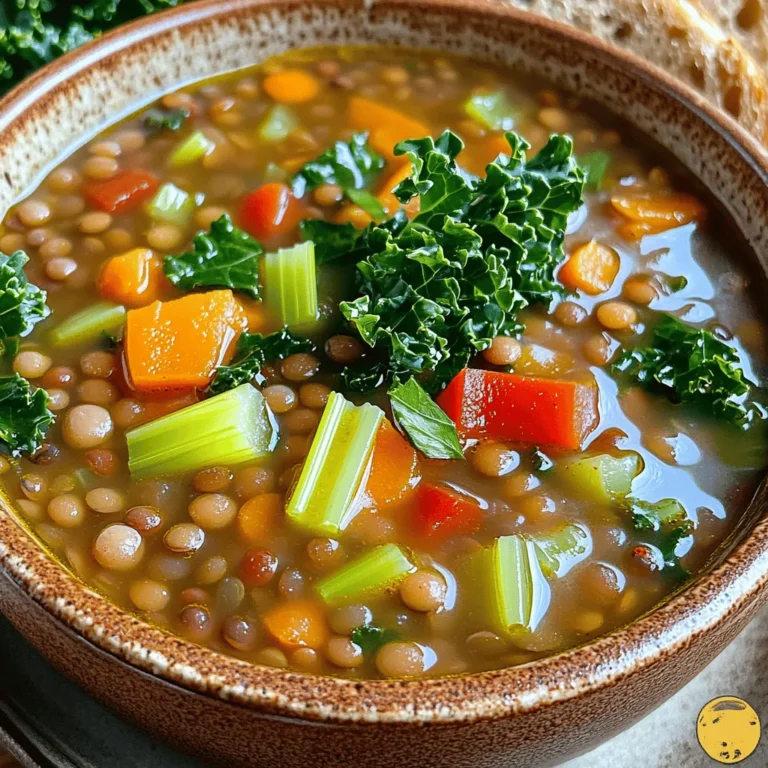 - 1 cup green or brown lentils - 1 tablespoon olive oil - 1 medium onion, chopped - 2 cloves garlic, minced - 2 medium carrots, diced - 2 stalks celery, diced - 1 red bell pepper, diced - 1 teaspoon ground cumin - 1 teaspoon smoked paprika - 1/2 teaspoon turmeric - 6 cups vegetable broth - 1 (14-ounce) can diced tomatoes - 2 cups kale, chopped - Salt and pepper to taste - 2 tablespoons fresh lemon juice - Fresh parsley, for garnish - Additional vegetables (zucchini, spinach, etc.) - Alternative spices (coriander, chili powder, etc.) The main ingredients create a hearty, warm soup. Lentils bring protein and fiber. Onion and garlic add flavor. Carrots and celery provide sweetness and crunch. The bell pepper adds a nice hint of freshness. Spices like cumin and paprika give it depth. Vegetable broth creates a rich base. Diced tomatoes add acidity. Kale offers nutrients and color. Lemon juice brightens the taste. Fresh parsley makes a lovely garnish. You can adjust the soup to your taste. Add extra veggies or spices that you love. This way, you make it your own! If you want to try something new, check out the full recipe. First, grab a large pot. Add one tablespoon of olive oil and heat it over medium heat. Once the oil is hot, add one chopped onion. Sauté it for about five minutes until it softens. Next, add two minced garlic cloves. Stir them in and cook for one minute. Now, it’s time to add two diced carrots, two diced celery stalks, and one diced red bell pepper. Cook these veggies for another five to seven minutes. This step builds a tasty base for your soup. Now for the fun part! Sprinkle in one teaspoon of ground cumin, one teaspoon of smoked paprika, and half a teaspoon of turmeric. Stir well to coat the veggies with the spices. Toasting the spices for just one minute brings out their flavors. After that, introduce one cup of rinsed lentils to the pot. Pour in six cups of vegetable broth and one 14-ounce can of diced tomatoes, including the juices. Combine everything well. Bring the mixture to a boil. Once it boils, reduce the heat to low and let it simmer for about 25 to 30 minutes. Stir occasionally until the lentils feel tender. Finally, add two cups of chopped kale to the soup. Let it simmer for another five to seven minutes until the kale wilts and turns a vibrant green. At this stage, season your soup with salt, pepper, and two tablespoons of fresh lemon juice. This brightens the flavors and makes the soup truly shine. For the full recipe, check the details above. To boost the taste of your vegan lentil soup, homemade vegetable broth works wonders. It adds more depth and richness than store-bought options. You can also play with spices. Try adding more cumin or smoked paprika to match your taste. Everyone enjoys a little personal touch in their dishes. For a creamy texture, blending part of the soup can be a game-changer. Use an immersion blender or a regular blender for this. Just blend until it reaches your desired creaminess. Serving with crunchy toppings, like croutons or toasted seeds, adds a fun texture contrast. It makes each bite exciting. Choose a pot that is large enough to hold all your ingredients. A 5-quart pot is usually a good size. If you want to blend the soup, an immersion blender is handy. It allows you to blend right in the pot, making cleanup easier. A regular blender works too, but remember to let the soup cool slightly before blending to avoid spills. {{image_2}} You can change the type of lentils in this soup. Red lentils cook faster. They break down and create a nice, thick texture. French green lentils stay firm. They add a nice bite to each spoonful. Want to add more protein? Chickpeas or white beans work great here. They mix well with the lentils and add more body. You can also use tofu or tempeh. Both are healthy, plant-based options. Just cube them and add them during cooking. For a creamy touch, add coconut milk. It brings a rich flavor and smooth texture. You can also try different herbs. Thyme adds an earthy taste, while cilantro gives a fresh kick. Both can change the soup's character, making it uniquely yours. Explore these tips and feel free to mix and match! For the full recipe, check out the Cozy Comfort Vegan Lentil Soup. To keep your soup fresh, store it in an airtight container. Place it in the fridge if you plan to eat it within a few days. It will stay good for about 3 to 5 days. If you want to keep it longer, freezing is a great option. For freezing, let the soup cool down first. Then, transfer it to freezer-safe containers or bags. Make sure to leave some space at the top as the soup may expand. You can freeze it for up to 3 months. To reheat your soup, use a pot on the stove for best results. Heat over medium-low heat and stir often. This way, your soup warms evenly without losing its taste. You can also use a microwave. Just make sure to heat it in short bursts and stir in between. If the soup seems thick after reheating, add a splash of vegetable broth or water. This will help bring back its lovely, smooth texture. Also, taste the soup again. You might want to add a bit more salt or lemon juice to brighten the flavors. Yes, you can make Vegan Lentil Soup ahead of time. This soup tastes even better after a day. To prepare, simply cook the soup and let it cool. Then, store it in an airtight container. Place it in the fridge for up to five days. For longer storage, you can freeze it. Use a freezer-safe container and it will last up to three months. Vegan Lentil Soup pairs well with many sides. A slice of crusty whole-grain bread is perfect for dipping. You can also serve it with a fresh salad. A side of roasted veggies adds a nice touch too. Try adding a dollop of vegan yogurt for creaminess. Lentil Soup is very nutritious. Lentils are high in protein and fiber. They provide iron, which is good for your blood. The veggies add vitamins and minerals that boost your health. Carrots bring vitamin A, while kale is rich in vitamin K. This soup is a great choice for a healthy meal. Yes, you can make this recipe gluten-free. Ensure your vegetable broth is gluten-free. Most store-bought broths are, but check the label. If you use canned tomatoes, make sure they are gluten-free too. You can serve it with gluten-free bread. This way, everyone can enjoy the soup without worry. This blog post covered how to make vegan lentil soup. We explored essential ingredients, step-by-step instructions, and tips for flavor. You can customize the soup with different proteins and spices. Remember, proper storage and reheating keep the soup fresh. Enjoying this healthy dish is easy and fun. Create your own version and share it with others. Enjoy making your tasty vegan lentil soup!
