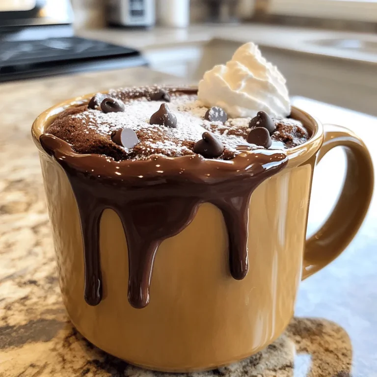 To make a quick and easy chocolate mug cake, you need simple ingredients. Here’s what you should gather: - 4 tablespoons all-purpose flour - 4 tablespoons granulated sugar - 2 tablespoons unsweetened cocoa powder - 1/8 teaspoon baking powder - A pinch of salt - 3 tablespoons milk - 2 tablespoons vegetable oil - 1/4 teaspoon vanilla extract - Optional: 2 tablespoons chocolate chips These ingredients are easy to find in your kitchen. Each one plays a key role in making your cake moist and tasty. The flour gives the cake structure, while the sugar adds sweetness. Cocoa powder brings rich chocolate flavor, and baking powder helps it rise. Milk and oil keep the cake moist. Vanilla extract adds a nice touch of flavor. If you love chocolate, adding chocolate chips makes it even better! You can also customize your mug cake by using different flavors or mix-ins. For the full recipe, follow the steps I provide in the next section. Enjoy the fun of making this quick dessert! Start by taking a microwave-safe mug. Add these dry ingredients inside: - 4 tablespoons all-purpose flour - 4 tablespoons granulated sugar - 2 tablespoons unsweetened cocoa powder - 1/8 teaspoon baking powder - A pinch of salt Next, use a fork or small whisk. Mix these dry ingredients well. You want to blend them until there are no clumps. This step is key for a smooth cake. Now it’s time to add the wet ingredients. Pour in: - 3 tablespoons milk - 2 tablespoons vegetable oil - 1/4 teaspoon vanilla extract Stir the mixture until it looks smooth. Make sure there are no lumps left. If you like chocolate, now is the time to fold in 2 tablespoons of chocolate chips. They melt beautifully in the mug cake. Place the mug in the microwave. Set it to cook on high for 1 minute and 30 seconds. After that, check if it is done. If the center still looks wet, microwave in 10-second bursts. Be careful not to overcook it. A dry mug cake is not fun to eat. Let your mug cake cool for a minute before you dig in. Enjoy it straight from the mug or add a tasty topping. This is the perfect easy chocolate mug cake recipe. For the full recipe, check above! Avoid overmixing the batter. This can make your cake tough. Mix just until all the dry ingredients are wet. It should be smooth but not overly stirred. Also, be careful not to overcook the cake. It can turn dry and chewy. Start with 1 minute and 30 seconds. Check its center. If it’s wet, cook in 10-second bursts. Want a richer taste? Add chocolate chips or nuts. They add nice texture and extra flavor. You can mix in about two tablespoons of chocolate chips. Try adding nuts for a crunchy bite. Using flavored extracts can also boost your cake. A drop of almond or peppermint extract can change everything. Just don't add too much—less is more! Toppings make your mug cake even better. Whipped cream is a classic choice. Ice cream is another fun option, especially on warm cakes. Pair your cake with a hot drink. A cup of coffee or tea works well. The warmth of the drink complements the cake's sweetness. Check out the Full Recipe for all the steps to make your mug cake a hit! {{image_2}} You can switch out all-purpose flour for gluten-free flour. This option works well for those with gluten issues. It keeps the cake light and fluffy. You can also use almond or coconut flour. These flours add a nice flavor twist. Just be aware that they absorb more liquid. You may need to adjust the liquid in your recipe. Want to amp up the flavor? Try adding peanut butter or Nutella to the batter. Both options add a rich, creamy taste that pairs well with chocolate. You can also use flavored cake mixes. This gives you a fun way to try new flavors. Think of lemon or even red velvet! Each mix brings a unique twist to your cake. Need to share this treat? You can easily double the recipe. This lets you make enough for two or more people. Just make sure to use larger microwave-safe bowls. Larger bowls help the cake cook evenly. Everyone can enjoy their own mug of happiness! If you’re feeling generous, share it with a friend or family member. After making your mug cake, let it cool down. This helps prevent sogginess. Once cool, cover the mug with plastic wrap or a small plate. You can also transfer it to an airtight container. Store it in the refrigerator. It stays fresh for up to two days. To enjoy your mug cake again, reheat it in the microwave. Place it in the microwave for about 10 to 15 seconds. Check if it’s warm enough. If not, heat in short bursts. Avoid overheating, or it may dry out. Want to keep it longer? You can freeze your mug cake. First, let it cool completely. Then wrap it tightly in plastic wrap and foil. Store it in a freezer-safe container. It can last for up to a month. When you’re ready to eat, thaw it in the fridge overnight. Reheat it in the microwave for the best taste. Enjoy your delicious chocolate treat anytime! For the full recipe, check out the Easy Chocolate Mug Cake section in this article. You can tell your mug cake is done when it looks firm and springs back when you touch it. The edges should pull away slightly from the mug. If it still looks wet in the center, it needs more time. If this happens, microwave it in 10-second bursts until it is just set. Be careful; overcooking can make it dry. Yes, you can bake your mug cake in the oven. Preheat your oven to 350°F (175°C). Pour your batter into an oven-safe dish instead of a mug. Bake for about 15 minutes or until it’s firm. You can also use a stovetop steamer. Place the mug in the steamer, cover, and steam for about 10 minutes. For a dairy-free option, use almond or oat milk instead of regular milk. You can swap regular sugar for coconut sugar or a sugar substitute like stevia. This way, you can enjoy a sweet treat while keeping your diet in check. This blog post covered how to make an easy chocolate mug cake. We explored ingredients, step-by-step instructions, and tips to avoid common mistakes. You now know how to enhance flavors and serve your cake. Consider trying variations or storage options to enjoy later. With these simple tools in hand, you can impress your friends and family. Enjoy the fun of making this sweet treat anytime you want!